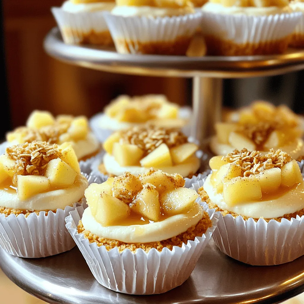 To make delicious Apple Crisp Cheesecake Minis, gather these main ingredients: - 1 ½ cups graham cracker crumbs - ½ cup unsalted butter, melted - 1 tablespoon granulated sugar - 2 (8-ounce) packages cream cheese, softened to room temperature - ½ cup granulated sugar - ½ cup packed brown sugar - 2 large eggs, at room temperature - 1 teaspoon pure vanilla extract - 2 medium apples, peeled, cored, and diced into small cubes - 1 teaspoon ground cinnamon - ½ teaspoon ground nutmeg - ½ cup old-fashioned oats - ¼ cup chopped walnuts or pecans (optional for added crunch) - ¼ cup melted butter for crisp topping - Pinch of salt For variations, you can add: - Chopped nuts like walnuts or pecans for a crunch - Extra spices like ginger or allspice for more warmth Equipment needed: - Muffin tin - Mixing bowls - Measuring cups and spoons - Whisk or electric mixer - Spatula Gathering your ingredients and equipment ahead of time makes cooking easier. Trust me, it’s worth it! For the complete recipe, check out the [Full Recipe]. 1. Preheat the Oven: Set your oven to 325°F (160°C). This step is key. A hot oven helps the cheesecake cook evenly, giving you that perfect texture. 2. Preparing the Crust: In a bowl, mix 1 ½ cups of graham cracker crumbs, ½ cup of melted butter, and 1 tablespoon of sugar. Stir until it feels like wet sand. Press this mix into the bottom of a muffin tin lined with paper liners. Make sure it’s even in each of the 12 cups. Bake the crust for 8–10 minutes until it’s just golden. Let it cool. 3. Making the Apple Filling: In another bowl, toss 2 diced apples with 1 teaspoon of cinnamon, ½ teaspoon of nutmeg, and ¼ cup of packed brown sugar. Add a pinch of salt. Let this sit for a few minutes. This lets the spices soak into the apples, making them taste amazing. 1. Creating the Cheesecake Filling: In a large bowl, beat together 2 packages of softened cream cheese and ½ cup of sugar. Mix until it’s smooth and creamy. Now, add in 2 eggs, one at a time. Make sure to mix well after each egg. Finally, add 1 teaspoon of vanilla extract, mixing until it’s all smooth. 2. Tips for Mixing: Take your time when mixing the filling. If you see lumps, keep mixing. A smooth texture is key for a great cheesecake. 1. Layering the Mixtures: Spoon about 1 tablespoon of the apple filling onto each cooled crust. Then, add a generous scoop of the cheesecake filling on top, filling each cup almost to the brim. 2. Adding the Crisp Topping: In a small bowl, mix ½ cup of oats, ¼ cup of chopped nuts (if you like), and ¼ cup of melted butter. Stir until it’s all combined. Sprinkle this mixture over the cheesecake layer for a nice crunch. 1. Baking Temperature and Timing: Place the muffin tin into the preheated oven. Bake for 18–20 minutes. You want the cheesecake to look set and the edges to be lightly golden. 2. Cooling Process: After baking, remove the tin from the oven. Let the minis cool in the tin for about 10 minutes. Then, carefully move them to a wire rack to cool completely. 3. Chilling for Optimal Texture: For the best taste and texture, chill the minis in the fridge for at least 1 hour before serving. This helps them firm up and blend the flavors well. For more detailed steps, check the Full Recipe. To make the best Apple Crisp Cheesecake Minis, avoid some common mistakes. - Overmixing the cheesecake filling: This can add too much air. It may cause cracks when baking. Mix until just smooth. - Not cooling the crust: Always let the crust cool before adding the filling. This ensures a nice base. - Skipping the chilling step: Chilling the minis for at least an hour makes them firm and tasty. To achieve a smooth cheesecake filling, use these tips: - Use room temperature cream cheese: This helps it blend easily with sugar and eggs. - Add eggs one by one: Mix each egg fully before adding the next. This keeps the filling smooth. For a great presentation, think about these ideas: - Use a tiered platter: This adds height and makes the display fun. - Dust with cinnamon: A light sprinkle on top looks nice and adds flavor. - Garnish with apple slices: A thin slice of fresh apple adds color and freshness. Pair your cheesecake minis with these tasty options: - Caramel sauce: Drizzle it on top for added sweetness. - Whipped cream: A dollop on the side makes it feel special. - Vanilla ice cream: This classic pairing enhances the dessert experience. To boost the flavor, try these spices and enhancers: - Add a pinch of ginger: It adds warmth and depth to the taste. - Use lemon zest: A bit of zest brightens up the whole dessert. For alternative fruits or toppings, consider: - Pears: They pair well with apples and add a unique twist. - Berries: Fresh or cooked berries can add a burst of color and flavor. - Peaches: They bring a sweet and juicy taste that complements the cheesecake. For the full recipe, check out the complete guide! {{image_4}} You can use different types of apples to change the taste of your cheesecake minis. Sweet apples like Fuji or Honeycrisp work well. Tart apples like Granny Smith add a nice bite. Mixing sweet and tart apples gives a great balance. You can also play with seasonal flavors. In fall, add pumpkin puree to the cheesecake mix. For summer, try adding fresh berries instead of apples. The berries will bring a burst of color and flavor. If you need a gluten-free option, use almond flour or gluten-free graham crackers for the crust. You can also use oats as a base for a nutty flavor. Just make sure your oats are certified gluten-free. For a vegan version, swap cream cheese for a plant-based alternative. Use flax eggs instead of regular eggs. This way, everyone can enjoy these tasty treats without worry. To make these for a holiday, add spices like nutmeg or ginger to the filling. For gatherings, you can double the recipe to make more minis. You can also serve them in a large cake form instead of individual cups. Just adjust the baking time to ensure they set well. If you want a fun twist, use mini cupcake wrappers for a festive touch. This makes your dessert fun and easy to grab. For the full recipe, check out the detailed steps above to create these delicious Apple Crisp Cheesecake Minis. To keep your Apple Crisp Cheesecake Minis fresh, place them in an airtight container. This prevents moisture from getting in and helps maintain their flavor. If you need to stack them, use parchment paper between layers to avoid sticking. Refrigerate the container for best results. If you want to make these minis ahead of time, you can freeze them. Wrap each mini tightly in plastic wrap. Then, place them in a freezer-safe bag. This helps keep them fresh and tasty. When you are ready to eat them, move the minis to the fridge overnight to thaw. These cheesecake minis can last in the fridge for about 5 days. After that, they may lose their great taste and texture. Look for any signs that they have gone bad. If you notice a sour smell or any discoloration, it’s best to throw them away. If stored properly in the freezer, they can last for about 2 months. However, the sooner you eat them, the better they will taste! If you want to enjoy your cheesecake minis warm, reheat them gently. Preheat your oven to 300°F (150°C). Place the cheesecake minis on a baking sheet. Heat them for about 5-10 minutes. This will warm them up without making them too soft. Avoid using the microwave, as it can make the crust soggy. Enjoy them warm or chilled; both ways are delicious! How do I keep the crust from getting soggy? To keep the crust crisp, bake it before adding the filling. Use a thin layer of melted butter mixed with graham cracker crumbs. This creates a barrier that helps prevent sogginess. Make sure to bake the crust until it is golden. Let it cool completely before adding other layers. Can I use a different type of cheese for the filling? Yes, you can. Cream cheese works best for a rich flavor. However, mascarpone or ricotta can also be used. These cheeses will change the texture and taste. For a lighter version, try using Greek yogurt instead. Just remember to adjust the sugar to balance the flavors. Is it possible to make this recipe gluten-free? Absolutely! Use gluten-free graham cracker crumbs for the crust. You can also try almond flour or crushed nuts for a different taste. Just ensure all your ingredients are labeled gluten-free to avoid cross-contamination. What can I substitute for eggs in the cheesecake? If you need an egg substitute, use unsweetened applesauce or mashed bananas. Each egg can be replaced with 1/4 cup of applesauce. This will add some sweetness and moisture to the cheesecake. Silken tofu blended until smooth can also work well as an egg substitute. What beverages pair well with Apple Crisp Cheesecake Minis? These treats pair nicely with warm drinks. Try serving them with coffee or spiced tea. For something sweeter, a glass of apple cider or a light dessert wine will enhance the flavors well. Can I serve these desserts warm or should they be chilled? I recommend serving them chilled for the best taste and texture. Cooling allows the cheesecake to firm up. However, if you prefer warm, serve them right after baking. Just know the texture will be softer and less set. To wrap up, we covered every step to make Apple Crisp Cheesecake Minis. You learned the right ingredients and how to prepare them perfectly. I shared tips to avoid common mistakes and suggested ways to enhance flavors. You now have options for variations, dietary adjustments, and storage tips. Remember, these cheesecake minis are versatile treats. They can suit any occasion or preference. Enjoy making and sharing this delicious dessert!