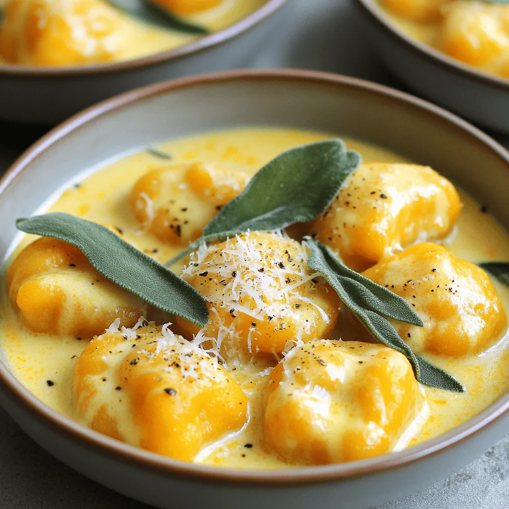 - 2 cups butternut squash, peeled and cubed - 1 cup ricotta cheese - 1 large egg - 2 cups all-purpose flour (plus extra for dusting) - ½ cup grated Parmesan cheese Butternut squash is the star here. It gives the gnocchi a sweet, rich flavor. Ricotta cheese adds a creamy texture. The egg helps bind everything together. Flour gives the gnocchi its shape. Parmesan cheese adds a savory kick. - 2 tablespoons olive oil - ½ cup heavy cream - Fresh sage leaves, for garnish Olive oil helps when roasting the squash. Heavy cream makes the sauce extra creamy. Fresh sage leaves add a lovely aroma and flavor. - 1 teaspoon salt - ½ teaspoon pepper - ½ teaspoon nutmeg Salt and pepper enhance all the flavors. Nutmeg brings warmth and depth to the dish. For the full recipe, check out the entire guide on creamy butternut squash gnocchi. This dish combines simple ingredients for a delightful meal that you can enjoy any day. - Preheat your oven to 400°F (200°C). This step is key to roasting the squash well. - Spread 2 cups of peeled and cubed butternut squash on a baking sheet. Drizzle with 1 tablespoon of olive oil. Season with salt and pepper. Roast for about 25-30 minutes. The squash should be soft when you poke it with a fork. Let it cool a bit. - Once cool, mash the roasted squash in a bowl with a fork or potato masher. Mix it until smooth and creamy. - In a large bowl, combine the mashed squash, 1 cup of ricotta cheese, 1 egg, 1 teaspoon of salt, and ½ teaspoon of nutmeg. Mix until well combined. - Gradually add 2 cups of all-purpose flour, one cup at a time. Stir until a soft dough forms. You may need to adjust the flour based on the squash moisture. - Lightly flour a clean surface. Knead the dough gently for two minutes. Stop once it holds together nicely. - Divide the dough into four equal parts. Roll each part into a long rope, about ½ inch thick. - Cut each rope into 1-inch pieces to form individual gnocchi. For a traditional look, press down gently with a fork or your fingers to create ridges. These help sauce stick better later. - Bring a large pot of salted water to a boil. When it’s bubbling, add the gnocchi in batches. Cook until they float to the top, which takes about 2-3 minutes. - Use a slotted spoon to transfer the cooked gnocchi to a plate. Set them aside to cool slightly. - In a large skillet over medium heat, warm the remaining 1 tablespoon of olive oil. Pour in 1 cup of vegetable broth and let it simmer gently. - Stir in ½ cup of heavy cream and ½ cup of grated Parmesan cheese. Mix well until the sauce becomes creamy and smooth. - Add the cooked gnocchi to the skillet with the sauce. Toss gently until all pieces are well coated. - Plate the creamy butternut squash gnocchi while hot. Garnish with fresh sage leaves and an extra sprinkle of Parmesan cheese for a lovely finish. You can find the full recipe [here](#). To get the best texture for your gnocchi, start with the right amount of flour. The moisture in your butternut squash can change how much flour you need. You might need less if your squash is wet. Add flour slowly to the mix. This helps you find the perfect balance. Handle the dough gently. Knead it just enough to combine. Overworking the dough can make it tough. You want your gnocchi to be soft and light. You can make your gnocchi even tastier with different cheeses. Try using goat cheese or mascarpone for a unique twist. These cheeses add creaminess and depth. Don’t forget about herbs and spices! Fresh sage pairs wonderfully with butternut squash. You can also add a pinch of cinnamon for warmth. A sprinkle of nutmeg adds a nice touch, too. For a beautiful presentation, serve your gnocchi in shallow bowls. Drizzle the creamy sauce generously over the top. Add crispy sage leaves for a pop of color and flavor. When it comes to wine, a light white wine works best. A Pinot Grigio or Sauvignon Blanc will pair well with the dish. These wines enhance the flavors without overpowering them. For the full recipe, check out the [Full Recipe]. {{image_4}} You can change things up with this dish. Swap in different squashes like acorn or pumpkin. Each squash brings its own taste and texture. You can also add greens like spinach or kale. This adds color and nutrients to your meal. If you need a gluten-free option, use gluten-free flour. Almond flour or a gluten-free blend works well. For a vegan version, try using almond ricotta or tofu instead of regular ricotta. These changes keep the flavors while meeting your dietary needs. You can pair your gnocchi with different sauces. A sage brown butter sauce gives a nutty flavor. Just melt butter and add fresh sage leaves until they crisp up. For a lighter touch, use a tomato-based sauce. This adds a fresh and tangy twist. Explore the [Full Recipe] for more ideas on how to make this dish! To keep your creamy butternut squash gnocchi fresh, store it in the fridge. Place the gnocchi in an airtight container. This helps prevent them from drying out. Leftover gnocchi can last about three days in the fridge. You can also freeze gnocchi for later. If your gnocchi is raw, freeze it on a baking sheet first. Once frozen, transfer it to a freezer-safe bag. This method stops them from sticking together. If you have cooked gnocchi, let it cool before freezing. When you want to eat frozen gnocchi, thaw it in the fridge overnight. To reheat, bring a pot of water to a boil. Add the frozen gnocchi and cook until they float. This usually takes about three to five minutes. You can also heat them in a skillet with some sauce. This keeps them soft and tasty. To make creamy butternut squash gnocchi from scratch, start with roasting the squash. Preheat your oven to 400°F (200°C). Peel and cube your butternut squash, then toss it with olive oil, salt, and pepper on a baking sheet. Roast for 25-30 minutes until tender. After it cools, mash it with ricotta, an egg, and nutmeg. For beginner cooks, here are some tips: - Use a fork to mash the squash well. - Add flour slowly to avoid a sticky dough. - Knead gently for a soft texture. Gnocchi pairs well with light salads and roasted vegetables. A fresh arugula salad adds a peppery bite. Try mixing arugula with cherry tomatoes and a lemon vinaigrette. Roasted asparagus or Brussels sprouts also complement the creamy dish nicely. Gnocchi is done when it floats to the top of the boiling water. This usually takes about 2-3 minutes. Use a slotted spoon to check them. They should be soft but not mushy. Yes, you can make gnocchi ahead of time. Shape the gnocchi and place them in a single layer on a floured surface. Let them dry for about 30 minutes. After that, you can freeze them in a single layer. Once frozen, transfer them to a bag for later use. You can find premade butternut squash gnocchi at many grocery stores. Look in the refrigerated or frozen sections. Some specialty stores may also carry fresh gnocchi options, like Whole Foods or Trader Joe’s. Creamy butternut squash gnocchi is a hearty dish. A serving contains around 400 calories. It has about 60 grams of carbs and 15 grams of protein. The heavy cream and ricotta add richness, so it's filling. Adjust ingredients to fit your dietary needs. For the full recipe, check out the details provided earlier. In this post, we explored making creamy butternut squash gnocchi from scratch. You learned about key ingredients, like butternut squash and ricotta cheese, and how to prepare them. We walked through each step, from making the dough to cooking and serving the gnocchi. Perfect your gnocchi with tips on texture and flavor. Feel free to try variations that suit your taste. Enjoy homemade gnocchi today and impress your friends and family!