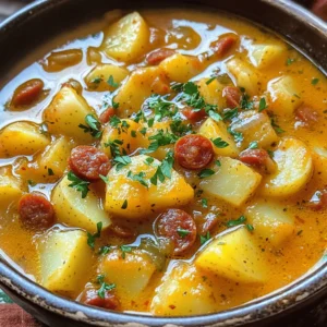- 200g Spanish chorizo, diced - 4 medium potatoes, peeled and cubed - 1 large onion, finely chopped - 2 cloves garlic, minced - 1 red bell pepper, diced - 1 teaspoon smoked paprika - 1/2 teaspoon cayenne pepper (adjust for heat preference) - 4 cups chicken or vegetable broth - 2 tablespoons olive oil - Salt and pepper to taste - 1 cup heavy cream or coconut milk for a dairy-free option - Fresh parsley, chopped, for garnish These ingredients create the perfect soup blend. The Spanish chorizo gives a rich, spicy flavor. Potatoes add heartiness and texture. Onion and garlic provide a sweet base. Red bell pepper adds a pop of color and sweetness. The spices, like smoked paprika and cayenne, bring warmth. They let you control the heat level. The broth builds a savory backdrop. For creaminess, heavy cream or coconut milk works well. Fresh parsley adds a nice touch to the soup's presentation. For the full recipe, check out the [Full Recipe]. - Preparing the chorizo Start by dicing 200g of Spanish chorizo. Make sure the pieces are small, so they cook evenly. The chorizo gives the soup its rich flavor. - Chopping vegetables Next, chop your vegetables. Peel and cube four medium potatoes. Finely chop one large onion. Dice one red bell pepper. And don’t forget to mince two cloves of garlic. These veggies add depth and texture to your soup. - Sautéing the chorizo and vegetables Heat two tablespoons of olive oil in a large pot over medium heat. Once hot, add the diced chorizo. Sauté it for about five minutes until it’s browned. This step releases a lot of flavor. After that, add the onion and red bell pepper. Cook for three to four more minutes until they soften. - Adding broth and potatoes Stir in the minced garlic, one teaspoon of smoked paprika, and half a teaspoon of cayenne pepper. Cook for one minute until fragrant. Now, toss in your cubed potatoes. Pour in four cups of chicken or vegetable broth. Bring the soup to a boil, then reduce the heat. Let it simmer uncovered for 15 to 20 minutes until the potatoes are tender. - Mashing potatoes for creaminess For a creamier soup, gently mash some of the potatoes in the pot. This adds a nice texture. You can also blend part of the soup until smooth, then mix it back in. - Stirring in cream and adjusting seasoning Stir in one cup of heavy cream or coconut milk. Let it cook for another five minutes. Taste your soup and adjust the salt and pepper. This step ensures the flavors shine. Feel free to check the [Full Recipe] for more details! - Ensuring the chorizo is properly cooked: Start by cooking the chorizo until it's nicely browned. This step adds great flavor. Look for a rich color and aroma. The oil will help flavor the soup. - Tips for perfect potato texture: Choose waxy potatoes for a creamier bite. Cut them into even cubes. This helps them cook at the same rate. Test if they're done by piercing them with a fork. They should be soft but not mushy. - Ideas for additional spices and herbs: You can add a pinch of oregano or thyme for more depth. A bay leaf during cooking adds warmth. If you like heat, try a touch of red pepper flakes. - Suggestions for garnishing the soup: Fresh parsley brightens the dish. A drizzle of olive oil adds richness. You might also top it with a dollop of sour cream or yogurt for creaminess. These small touches make a big difference. You can find the Full Recipe for this savory delight above. {{image_4}} You can change the sausage for this soup. Try using Italian sausage or turkey sausage. Both options work well and add unique flavors. You can also swap out the chorizo for a vegetarian sausage. This keeps the dish hearty while catering to different diets. For vegetables, feel free to mix and match. Sweet potatoes can replace regular potatoes for a sweeter taste. Carrots or celery can add more texture and flavor. You can also try kale or spinach for a healthy twist. To make this soup dairy-free, simply use coconut milk instead of heavy cream. It adds a nice creaminess without dairy. For a vegan option, skip the chorizo and use plant-based sausage. You will still have a rich and tasty soup. If you need it gluten-free, check the broth label. Most chicken or vegetable broths are gluten-free. This ensures everyone can enjoy the soup without worry. Adjusting the heat level is easy. If you like more spice, add extra cayenne pepper. You can also include diced jalapeños for a fresh kick. For milder flavors, reduce the cayenne or skip it altogether. Adding different herbs can change the soup's taste. Fresh thyme or rosemary can offer a unique flavor. You can also use bay leaves while cooking for extra depth. Always taste as you go to get the balance just right. The soup lasts about 3 to 4 days in the fridge. To store it, let it cool first. Then, transfer it to an airtight container. This helps keep the soup fresh. Label the container with the date. This way, you won’t forget how long it has been stored. Freezing the soup is an excellent way to save it. Pour the cooled soup into freezer-safe bags. Remove as much air as possible to prevent freezer burn. You can freeze it for up to 3 months. To reheat the soup after freezing, thaw it in the fridge overnight. When ready to eat, heat it on the stove over medium heat. Stir often to ensure it heats evenly. If it seems too thick, add a splash of broth. This will bring back its creamy texture. What is the difference between Spanish chorizo and other chorizos? Spanish chorizo is a cured sausage. It has a rich, smoky flavor from paprika. Other types of chorizo, like Mexican chorizo, are fresh and require cooking. Spanish chorizo can be sliced and eaten raw, while Mexican chorizo is typically crumbled and cooked. Can I make this soup ahead of time? Yes, you can make this soup ahead of time. It tastes even better after sitting. Just cool it down and put it in the fridge. Reheat it gently on the stove before serving. How to make the soup spicier or milder? To make it spicier, add more cayenne pepper or hot sauce. For a milder soup, reduce the cayenne and use less smoked paprika. You can also add more cream to tone down the heat. What to serve with Spanish chorizo potato soup? This soup pairs well with crusty bread or a fresh salad. You can also serve it with a dollop of sour cream on top. For a fun twist, try it with tortilla chips for crunch. Caloric content per serving This soup has about 400 calories per serving. The exact amount can change based on ingredients and portion sizes. Nutritional benefits of the main ingredients - Spanish chorizo: Provides protein and iron. - Potatoes: Offer fiber and vitamin C. - Onion and garlic: Contribute antioxidants and improve heart health. - Bell pepper: Adds vitamins A and C as well as antioxidants. This soup is a filling meal that brings health benefits too! In this blog post, we explored making a delicious Spanish chorizo potato soup. We covered the main ingredients like chorizo, potatoes, and onions, along with additional options that can enhance flavor. I shared tips on preparation and cooking, ensuring each step is simple and clear. You can easily modify this soup to suit your taste or dietary needs. Remember, the key to great soup lies in the details of cooking and seasoning. Enjoy creating a warm, flavorful dish that brings comfort and satisfaction.
