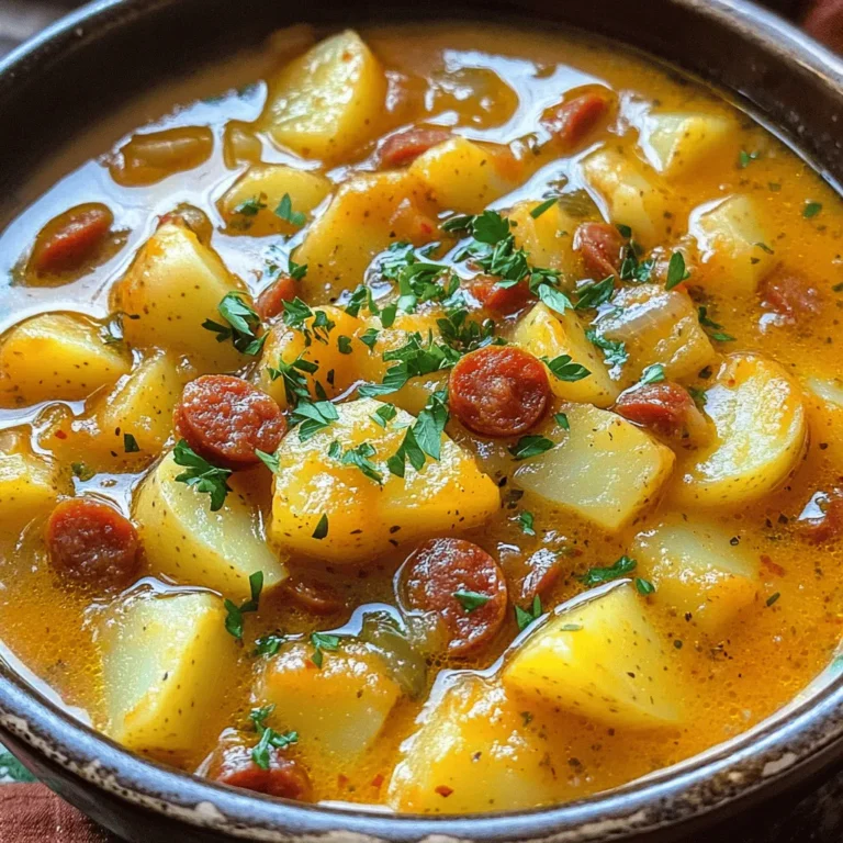 - 200g Spanish chorizo, diced - 4 medium potatoes, peeled and cubed - 1 large onion, finely chopped - 2 cloves garlic, minced - 1 red bell pepper, diced - 1 teaspoon smoked paprika - 1/2 teaspoon cayenne pepper (adjust for heat preference) - 4 cups chicken or vegetable broth - 2 tablespoons olive oil - Salt and pepper to taste - 1 cup heavy cream or coconut milk for a dairy-free option - Fresh parsley, chopped, for garnish These ingredients create the perfect soup blend. The Spanish chorizo gives a rich, spicy flavor. Potatoes add heartiness and texture. Onion and garlic provide a sweet base. Red bell pepper adds a pop of color and sweetness. The spices, like smoked paprika and cayenne, bring warmth. They let you control the heat level. The broth builds a savory backdrop. For creaminess, heavy cream or coconut milk works well. Fresh parsley adds a nice touch to the soup's presentation. For the full recipe, check out the [Full Recipe]. - Preparing the chorizo Start by dicing 200g of Spanish chorizo. Make sure the pieces are small, so they cook evenly. The chorizo gives the soup its rich flavor. - Chopping vegetables Next, chop your vegetables. Peel and cube four medium potatoes. Finely chop one large onion. Dice one red bell pepper. And don’t forget to mince two cloves of garlic. These veggies add depth and texture to your soup. - Sautéing the chorizo and vegetables Heat two tablespoons of olive oil in a large pot over medium heat. Once hot, add the diced chorizo. Sauté it for about five minutes until it’s browned. This step releases a lot of flavor. After that, add the onion and red bell pepper. Cook for three to four more minutes until they soften. - Adding broth and potatoes Stir in the minced garlic, one teaspoon of smoked paprika, and half a teaspoon of cayenne pepper. Cook for one minute until fragrant. Now, toss in your cubed potatoes. Pour in four cups of chicken or vegetable broth. Bring the soup to a boil, then reduce the heat. Let it simmer uncovered for 15 to 20 minutes until the potatoes are tender. - Mashing potatoes for creaminess For a creamier soup, gently mash some of the potatoes in the pot. This adds a nice texture. You can also blend part of the soup until smooth, then mix it back in. - Stirring in cream and adjusting seasoning Stir in one cup of heavy cream or coconut milk. Let it cook for another five minutes. Taste your soup and adjust the salt and pepper. This step ensures the flavors shine. Feel free to check the [Full Recipe] for more details! - Ensuring the chorizo is properly cooked: Start by cooking the chorizo until it's nicely browned. This step adds great flavor. Look for a rich color and aroma. The oil will help flavor the soup. - Tips for perfect potato texture: Choose waxy potatoes for a creamier bite. Cut them into even cubes. This helps them cook at the same rate. Test if they're done by piercing them with a fork. They should be soft but not mushy. - Ideas for additional spices and herbs: You can add a pinch of oregano or thyme for more depth. A bay leaf during cooking adds warmth. If you like heat, try a touch of red pepper flakes. - Suggestions for garnishing the soup: Fresh parsley brightens the dish. A drizzle of olive oil adds richness. You might also top it with a dollop of sour cream or yogurt for creaminess. These small touches make a big difference. You can find the Full Recipe for this savory delight above. {{image_4}} You can change the sausage for this soup. Try using Italian sausage or turkey sausage. Both options work well and add unique flavors. You can also swap out the chorizo for a vegetarian sausage. This keeps the dish hearty while catering to different diets. For vegetables, feel free to mix and match. Sweet potatoes can replace regular potatoes for a sweeter taste. Carrots or celery can add more texture and flavor. You can also try kale or spinach for a healthy twist. To make this soup dairy-free, simply use coconut milk instead of heavy cream. It adds a nice creaminess without dairy. For a vegan option, skip the chorizo and use plant-based sausage. You will still have a rich and tasty soup. If you need it gluten-free, check the broth label. Most chicken or vegetable broths are gluten-free. This ensures everyone can enjoy the soup without worry. Adjusting the heat level is easy. If you like more spice, add extra cayenne pepper. You can also include diced jalapeños for a fresh kick. For milder flavors, reduce the cayenne or skip it altogether. Adding different herbs can change the soup's taste. Fresh thyme or rosemary can offer a unique flavor. You can also use bay leaves while cooking for extra depth. Always taste as you go to get the balance just right. The soup lasts about 3 to 4 days in the fridge. To store it, let it cool first. Then, transfer it to an airtight container. This helps keep the soup fresh. Label the container with the date. This way, you won’t forget how long it has been stored. Freezing the soup is an excellent way to save it. Pour the cooled soup into freezer-safe bags. Remove as much air as possible to prevent freezer burn. You can freeze it for up to 3 months. To reheat the soup after freezing, thaw it in the fridge overnight. When ready to eat, heat it on the stove over medium heat. Stir often to ensure it heats evenly. If it seems too thick, add a splash of broth. This will bring back its creamy texture. What is the difference between Spanish chorizo and other chorizos? Spanish chorizo is a cured sausage. It has a rich, smoky flavor from paprika. Other types of chorizo, like Mexican chorizo, are fresh and require cooking. Spanish chorizo can be sliced and eaten raw, while Mexican chorizo is typically crumbled and cooked. Can I make this soup ahead of time? Yes, you can make this soup ahead of time. It tastes even better after sitting. Just cool it down and put it in the fridge. Reheat it gently on the stove before serving. How to make the soup spicier or milder? To make it spicier, add more cayenne pepper or hot sauce. For a milder soup, reduce the cayenne and use less smoked paprika. You can also add more cream to tone down the heat. What to serve with Spanish chorizo potato soup? This soup pairs well with crusty bread or a fresh salad. You can also serve it with a dollop of sour cream on top. For a fun twist, try it with tortilla chips for crunch. Caloric content per serving This soup has about 400 calories per serving. The exact amount can change based on ingredients and portion sizes. Nutritional benefits of the main ingredients - Spanish chorizo: Provides protein and iron. - Potatoes: Offer fiber and vitamin C. - Onion and garlic: Contribute antioxidants and improve heart health. - Bell pepper: Adds vitamins A and C as well as antioxidants. This soup is a filling meal that brings health benefits too! In this blog post, we explored making a delicious Spanish chorizo potato soup. We covered the main ingredients like chorizo, potatoes, and onions, along with additional options that can enhance flavor. I shared tips on preparation and cooking, ensuring each step is simple and clear. You can easily modify this soup to suit your taste or dietary needs. Remember, the key to great soup lies in the details of cooking and seasoning. Enjoy creating a warm, flavorful dish that brings comfort and satisfaction.