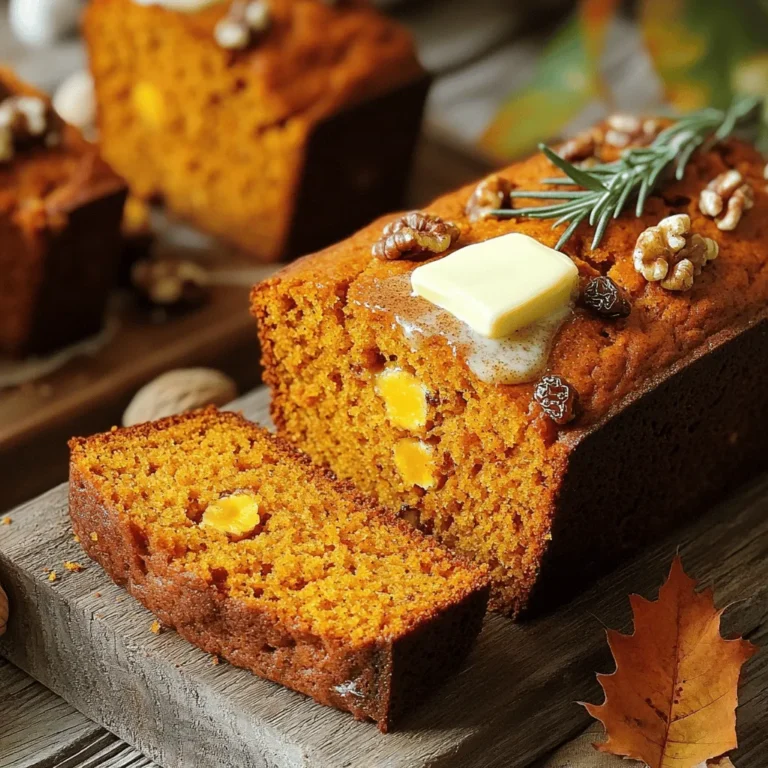 To make classic pumpkin bread, you need a few key ingredients. Here’s what you will need: - 1 cup pumpkin puree (canned or fresh) - ¾ cup granulated sugar - ½ cup brown sugar, packed - ½ cup vegetable oil - 3 large eggs - 2 cups all-purpose flour - 1 teaspoon baking soda - ½ teaspoon baking powder - ½ teaspoon salt - 1 teaspoon ground cinnamon - ½ teaspoon ground nutmeg - ¼ teaspoon ground ginger - ¼ teaspoon ground cloves These ingredients come together to create a moist and flavorful loaf. The pumpkin puree adds great moisture and a hint of sweetness. The mix of spices gives the bread its warm, comforting aroma. You can add some fun elements to your pumpkin bread. Consider these optional mix-ins: - 1 cup chopped walnuts or pecans - ½ cup raisins or chocolate chips Adding nuts gives a nice crunch. Raisins or chocolate chips add sweetness and texture. Feel free to mix and match based on your taste! If you lack any ingredients, you can make some swaps. For instance, you can use applesauce instead of oil to cut fat. You can also replace all-purpose flour with whole wheat flour for a healthier option. Just be aware that it may alter the texture slightly. When you're ready to bake, gather your ingredients. You can find the full recipe linked above for easy reference. This will ensure that you have everything you need for your classic pumpkin bread! Start by preheating your oven to 350°F (175°C). Take a 9x5-inch loaf pan and grease it well. You can also line it with parchment paper. This helps the bread release easily after baking. In a large bowl, add 1 cup of pumpkin puree, ¾ cup of granulated sugar, ½ cup of brown sugar, and ½ cup of vegetable oil. Whisk these together until smooth. Next, add 3 large eggs one by one. Make sure each egg is fully mixed before adding the next. This step ensures a rich and moist bread. In another bowl, sift together 2 cups of all-purpose flour, 1 teaspoon of baking soda, ½ teaspoon of baking powder, and ½ teaspoon of salt. Add in 1 teaspoon of ground cinnamon, ½ teaspoon of ground nutmeg, ¼ teaspoon of ground ginger, and ¼ teaspoon of ground cloves. Sifting helps mix the dry ingredients evenly and makes the bread light. Now, gently mix the dry ingredients into the wet mixture. Use a spatula or wooden spoon. Stir until just combined. Be careful not to over-mix. If you like, you can fold in 1 cup of chopped walnuts or pecans and ½ cup of raisins or chocolate chips. These add great flavor and texture. Pour the batter into your prepared loaf pan. Smooth the top with a spatula. Place it in the preheated oven and bake for about 60-70 minutes. To check if it is done, insert a toothpick in the center. If it comes out clean, your bread is ready. After baking, let it cool in the pan for 10 minutes. Then, transfer it to a wire rack to cool completely. To get the best texture for your pumpkin bread, always measure your flour carefully. Too much flour makes bread dry. Use the spoon-and-level method: spoon flour into a cup and level it off with a knife. Mixing the wet and dry ingredients should be gentle. Over-mixing can make bread tough. Aim for a smooth batter, but some lumps are okay. Adding chopped nuts or chocolate chips can give a nice crunch or burst of flavor. One common mistake is using old or expired baking soda. Always check the date. If it’s not fresh, your bread may not rise. Another error is skipping the preheating step. A hot oven helps the bread rise properly. Lastly, don't open the oven door too early. This can cause the bread to sink in the middle. Let it bake for at least 60 minutes before checking. To test if your pumpkin bread is done, insert a toothpick into the center. If it comes out clean or with a few crumbs, it’s ready. If there’s wet batter on the toothpick, bake it for a few more minutes. Trust your senses too; the bread should look golden brown and spring back when you touch it lightly. Enjoy the scent while it bakes—it's a sure sign it’s close to being done! {{image_4}} To make nut-free pumpkin bread, just skip the nuts. Use the same recipe, and it will still taste great. You can add seeds instead. Pumpkin seeds or sunflower seeds give a nice crunch. This option works well for those with nut allergies. The bread will stay moist and flavorful without them. If you want to spice things up, try adding more warming spices. You can boost the cinnamon to two teaspoons. Add a pinch more nutmeg or ginger for extra flavor. Some people even enjoy a dash of allspice or cardamom. It gives a unique twist to the classic taste. Feel free to experiment until you find your favorite mix! For a healthier version, consider using whole wheat flour. This adds fiber and nutrients. You can also replace some sugar with applesauce. It makes the bread moist while cutting down on sugar. Using Greek yogurt instead of oil can lighten the load. This swap keeps the bread tender and adds protein. These small changes help make your pumpkin bread a bit better for you without losing taste. For the full recipe, check out the Sweet & Spiced Pumpkin Bread . To keep your pumpkin bread fresh, store it in an airtight container. This will help lock in moisture and flavor. If you plan to eat it within a few days, keep it at room temperature. For longer storage, place it in the fridge. Remember to wrap it tightly in plastic wrap to prevent it from drying out. Freezing pumpkin bread is a great way to save it for later. Allow the bread to cool completely. Then, slice it into pieces for easy access. Wrap each slice in plastic wrap and then in aluminum foil. Place all the wrapped slices in a freezer bag. It can last for up to three months in the freezer. When you crave a slice, just thaw it in the fridge overnight. Reheating pumpkin bread is simple. If you want a warm slice, preheat your oven to 350°F (175°C). Place the bread on a baking sheet and heat it for about 10-15 minutes. You can also use a microwave. Just put a slice on a plate and heat for 15-20 seconds. Enjoy your delicious pumpkin bread warm! Yes, you can use fresh pumpkin. Cook the pumpkin, scoop out the flesh, and puree it. This gives a fresh taste. However, canned pumpkin is easy and saves time. Both options work well in this recipe. Pumpkin bread stays fresh for about 3 to 4 days at room temperature. Keep it in an airtight container to help it last. If you want to keep it longer, store it in the fridge for up to a week. You can also freeze it for up to 3 months. You can serve pumpkin bread with butter, cream cheese, or even a drizzle of honey. It pairs well with coffee or tea. For a fun twist, try it with ice cream or whipped cream for dessert. Pumpkin bread has some healthy aspects. It contains pumpkin, which is full of vitamins. However, it also has sugar and oil. Enjoy it as a treat, but balance it with healthy meals. You can also make swaps to reduce sugar or use whole wheat flour for added fiber. For more details, check the Full Recipe. You learned how to make classic pumpkin bread step by step. We covered essential ingredients, mixing methods, and baking techniques. I shared tips for the right texture and common mistakes to avoid. You explored tasty variations, plus best ways to store it. In the end, making pumpkin bread is easy and fun. Enjoy sharing it or keeping it for yourself. Happy baking!