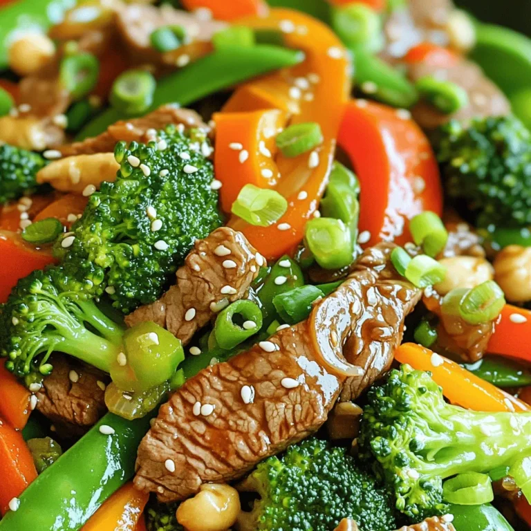 - 1 pound beef sirloin, thinly sliced - 2 cups broccoli florets - 1 red bell pepper, sliced - 1 large carrot, julienned - 1 cup snap peas - 4 cloves garlic, minced - 1 tablespoon fresh ginger, grated - 3 tablespoons soy sauce - 2 tablespoons sesame oil - 1 tablespoon hoisin sauce - 1 teaspoon red pepper flakes - Salt and pepper to taste - 3 green onions, chopped - Sesame seeds (optional) Gathering the right ingredients makes all the difference in your Minute Beef Veggie Stir Fry. You want fresh flavors that pop. For the beef, sirloin is my go-to choice. It's tender and cooks up nicely. Slice it thin against the grain for the best texture. Next, grab some veggies. Broccoli adds crunch and color. The red bell pepper gives sweetness. Carrots bring vibrant orange, and snap peas add a nice snap. These veggies not only taste great but also look pretty on the plate. Now, let’s talk aromatics. Garlic and ginger are key players here. They give the dish a warm, fragrant base. The soy sauce and hoisin sauce add depth and umami. Sesame oil brings a nutty flavor that ties everything together. Lastly, don’t forget the seasonings. Red pepper flakes add heat, and green onions add freshness when sprinkled on top. If you like, add sesame seeds for a little crunch. With these ingredients, you're ready to create a meal that's quick, colorful, and full of flavor! To start, take one pound of beef sirloin and slice it thinly against the grain. Place the beef in a medium bowl. Add one tablespoon of soy sauce and a pinch of black pepper. Mix it well to coat the beef evenly. Let it sit while you prepare the vegetables. This marinating step adds great flavor to the beef. Grab your wok or a large non-stick skillet. Pour in one tablespoon of sesame oil and turn the heat to medium-high. Wait until the oil shimmers. This means it is hot enough for cooking. Careful not to let it smoke, as that can burn the oil. Once the oil is ready, add the marinated beef in a single layer. Sear the beef for about two to three minutes. Look for a nice brown crust on the beef. After browning, set the beef aside on a plate. In the same pan, add the remaining tablespoon of sesame oil. Stir in four minced garlic cloves and one tablespoon of grated fresh ginger. Sauté for about 30 seconds. This will fill your kitchen with a wonderful aroma. Next, toss in two cups of broccoli florets, one sliced red bell pepper, one julienned carrot, and one cup of snap peas. Stir-fry these vegetables for three to four minutes. They should be bright and tender-crisp. Now, return the seared beef to the pan. Pour in the remaining two tablespoons of soy sauce and one tablespoon of hoisin sauce. Sprinkle one teaspoon of red pepper flakes for heat. Stir everything together until well combined. Cook for an additional two minutes. This step allows the flavors to meld beautifully. Once everything is cooked, transfer the stir fry to a serving dish. Garnish with three finely chopped green onions and sprinkle with sesame seeds if you like. This adds a nice touch to your dish. Enjoy your meal hot! - Choosing the right cut of beef for tenderness: I recommend beef sirloin for this stir fry. It cooks quickly and stays tender. Thinly slice it against the grain. This makes each bite easy to chew. - Ensuring vegetables are cut uniformly for even cooking: Cut your vegetables into similar sizes. This helps them cook evenly. For example, slice your bell pepper and carrot into thin strips. Keep the broccoli florets small, too. This way, everything cooks at the same time. - Suggestions for adding additional spices: Want extra flavor? Try adding minced chili or a dash of cumin. These spices boost the taste without overpowering the dish. - Optional ingredients for extra flavor or nutrition: You can add mushrooms or baby corn for more veggies. Fresh herbs like basil or cilantro can brighten the dish. They add great flavor and color too. - Best sides to serve with the stir fry: Serve your stir fry hot over steamed rice or noodles. Both options soak up the sauce well. You can also add a side of spring rolls for crunch. - Ideal presentations with rice or noodles: For an appealing look, place the rice or noodles on the plate. Then, top them with the stir fry. Finish with green onions and sesame seeds for a pop of color. Enjoy! {{image_4}} You can easily swap the beef for other meats. Chicken, shrimp, or tofu are great choices. For chicken, use thinly sliced breast or thigh. Shrimp cooks quickly and adds a nice flavor. Tofu is a great plant-based option. Use firm tofu and press it to remove extra moisture. This helps it brown well. You can mix up the veggies based on what you have. Bell peppers, zucchini, or mushrooms work well. Seasonal veggies like asparagus in spring or squash in fall add great taste. Just remember to cut them to similar sizes. This helps them cook evenly and look nice in the dish. Making your own stir fry sauce is easy and fun. Combine soy sauce, hoisin sauce, and a splash of vinegar. Add a bit of sugar for sweetness. If you like it spicy, toss in chili paste or fresh peppers. Adjust the spice to what you enjoy. Taste as you go to find your perfect mix. To keep your stir fry fresh, store it in a clean, airtight container. Make sure it cools down before sealing. This helps keep the flavors intact. Refrigerate your leftovers right away. They stay good for about 3 to 4 days. If you see any signs of spoilage, toss it out. When reheating your stir fry, use a skillet or microwave. For the skillet, heat it over medium heat. Add a splash of water or broth to keep it moist. Stir often until it’s hot. If using a microwave, cover it loosely. Heat in short bursts, stirring in between, until it’s warm. This method helps keep your beef tender and veggies crisp. Yes, you can freeze this stir fry! It’s best to freeze it in portions. Use freezer-safe bags or containers to avoid freezer burn. Make sure to remove as much air as possible before sealing. For best results, use it within 2 to 3 months. To thaw, place it in the fridge overnight. You can also use the microwave for a quick thaw. After thawing, reheat as mentioned above for the best texture. Yes, you can prepare some ingredients in advance. Cut the beef and veggies ahead. Store them in separate containers in the fridge. This way, you save time when you’re ready to cook. Marinate the beef for about 30 minutes for better flavor. If you need a soy sauce substitute, try tamari, coconut aminos, or liquid aminos. These options work well for gluten-free diets. They provide a similar salty flavor without wheat. To add heat, increase the red pepper flakes. You can also add fresh chili peppers or chili paste. If you like garlic, try spicy garlic sauce for an extra kick. Taste as you go to find your perfect level of spice. You can use frozen vegetables, but there are some pros and cons. Frozen veggies are quick and easy. They are often pre-cut and ready to use. However, they may lose some crunch compared to fresh veggies. Fresh vegetables have better texture and flavor when cooked. If you use frozen, cook them a minute less to keep some crispness. This blog post covered a simple and flavorful beef stir fry recipe. We discussed the key ingredients, cooking steps, and added helpful tips. You can easily customize the dish with alternative meats or vegetables. Storing and reheating leftovers was also addressed. Remember, stir frying is quick and fun. With practice, you can master this dish and make it your own. Enjoy cooking and sharing your tasty stir fry!