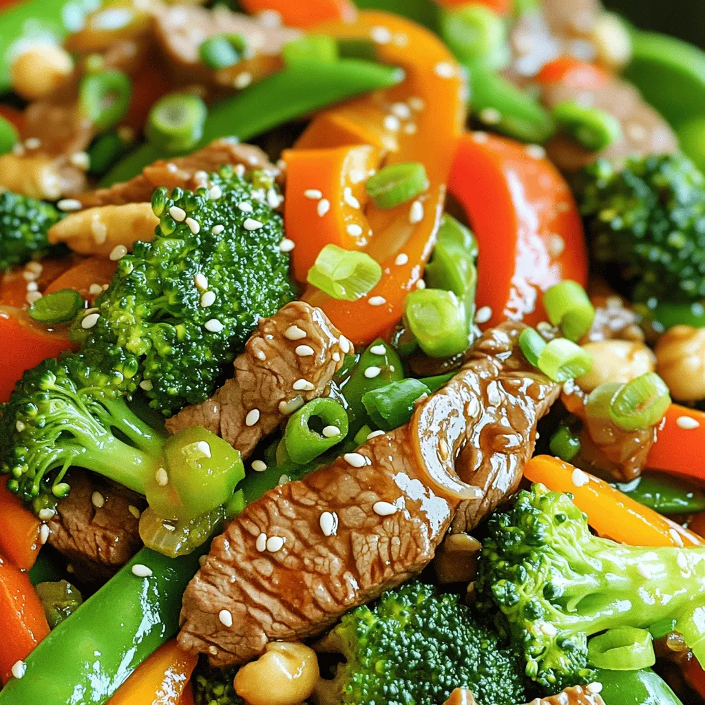 - 1 pound beef sirloin, thinly sliced - 2 cups broccoli florets - 1 red bell pepper, sliced - 1 large carrot, julienned - 1 cup snap peas - 4 cloves garlic, minced - 1 tablespoon fresh ginger, grated - 3 tablespoons soy sauce - 2 tablespoons sesame oil - 1 tablespoon hoisin sauce - 1 teaspoon red pepper flakes - Salt and pepper to taste - 3 green onions, chopped - Sesame seeds (optional) Gathering the right ingredients makes all the difference in your Minute Beef Veggie Stir Fry. You want fresh flavors that pop. For the beef, sirloin is my go-to choice. It's tender and cooks up nicely. Slice it thin against the grain for the best texture. Next, grab some veggies. Broccoli adds crunch and color. The red bell pepper gives sweetness. Carrots bring vibrant orange, and snap peas add a nice snap. These veggies not only taste great but also look pretty on the plate. Now, let’s talk aromatics. Garlic and ginger are key players here. They give the dish a warm, fragrant base. The soy sauce and hoisin sauce add depth and umami. Sesame oil brings a nutty flavor that ties everything together. Lastly, don’t forget the seasonings. Red pepper flakes add heat, and green onions add freshness when sprinkled on top. If you like, add sesame seeds for a little crunch. With these ingredients, you're ready to create a meal that's quick, colorful, and full of flavor! To start, take one pound of beef sirloin and slice it thinly against the grain. Place the beef in a medium bowl. Add one tablespoon of soy sauce and a pinch of black pepper. Mix it well to coat the beef evenly. Let it sit while you prepare the vegetables. This marinating step adds great flavor to the beef. Grab your wok or a large non-stick skillet. Pour in one tablespoon of sesame oil and turn the heat to medium-high. Wait until the oil shimmers. This means it is hot enough for cooking. Careful not to let it smoke, as that can burn the oil. Once the oil is ready, add the marinated beef in a single layer. Sear the beef for about two to three minutes. Look for a nice brown crust on the beef. After browning, set the beef aside on a plate. In the same pan, add the remaining tablespoon of sesame oil. Stir in four minced garlic cloves and one tablespoon of grated fresh ginger. Sauté for about 30 seconds. This will fill your kitchen with a wonderful aroma. Next, toss in two cups of broccoli florets, one sliced red bell pepper, one julienned carrot, and one cup of snap peas. Stir-fry these vegetables for three to four minutes. They should be bright and tender-crisp. Now, return the seared beef to the pan. Pour in the remaining two tablespoons of soy sauce and one tablespoon of hoisin sauce. Sprinkle one teaspoon of red pepper flakes for heat. Stir everything together until well combined. Cook for an additional two minutes. This step allows the flavors to meld beautifully. Once everything is cooked, transfer the stir fry to a serving dish. Garnish with three finely chopped green onions and sprinkle with sesame seeds if you like. This adds a nice touch to your dish. Enjoy your meal hot! - Choosing the right cut of beef for tenderness: I recommend beef sirloin for this stir fry. It cooks quickly and stays tender. Thinly slice it against the grain. This makes each bite easy to chew. - Ensuring vegetables are cut uniformly for even cooking: Cut your vegetables into similar sizes. This helps them cook evenly. For example, slice your bell pepper and carrot into thin strips. Keep the broccoli florets small, too. This way, everything cooks at the same time. - Suggestions for adding additional spices: Want extra flavor? Try adding minced chili or a dash of cumin. These spices boost the taste without overpowering the dish. - Optional ingredients for extra flavor or nutrition: You can add mushrooms or baby corn for more veggies. Fresh herbs like basil or cilantro can brighten the dish. They add great flavor and color too. - Best sides to serve with the stir fry: Serve your stir fry hot over steamed rice or noodles. Both options soak up the sauce well. You can also add a side of spring rolls for crunch. - Ideal presentations with rice or noodles: For an appealing look, place the rice or noodles on the plate. Then, top them with the stir fry. Finish with green onions and sesame seeds for a pop of color. Enjoy! {{image_4}} You can easily swap the beef for other meats. Chicken, shrimp, or tofu are great choices. For chicken, use thinly sliced breast or thigh. Shrimp cooks quickly and adds a nice flavor. Tofu is a great plant-based option. Use firm tofu and press it to remove extra moisture. This helps it brown well. You can mix up the veggies based on what you have. Bell peppers, zucchini, or mushrooms work well. Seasonal veggies like asparagus in spring or squash in fall add great taste. Just remember to cut them to similar sizes. This helps them cook evenly and look nice in the dish. Making your own stir fry sauce is easy and fun. Combine soy sauce, hoisin sauce, and a splash of vinegar. Add a bit of sugar for sweetness. If you like it spicy, toss in chili paste or fresh peppers. Adjust the spice to what you enjoy. Taste as you go to find your perfect mix. To keep your stir fry fresh, store it in a clean, airtight container. Make sure it cools down before sealing. This helps keep the flavors intact. Refrigerate your leftovers right away. They stay good for about 3 to 4 days. If you see any signs of spoilage, toss it out. When reheating your stir fry, use a skillet or microwave. For the skillet, heat it over medium heat. Add a splash of water or broth to keep it moist. Stir often until it’s hot. If using a microwave, cover it loosely. Heat in short bursts, stirring in between, until it’s warm. This method helps keep your beef tender and veggies crisp. Yes, you can freeze this stir fry! It’s best to freeze it in portions. Use freezer-safe bags or containers to avoid freezer burn. Make sure to remove as much air as possible before sealing. For best results, use it within 2 to 3 months. To thaw, place it in the fridge overnight. You can also use the microwave for a quick thaw. After thawing, reheat as mentioned above for the best texture. Yes, you can prepare some ingredients in advance. Cut the beef and veggies ahead. Store them in separate containers in the fridge. This way, you save time when you’re ready to cook. Marinate the beef for about 30 minutes for better flavor. If you need a soy sauce substitute, try tamari, coconut aminos, or liquid aminos. These options work well for gluten-free diets. They provide a similar salty flavor without wheat. To add heat, increase the red pepper flakes. You can also add fresh chili peppers or chili paste. If you like garlic, try spicy garlic sauce for an extra kick. Taste as you go to find your perfect level of spice. You can use frozen vegetables, but there are some pros and cons. Frozen veggies are quick and easy. They are often pre-cut and ready to use. However, they may lose some crunch compared to fresh veggies. Fresh vegetables have better texture and flavor when cooked. If you use frozen, cook them a minute less to keep some crispness. This blog post covered a simple and flavorful beef stir fry recipe. We discussed the key ingredients, cooking steps, and added helpful tips. You can easily customize the dish with alternative meats or vegetables. Storing and reheating leftovers was also addressed. Remember, stir frying is quick and fun. With practice, you can master this dish and make it your own. Enjoy cooking and sharing your tasty stir fry!