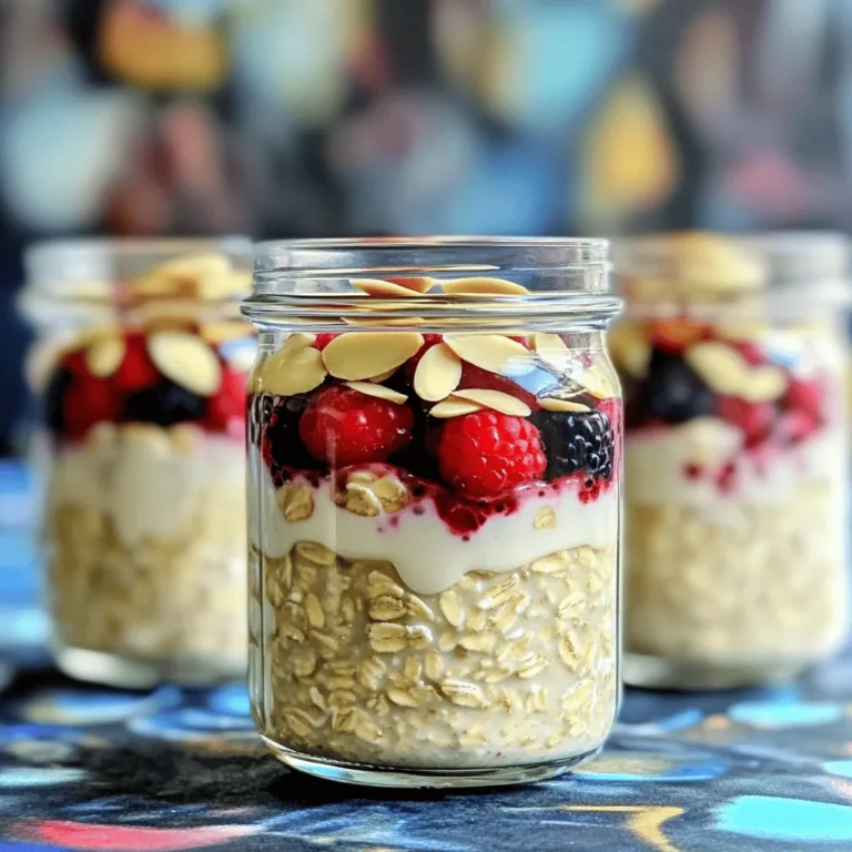 To make the best overnight oats, you need some simple ingredients. Each one adds flavor and texture. Here’s what you should gather: - 1 cup rolled oats - 1 cup almond milk (or any milk of your choice) - 1 tablespoon chia seeds - 1 tablespoon almond butter - 1 tablespoon maple syrup (optional for sweetness) - 1/2 teaspoon pure vanilla extract - 1/2 cup mixed berries (like blueberries, strawberries, and raspberries) - 1 tablespoon sliced almonds (for garnish) - A pinch of salt Using these ingredients, you can create a tasty breakfast that is both filling and nutritious. The rolled oats form the base, while the almond milk makes it creamy. Chia seeds add a nice texture and help it thicken. Almond butter gives it a rich taste, and maple syrup adds sweetness if you like. The berries add a burst of flavor, and sliced almonds give a crunchy finish. Mixing these ingredients together is easy, and you can customize them to your taste. Start by grabbing a medium bowl. Add 1 cup of rolled oats, 1 tablespoon of chia seeds, and a pinch of salt. Mix these dry ingredients well. You want them to blend evenly. This step is key for a great texture. Next, take a different bowl. Whisk together 1 cup of almond milk, 1 tablespoon of almond butter, 1 tablespoon of maple syrup (if you want it sweeter), and 1/2 teaspoon of pure vanilla extract. Make sure the mixture is smooth. This blend will bring flavor to your oats. Now, slowly pour the wet mix over the dry ingredients. Stir well until everything is combined. The oats should be fully coated. This is where the magic starts to happen! Take 1/2 cup of mixed berries and gently fold them into the oat mixture. You can use blueberries, strawberries, or raspberries. Save a few berries to add later for a fresh look and taste. Divide the oat mixture into two airtight containers. Seal them tightly and place them in the fridge overnight. If you’re in a rush, let them sit for at least 4 hours. This helps the oats soak up all the yummy flavors. In the morning, give your oats a good stir. If they seem too thick, add a splash of almond milk. Adjust to your liking. Top each bowl with the reserved berries and sprinkle on 1 tablespoon of sliced almonds. This adds a nice crunch and looks great! To get the right thickness for your oats, use almond milk wisely. If your oats seem too thick, simply add a splash of almond milk. Stir it in gently. This will help you reach the creamy texture you want. You can also use more or less milk based on your taste. It’s all about finding what you like best. Serving your overnight oats in clear jars makes them look great. You can see the colorful layers of berries and oats. This adds to the fun of eating them. To make them even prettier, drizzle some extra maple syrup on top just before serving. A little garnish makes a big difference. Want to boost the taste? Try adding more toppings! Sliced bananas, nuts, or a dollop of yogurt work well. You can also drizzle more maple syrup for extra sweetness. Experiment with flavors like cinnamon or nutmeg. These small changes can change your breakfast completely. Have fun with it! {{image_4}} You can switch up the base of your overnight oats. Almond milk is a great choice, but you have many options. Here are some tasty milk alternatives: - Coconut milk - Soy milk - Oat milk - Cashew milk Each milk adds a unique flavor. Coconut milk gives a tropical vibe. Soy milk adds creaminess. Choose what you like best! You can easily make overnight oats fit your diet. To make it vegan, skip the almond butter or use a plant-based option. For gluten-free oats, ensure you use certified gluten-free rolled oats. Both options keep your oats delicious and healthy. Get creative with flavors! You can add different fruits and nuts. Here are some fun combos to try: - Banana and walnuts - Apples and pecans - Mango and pistachios Mix and match what you have. This keeps breakfast exciting and new every day! Store your overnight oats in airtight containers. This keeps them fresh and tasty. Glass jars work great. Plastic containers are also fine. Make sure to seal them well. This prevents air from spoiling your oats. How long do overnight oats last in the refrigerator? They can last up to five days. This gives you time to enjoy them all week. Just check for any strange smells or colors before eating. If they seem off, it’s best to toss them away. Can you freeze overnight oats? Yes, you can! Freezing is a great way to save extra servings. To freeze, place the oats in a freezer-safe container. Leave space at the top for expansion. When you want to eat them, thaw them in the fridge overnight. You can also heat them in the microwave with a splash of milk. This brings back their creamy texture. Yes, you can make overnight oats without chia seeds. If you want thickness, you can use mashed banana or yogurt. Both options add creaminess and flavor. You can also try adding more oats or using ground flaxseed for a similar effect. Overnight oats can last in the fridge for about 3 to 5 days. For the best taste and texture, eat them within 3 days. After this, they might become too soft or lose flavor. Always check for any signs of spoilage before eating. The best toppings for overnight oats include: - Fresh fruits like bananas, berries, or apples - Nuts like almonds or walnuts for crunch - Seeds like pumpkin or sunflower seeds for added nutrition - A drizzle of honey or maple syrup for sweetness These toppings can make your oats more fun and tasty. Yes, you can heat overnight oats! If you prefer them warm, transfer your oats to a microwave-safe bowl. Heat them for about 30 to 60 seconds. Stir and check if they are warm enough. If they are too thick, add a splash of milk to loosen them up. Overnight oats are very healthy! They are rich in fiber, which helps with digestion. The oats provide whole grains, and the berries add vitamins and antioxidants. Almond milk is low in calories, and almond butter offers good fats. Overall, this meal is nutritious and filling. Overnight oats are easy to make and super tasty. We covered key ingredients, simple steps, and helpful tips. Remember to adjust milk for the right thickness and try different toppings to suit your taste. Store your oats in airtight containers for freshness. You can enjoy tasty almost every day! With so many options, overnight oats can fit into your diet perfectly. Experiment with flavors and find what you love. Enjoy your delicious and healthy breakfast treat!
