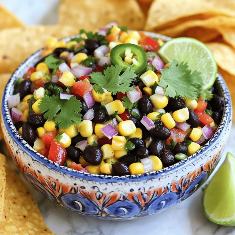 - 1 can (15 oz) black beans - 1 cup sweet corn - 1 medium red bell pepper - 1/2 medium red onion - 1 small jalapeño - 1/4 cup fresh cilantro - Juice of 2 fresh limes - 2 tablespoons high-quality olive oil - 1 teaspoon ground cumin - Salt and freshly cracked black pepper The main ingredients in this zesty black bean corn salsa create a vibrant mix. Black beans serve as a hearty base. They add protein and fiber to your dish. Sweet corn brings a natural sweetness that brightens the flavors. The red bell pepper adds a crunchy texture and splash of color. Red onion provides a sharp bite that balances the sweetness. For some heat, jalapeño brings warmth without overpowering the dish. Fresh cilantro adds a burst of herbal flavor that ties everything together. The dressing is key to a great salsa. Fresh lime juice gives a tangy kick. Olive oil adds richness and helps the flavors meld. Ground cumin brings a warm, earthy note that deepens the flavor. Don't forget salt and black pepper to enhance all the tastes. - Alternative types of beans - Additional spices or herbs - Other vegetables (like tomatoes or avocado) You can customize this salsa by adding different ingredients. Try using other beans, like kidney or pinto beans, for a unique twist. Adding spices like smoked paprika or chili powder can also enhance the flavor. You might want to add diced tomatoes for extra juiciness or avocado for creaminess. These options allow you to create a salsa that fits your taste. 1. Start by draining and rinsing the black beans. This step removes extra sodium and improves taste. 2. In a large bowl, combine the black beans and sweet corn. Stir gently to mix them well. 3. Next, add the finely diced red bell pepper, chopped red onion, and minced jalapeño. This mix adds color and crunch. 4. Finally, toss in the chopped cilantro for a fresh note. 1. In a small bowl, mix the juice of two fresh limes with olive oil. 2. Add ground cumin, salt, and black pepper. Whisk until the dressing blends smoothly. 1. Pour the dressing over the salsa mixture. Use a rubber spatula or wooden spoon to toss everything gently. 2. Taste the salsa. Adjust the seasoning if needed by adding more salt or lime juice. 3. Cover the bowl with plastic wrap. Chill in the fridge for at least 30 minutes. This allows the flavors to mix and become more vibrant. Enjoy this easy and tasty dip with tortilla chips, tacos, or grilled meats! To adjust spice levels, consider the jalapeño. If you want less heat, use half. Always taste as you go. You can also add a pinch of cayenne for more kick. For extra freshness, use fresh lime juice and cilantro. You can even add diced avocado for creaminess. Zesty Black Bean Corn Salsa pairs well with tacos and grilled chicken. Serve it with crispy tortilla chips for a fun snack. For a creative twist, use it as a topping for nachos or baked potatoes. Present the salsa in a colorful bowl. Garnish with lime wedges and cilantro to make it pop. Avoid over-mixing ingredients. This can break the beans and make the salsa mushy. Instead, gently fold everything together. Do not skip the resting time. Letting it chill for at least 30 minutes helps the flavors blend. This simple step makes a big difference in taste. {{image_4}} You can mix things up by swapping black beans for quinoa or brown rice. This change gives your salsa a fun texture. Quinoa adds a nutty taste, while brown rice brings a hearty feel. You can also switch up the herbs. If you don’t have cilantro, try parsley or mint. Each herb brings its own unique flavor. Personalizing your salsa can make it even more special. This salsa is naturally vegan and gluten-free. You can enjoy it without any worries. For those watching sodium intake, try using low-sodium black beans. This choice keeps the flavor while being healthier. You can also skip the added salt. The lime juice and fresh veggies provide great taste without it. Using seasonal vegetables can enhance your salsa. In summer, add fresh tomatoes or diced cucumbers. In fall, try roasted corn or bell peppers. These changes keep your salsa fresh and exciting. For holiday gatherings, consider adding pomegranate seeds or diced mango. These unique twists make a festive flair. Your guests will love the burst of color and flavor. To keep your Zesty Black Bean Corn Salsa fresh, use an airtight container. Glass or plastic containers work well. Make sure the lid is tight to keep out air. This will help the salsa stay crisp and vibrant. Zesty Black Bean Corn Salsa lasts about 3 to 5 days in the fridge. After that, check for signs of spoilage. If you see mold or a bad smell, it's time to throw it away. The salsa should smell fresh and have a bright color. Yes, you can freeze this salsa! First, place it in a freezer-safe container, leaving some space at the top for expansion. When you're ready to eat it, thaw the salsa in the fridge overnight. This way, it keeps its flavor and texture. Yes, you can make this salsa ahead of time. I recommend prepping it at least 30 minutes before serving. If you want even better flavor, make it a few hours ahead. Letting it chill allows the spices and herbs to blend well. Just try not to let it sit too long, as fresh salsa tastes best within a day or two. If you need a substitute for black beans, try pinto beans or kidney beans. Pinto beans have a creamy texture, while kidney beans are firmer. Both options work well in this salsa. You can also use chickpeas if you want a different taste, but they will change the flavor a bit. To make the salsa less spicy, skip the jalapeño or use less of it. You can also remove the seeds and ribs from the jalapeño, as they hold most of the heat. Adding more sweet corn or lime juice can help balance the spice. This way, you keep the flavor without the heat. Yes, this salsa is healthy! Black beans are rich in fiber and protein. They also have vitamins like B6 and folate. Sweet corn adds more fiber and some vitamin C. The fresh veggies provide antioxidants and nutrients. This salsa is a great way to enjoy healthy ingredients in a tasty dip. You can serve this salsa with tortilla chips for a fun snack. It also pairs well with tacos, burritos, or grilled chicken. Try it on top of a salad for some extra flavor. You can even use it as a topping for grilled fish. The options are endless! In summary, making Zesty Black Bean Corn Salsa is easy and fun. You mix components like black beans, corn, and bell pepper. Dressing it up with lime juice and spices adds flavor. Remember to chill it for the best taste. You can play with ingredients to suit your style, whether adding heat or seasonal veggies. Store it right to enjoy later. This salsa is a healthy choice that pairs well with many dishes. With these tips, you will impress friends and family at your next gathering. Enjoy the freshness!