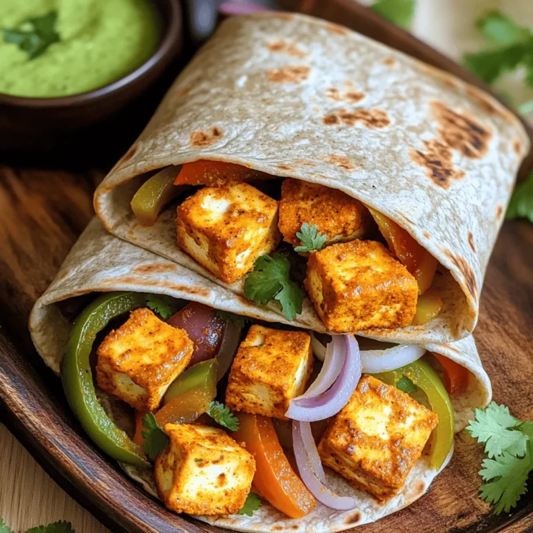 - 250g paneer, cubed - 2 tablespoons tandoori masala - 4 whole wheat tortillas - 1 tablespoon plain yogurt - 1 tablespoon olive oil - 1 bell pepper, sliced (any color) - 1 onion, sliced - Fresh coriander leaves, chopped for garnish - Mint chutney, for serving - Salt, to taste - Fresh lemon juice, for added flavor The main star of this dish is paneer. It gives a creamy texture and absorbs flavors well. Tandoori masala adds a warm and spicy taste that makes every bite exciting. Whole wheat tortillas are my go-to for a healthy wrap that holds everything together. I also use yogurt for marinating. It helps tenderize the paneer and adds tanginess. Olive oil adds richness and helps the vegetables cook perfectly. The bell pepper and onion bring crunch and sweetness, balancing the spices. For garnishes, fresh coriander leaves brighten the wrap. Mint chutney gives a refreshing kick. A squeeze of lemon juice adds zest and enhances all the flavors. These ingredients combine to create a vibrant and tasty meal that you can enjoy anytime. First, grab a mixing bowl. Add the cubed paneer, tandoori masala, yogurt, lemon juice, olive oil, and a pinch of salt. Stir well to coat the paneer evenly. Marinating is key; it makes the paneer flavorful. Let it sit for at least 30 minutes. This time allows the spices to soak in and enhance the taste. Set your air fryer to 200°C (390°F). Preheat it for about 5 minutes. This step is important for crisping the paneer. A hot air fryer helps achieve that perfect texture we want. Once the air fryer is hot, place the marinated paneer in a single layer in the basket. Air fry for 12-15 minutes. Halfway through, shake the basket. This helps the paneer cook evenly and get that golden color. Check for a nice char on the edges when done. While the paneer cooks, warm the whole wheat tortillas. You can do this in a pan over low heat or microwave them for about 10 seconds. This makes them soft and easy to work with. Now, lay out a tortilla on a clean surface. Add a generous amount of the tandoori paneer in the center. Top it with sautéed bell pepper and onion. Add fresh coriander leaves for an extra burst of flavor. If you like, drizzle some mint chutney on top. Fold in the sides of the tortilla and roll it up tightly. Enjoy your flavorful wrap! For the best flavor, let your paneer marinate for at least 30 minutes. This time allows the spices to soak in deeply. You can use plain yogurt for marination. Greek yogurt works well too, as it adds creaminess. Just make sure your yogurt is fresh for the best taste. Different air fryer models may cook at different speeds. If your air fryer runs hot, check the paneer at 10 minutes. If it’s cooking slower, you may need to add a few extra minutes. To check if the paneer is done, look for a golden color and slight charring on the edges. It should feel firm yet soft inside. When serving, arrange the wraps on a large platter. Cut them in half at an angle for a nice touch. This makes them easy to grab. Garnish with extra coriander leaves for color. Serve with a bowl of mint chutney for dipping. This adds a fresh flavor that pairs well with the spices. {{image_4}} You can switch paneer for tofu. Tofu absorbs flavor well and is a great option. Press the tofu to remove excess water. Marinate it just like you would the paneer. Adding more vegetables boosts nutrition and flavor. Try spinach, zucchini, or carrots. You can also mix in some mushrooms for extra texture. These veggies make your wrap colorful and tasty. Try adding more spices for a kick. Cumin and coriander add depth. If you like heat, include chili powder or cayenne. Fresh herbs like mint or cilantro brighten the wrap. You can also use different sauces. A spicy yogurt sauce or a tangy tamarind sauce adds unique tastes. Experiment with flavors to find what you love most. Switch up your tortillas for variety. Use corn tortillas for a gluten-free option. They add a different taste and texture. Lettuce wraps are great for a low-carb meal. Use large leaves like romaine or iceberg. They are crunchy and fresh, making your meal lighter without losing flavor. To keep your Air Fryer Tandoori Paneer Wraps fresh, follow these steps: - Place the wraps in an airtight container. - Store them in the fridge for up to 3 days. Proper storage helps maintain taste and texture. If you keep them too long, they may get soggy. Always check for freshness before eating. To enjoy your wraps again, here are some reheating tips: - Use the air fryer at 180°C (356°F) for about 5-7 minutes. This keeps them crispy. - If you don’t have an air fryer, you can use a microwave. Heat them on a plate for about 20-30 seconds. Both methods work well, but using the air fryer gives the best texture. Enjoy your delicious leftovers! Yes, you can use store-bought tandoori marination. Pros: - It saves time and effort. - It offers a consistent flavor. Cons: - It may lack freshness. - You might miss out on custom flavors. If you choose this option, look for a good brand. Check the ingredient list. Some may add preservatives or extra sugar. To adjust the recipe, you can easily double or halve the ingredients. - For double servings: Use 500g of paneer, 4 tablespoons of tandoori masala, and so on. - For half servings: Use 125g of paneer, 1 tablespoon of tandoori masala, etc. Make sure to keep the cooking time the same. Just check the paneer to ensure it cooks through. Tandoori Paneer Wraps taste great with various sides and drinks. Recommended side dishes: - Cucumber salad - Roasted vegetables - Mashed avocado Drinks to serve: - Mango lassi - Fresh lemonade - Iced tea These pairings enhance the meal and add extra flavor to your table. In this blog post, we explored how to make delicious Tandoori Paneer Wraps. We looked at key ingredients like paneer, tandoori masala, and whole wheat tortillas. I shared step-by-step instructions to perfect your wraps and tips to ensure great flavor. Remember, marination makes a big difference in taste, so don’t rush it. Whether you prefer vegetarian twists or different tortillas, the options are endless. Enjoy your cooking, and go ahead and impress your friends and family with these tasty wraps!