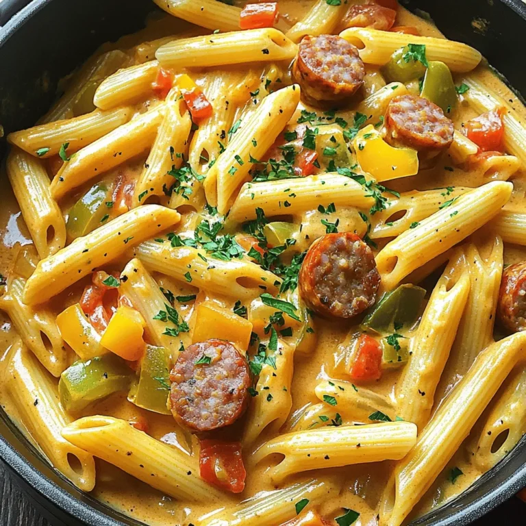 - 12 oz penne pasta - 1 lb smoked sausage, sliced - 1 medium onion, diced - 2 cloves garlic, minced - 1 bell pepper, diced - 1 can (14 oz) diced tomatoes - 2 cups chicken broth The main ingredients create the base of your dish. Penne pasta cooks well and holds sauce. The smoked sausage adds a rich, savory flavor. Onion, garlic, and bell pepper provide a sweet and aromatic blend. Diced tomatoes give moisture and tang, while chicken broth enhances the taste. - 1 cup heavy cream - 2 tablespoons Cajun seasoning - 1 teaspoon paprika - 1 cup grated Parmesan cheese - 1/4 cup chopped fresh parsley Dairy and seasonings are key for a creamy texture. Heavy cream makes the dish rich. Cajun seasoning and paprika add a warm kick. Parmesan cheese melts into the pasta, adding depth. Fresh parsley brightens the dish, making it pop. - 2 tablespoons olive oil - Salt and pepper to taste Olive oil helps sauté the sausage and veggies. It adds a great flavor. Salt and pepper are simple but important. They enhance all the other flavors, making your dish sing. First, grab a large pot and heat some olive oil over medium heat. You want it to shimmer. Then, add the sliced smoked sausage. Sauté it for about 5-7 minutes. You want it to get nice and browned. Once it’s done, take the sausage out and set it aside on a plate. In the same pot, add the diced onion, bell pepper, and minced garlic. Cook these for about 3-4 minutes. Stir them occasionally. You want the onion to become soft and see-through. This will bring out the sweet flavors in the veggies. Now, it’s time to add some flavor. Sprinkle in the Cajun seasoning and paprika. Stir them into the veggies and cook for another minute. This helps wake up their flavors. Next, pour in the diced tomatoes, including their juices, and the chicken broth. Then add the penne pasta. Mix everything well. Bring it all to a rolling boil. Once boiling, turn down the heat to a gentle simmer. Cover the pot and let it cook for 10-12 minutes. Stir occasionally until the pasta is al dente and has soaked up some liquid. After that, stir in the heavy cream and the sausage. Let it simmer for another 3-4 minutes. This makes everything creamy. Finally, remove the pot from heat and add the grated Parmesan cheese. Stir until it melts in. Taste and add salt and pepper if you need more flavor. To make this dish just right, start with the spices. Cajun seasoning packs a punch. If you like less heat, cut back on the seasoning. You can always add more later. For a milder taste, try a smoked sausage with less spice. Chicken sausage is another good option. It keeps the dish light and tasty. Sautéing and simmering are key steps. When you sauté, use medium heat. This helps the sausage brown nicely. Stir often to prevent sticking. When you add the pasta, let it boil first. Once boiling, lower the heat and cover the pot. Simmer until the pasta is tender. Stir occasionally to keep it creamy. Use a large pot for this recipe. A deep skillet also works well. Make sure it has a good lid for simmering. A wooden spoon is great for stirring. For serving, wide bowls make it look fancy. Don't forget a cheese grater for the Parmesan! {{image_4}} If you want to change the flavors, you can swap the smoked sausage. Try using turkey sausage or chicken sausage for a leaner dish. If you prefer meatless options, consider using plant-based sausage. For heavy cream, you can use half-and-half or coconut milk. Both will add creaminess but change the taste slightly. You can add more veggies to boost the flavor. Spinach, zucchini, or mushrooms work well in this dish. For extra spice, toss in some red pepper flakes or cayenne pepper. You can also try different spices, like Italian seasoning or taco seasoning, to mix things up. To make this dish gluten-free, use gluten-free penne pasta. There are many great options available at stores. For a lighter version, cut down on the cream and use more broth. You can also skip the cheese or use a dairy-free alternative. This way, everyone can enjoy a tasty meal! To keep your One Pot Creamy Cajun Sausage Pasta fresh, store it in an airtight container. Let the pasta cool to room temperature before sealing it up. This helps keep moisture in check. You can refrigerate the leftovers for up to three days. When you are ready to eat, just reheat in a pot over low heat. If you want to save this dish for later, freezing works well. First, let the pasta cool completely. Then, transfer it to a freezer-safe container. Make sure to leave some space at the top for expansion. You can freeze it for up to three months. To reheat, thaw it overnight in the fridge, then warm it on the stove until heated through. Add a splash of cream or broth if it seems dry. Once prepared, the One Pot Creamy Cajun Sausage Pasta stays good in the fridge for about three days. If frozen, it can last up to three months. Always check for any off smells or changes in texture before eating. Enjoy your creamy pasta, knowing it stays tasty for a good while! To make this dish vegetarian, simply swap the smoked sausage for a plant-based sausage. You can also add more vegetables. Try mushrooms, zucchini, or spinach for flavor and texture. This keeps the dish rich and satisfying. Yes, you can use different pasta shapes. Try fusilli, rigatoni, or bow ties. Just adjust the cooking time based on the pasta shape. The key is to cook it until it’s al dente. To reheat, warm the pasta in a pot over low heat. Add a splash of chicken broth or cream to keep it creamy. Stir often to avoid burning. You can also use the microwave if you prefer. This dish has a mild to moderate spice level. Cajun seasoning can vary in heat, so taste it first. If you want more heat, add extra seasoning or some red pepper flakes. Yes, you can prepare it ahead of time. Cook the pasta and sauce, then cool it before storing in the fridge. Reheat before serving, adding a bit of cream to restore creaminess. This makes meal prep easy and quick! This blog explored making a delicious creamy Cajun pasta. You learned about key ingredients like smoked sausage, penne, and spices. We broke down each cooking step, shared top tips, and discussed variations. You can customize for your taste, diet, or storage needs. In the end, this dish is all about flavor and fun. Enjoy creating your own version!