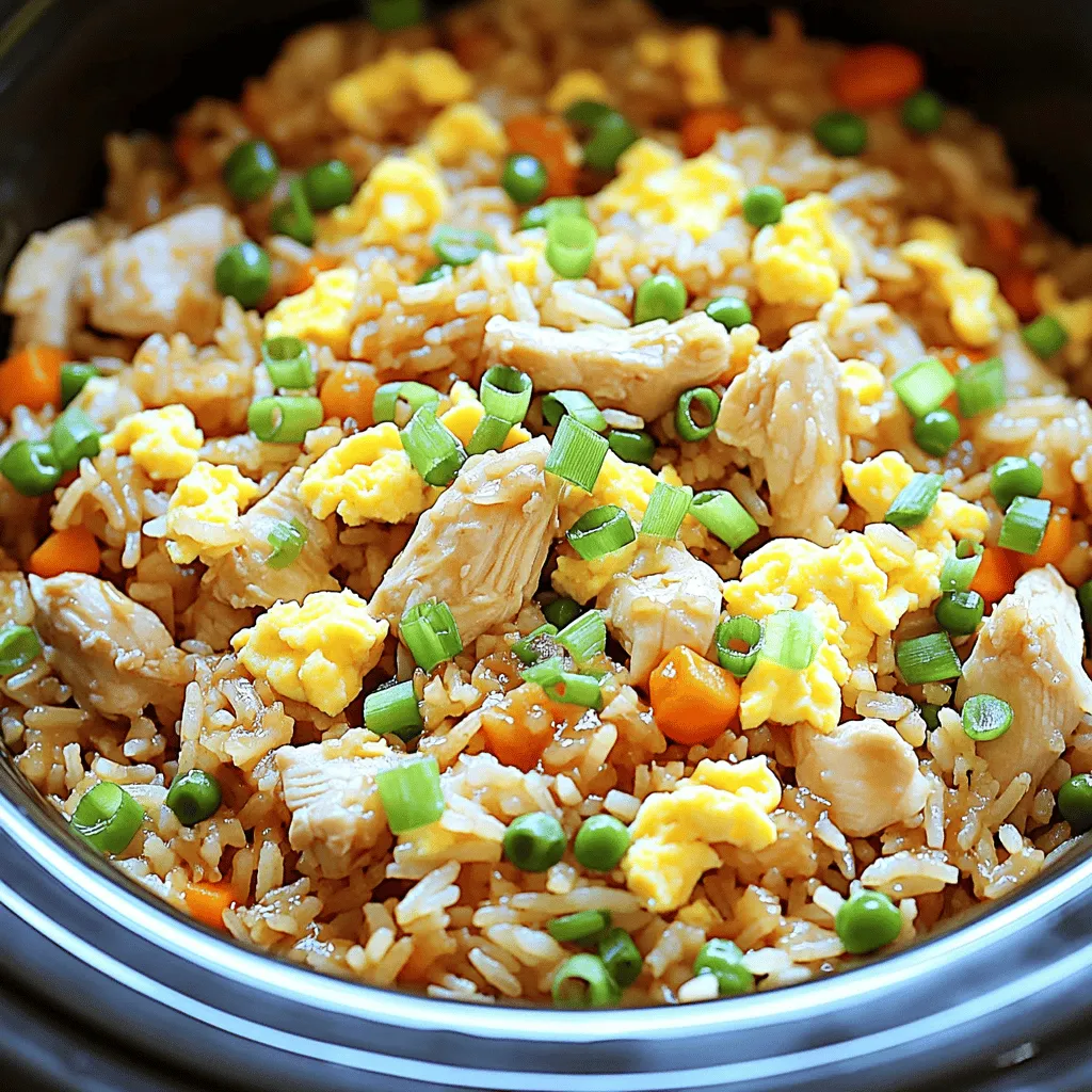 - 2 cups cooked rice (preferably day-old for optimal texture) - 2 medium chicken breasts, diced into bite-sized pieces - 1 cup frozen mixed vegetables (carrots, peas, and corn) - 1 small onion, finely diced - 3 cloves garlic, minced - 1/4 cup low-sodium soy sauce (or regular, to taste) - 2 tablespoons sesame oil - 1 tablespoon oyster sauce (optional, for an added depth of flavor) - 2 green onions, sliced (for garnish) - 2 large eggs, lightly beaten - Salt and pepper to taste I always recommend using day-old rice for this dish. It gives the best texture. Fresh rice can be too sticky. The frozen mixed vegetables are a great time-saver. They add color and nutrition without the fuss. You can change the soy sauce. Low-sodium keeps it healthy, while regular soy sauce adds more salt. The oyster sauce adds a nice touch but is not a must. If you want a gluten-free meal, use tamari instead of soy sauce. For a vegetarian option, skip the chicken and add tofu instead. You can also use vegetable broth in place of the chicken for more flavor. If you are egg-free, you can leave out the eggs. The dish will still taste great without them. 1. Start with 2 cups of cooked rice. Day-old rice works best. It helps the rice stay firm and not mushy. 2. Dice 2 medium chicken breasts into bite-sized pieces. This makes cooking even easier. 3. Measure 1 cup of frozen mixed vegetables. You can use a mix of carrots, peas, and corn. 4. Finely dice 1 small onion and mince 3 cloves of garlic. These add great flavor. 5. In a small bowl, whisk together 1/4 cup of low-sodium soy sauce, 2 tablespoons of sesame oil, and 1 tablespoon of oyster sauce if you like. Add a pinch of salt and pepper to taste. 1. Layer the cooked rice evenly at the bottom of the crockpot. Spread it out flat for best results. 2. Place the diced chicken over the rice. Distribute it evenly to ensure it cooks well. 3. Sprinkle the frozen mixed vegetables on top of the chicken. Add the diced onion and minced garlic next. 4. Pour the sauce mixture over everything in the crockpot. This will give your dish a lot of flavor. 5. Gently stir the ingredients with a spatula or spoon. Make sure the sauce covers everything well. 6. Cover the crockpot and cook on low for about 4 hours. The chicken should be cooked through, and all flavors will blend nicely. 1. About 20 minutes before serving, push the rice mixture to one side of the crockpot. 2. Pour the 2 beaten eggs into the empty side. Scramble them gently until just set. 3. Fold the eggs into the fried rice mixture. Stir well to combine everything. 4. Taste the dish and adjust seasoning if needed. More salt or pepper can enhance the flavor. 5. Serve hot, garnished with sliced green onions. This adds a nice color and extra taste. Enjoy your delicious crockpot chicken fried rice! To get great texture in your chicken fried rice, always use day-old rice. Fresh rice can be too sticky. Spread the rice evenly in the crockpot. This helps it cook well. Layer the chicken on top, so it cooks evenly. Avoid stirring too much during cooking. Stirring can break the rice and make it mushy. When you add eggs, push the rice to one side. This allows the eggs to cook properly. Taste is key to a delicious dish. Start with the soy sauce and sesame oil. These add a nice depth of flavor. If you want to make it richer, add oyster sauce. Always taste before serving. You can add more salt or pepper if needed. If you like a bit of heat, try adding red pepper flakes. This can spice things up without changing the base flavor. Feel free to adjust these ingredients to suit your taste. One mistake is using uncooked rice. This can lead to a hard texture. Another error is overloading the crockpot. Too many ingredients can lead to uneven cooking. Make sure to layer the ingredients properly. Avoid cooking on high heat for too long. This can dry out the chicken. Lastly, don’t forget to taste as you go. This ensures your dish turns out just right. {{image_4}} You can make this dish without chicken. Just leave out the meat. Use extra veggies instead. Try adding bell peppers, broccoli, or mushrooms for a hearty mix. You can also swap soy sauce for a vegan version. This keeps the flavor but makes it plant-based. If you want to change the protein, shrimp or tofu work great. For shrimp, add it in the last hour of cooking. This keeps it tender and juicy. For tofu, use firm tofu and cubed it. Add it with the other ingredients at the start. Each choice brings its own taste and texture. Adding spices or herbs can boost flavor. Try ginger for a warm note. You can also add chili flakes for heat. Fresh herbs like cilantro or basil give a fresh twist. Always taste as you go. This way, you can adjust to your liking and create a unique dish. To store leftovers, let the chicken fried rice cool first. Then, transfer it to an airtight container. Make sure to keep it in the fridge. This meal stays fresh for up to three days. If you have a lot, divide it into smaller portions to save space. When you’re ready to eat, reheat the rice in the microwave. Place a portion in a bowl and cover it with a damp paper towel. Heat it for about 1-2 minutes. Stir halfway through to ensure even heating. You can also reheat it on the stove. Add a splash of water to a pan, then heat over low. Stir until hot. To freeze, portion the chicken fried rice into freezer-safe bags or containers. Make sure to remove as much air as possible. Label them with the date. It can last up to three months in the freezer. When ready to eat, thaw it overnight in the fridge. Then, reheat as mentioned above. This way, you always have a quick meal ready! No, you should not use uncooked rice. It needs water and time to cook. If you use uncooked rice, the dish will turn out dry. Stick to cooked rice for the best results. To avoid mushy rice, use day-old rice. It has a firmer texture. Spread the cooked rice evenly in the crockpot. This helps it cook well without absorbing too much moisture. You can serve Chicken Fried Rice with a simple salad. A side of steamed broccoli pairs well too. For extra flavor, offer soy sauce or hot sauce on the side. These options make the meal even better. This blog post covered the key elements for making chicken fried rice. We explored the must-have ingredients, cooking steps, and tips for the best texture. I shared substitutions for dietary needs and delicious variations. You learned how to store leftovers and reheat them well. In closing, mastering chicken fried rice allows for creativity and fun. You've got the tools to enjoy this dish any way you like! Now, grab your ingredients and start cooking!