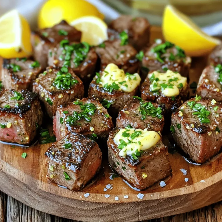 To make Air Fryer Garlic Butter Steak Bites, gather these simple items: - 1 lb sirloin steak, trimmed and cut into bite-sized cubes - 4 tablespoons unsalted butter, divided - 4 cloves garlic, finely minced - 1 teaspoon smoked paprika - 1 teaspoon garlic powder - Salt and freshly ground black pepper, to taste - Fresh parsley, finely chopped (for garnish) - Lemon wedges (for a fresh serving suggestion) The seasonings in this dish are very important. I use smoked paprika for a warm, rich flavor. Garlic powder adds a nice kick without overpowering the meat. Salt and black pepper balance the dish perfectly. Together, these seasonings enhance the steak's natural taste, making every bite savory and delicious. For a pop of color and freshness, I like to use fresh parsley as a garnish. It adds a nice green touch to the plate. Serving lemon wedges on the side gives you a zesty option. A squeeze of fresh lemon juice brightens the steak bites, making them even more delightful! Start by preheating your air fryer to 400°F (200°C). This step takes about 5 minutes. A hot air fryer helps cook the steak bites evenly and quickly. In a mixing bowl, add 1 pound of cubed sirloin steak. Pour in 2 tablespoons of melted unsalted butter. Next, add 4 cloves of minced garlic, 1 teaspoon of smoked paprika, 1 teaspoon of garlic powder, and sprinkle salt and pepper to taste. Mix all the ingredients well. Use your hands or a spatula to coat the steak cubes evenly with the spices and butter. Place the seasoned steak bites in a single layer in the air fryer basket. Make sure not to overcrowd them. If your air fryer is small, cook in batches for the best results. Air fry the steak bites for 8 to 10 minutes. Shake the basket halfway through to help them brown evenly. Check for doneness; medium-rare takes about 8 minutes. While the steak bites cook, melt the remaining 2 tablespoons of butter in a small saucepan over low heat. If you want, add a pinch of salt and more minced garlic for extra flavor. Let it simmer gently to infuse the garlic aroma into the butter. Once the steak bites are cooked, drizzle the garlic butter over them. Toss the steak bites gently to coat them well in the sauce. Transfer the steak bites to a serving platter. Garnish with finely chopped fresh parsley for a pop of color. Serve immediately with lemon wedges for a fresh squeeze of flavor. To get your steak bites just right, check the time closely. I find that cooking for about 8 minutes usually gives a nice medium-rare. If you prefer it more done, add a minute or two. Use a meat thermometer if you have one. Aim for 130°F (54°C) for medium-rare and 140°F (60°C) for medium. Remember, the steak will keep cooking after you take it out, so pull it a bit early. Crowding the air fryer basket can lead to uneven cooking. Always arrange the steak bites in a single layer. If you have a lot, cook them in two or more batches. This step helps them brown nicely and stay juicy. It also allows the hot air to move freely, giving you that perfect crunch. You can boost the flavor of your steak bites with a few extra touches. Consider adding herbs like rosemary or thyme for a fresh taste. A splash of Worcestershire sauce can add depth, too. For heat, toss in some red pepper flakes. These small changes can take your dish to another level. Don’t be afraid to experiment! {{image_4}} You can use different cuts of steak for this recipe. Sirloin is great, but you can try ribeye or filet mignon. Each cut has a unique taste and texture. Ribeye is rich and tender, while filet mignon is lean and buttery. Just make sure you cut the steak into bite-sized pieces for even cooking. Feel free to change the seasonings based on your taste. If you love spice, add red pepper flakes or cayenne. For a smoky flavor, try adding more smoked paprika. You can also mix in some fresh herbs, like thyme or rosemary, to enhance the taste. Taste your mixture before cooking to find the right balance. These steak bites pair well with many sides. Serve them with a fresh salad for crunch. You can also enjoy them with mashed potatoes or roasted vegetables. For a fun twist, try them in a taco with avocado and salsa. Squeeze fresh lemon on top to brighten the flavors. Each bite will be a delicious mix of savory and fresh! After enjoying your air fryer garlic butter steak bites, you may have some left. Allow the steak bites to cool down before storing. Place them in an airtight container. They will stay fresh in the fridge for up to three days. Make sure to keep the garlic butter sauce separate if you have any left. This keeps the steak bites from getting soggy. To reheat your steak bites, the air fryer is your best friend. Set it to 350°F (175°C). Heat them for about 3-5 minutes. This helps keep them juicy and crispy. You can also use a microwave, but be careful. Microwaving can make them chewy. If you choose the microwave, heat in short bursts to avoid overcooking. If you want to save some for later, you can freeze the steak bites. Place them in a freezer-safe bag or container. They will last up to three months in the freezer. When you're ready to eat, thaw them overnight in the fridge. Reheat as mentioned above for the best results. Freezing does alter the texture a bit, but they still taste great! To get the perfect doneness, start with high-quality sirloin steak. For medium-rare, air fry for about 8 minutes. For medium, aim for 10 minutes. Use a meat thermometer for best results. The internal temperature should be around 130°F for medium-rare and 140°F for medium. Let the steak bites rest for a few minutes after cooking. This helps the juices settle and makes each bite tender and juicy. Yes, you can! If you don’t have an air fryer, you can still enjoy garlic butter steak bites. Simply use a skillet on medium-high heat. Add butter and let it melt. Then, add the seasoned steak cubes and cook for about 3-4 minutes on each side. This method gives you a nice sear and keeps the flavors intact. Just keep an eye on the doneness as it may cook faster than in the air fryer. Garlic butter steak bites pair well with many sides. Here are some great options: - Roasted vegetables like asparagus or Brussels sprouts - Creamy mashed potatoes for a comforting touch - A fresh garden salad with lemon vinaigrette - Rice or quinoa for a hearty base - Garlic bread for a delicious addition These sides complement the savory flavors and enhance your meal experience. This blog post covered all you need for tasty garlic butter steak bites. We discussed key ingredients, cooking steps, and important tips. Remember to check doneness and avoid overcrowding in your air fryer. You can also try different cuts of steak and adjust seasonings to match your taste. With proper storage and reheating, you can enjoy these bites later. Dive into this recipe for a delicious meal that's easy to make! You’ll impress family and friends with this flavorful dish.