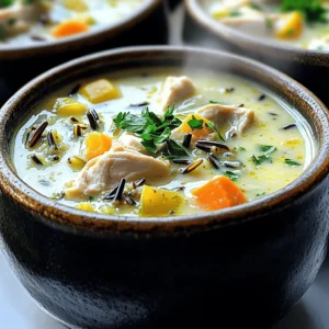 - 1 lb boneless, skinless chicken breasts, diced into bite-sized pieces - 1 cup wild rice, thoroughly rinsed under cold water - 4 cups low-sodium chicken broth - 1 cup heavy cream or full-fat coconut milk - 1 large onion, finely chopped - 2 medium carrots, peeled and diced - 2 celery stalks, diced into small pieces - 3 cloves garlic, minced - 1 teaspoon dried thyme - 1 teaspoon dried rosemary - 2 tablespoons extra virgin olive oil - Salt and freshly ground black pepper to taste - Fresh parsley, finely chopped for garnish - 1 cup frozen peas for added color and sweetness - 1 tablespoon lemon juice to brighten the flavor - 1/2 teaspoon smoked paprika for a hint of smokiness - Large pot or Dutch oven for cooking - Wooden spoon for stirring - Cutting board and knife for chopping - Measuring cups and spoons for accuracy - Ladle for serving soup Start by dicing 1 pound of boneless, skinless chicken breasts. Cut them into small, bite-sized pieces. This helps the chicken cook evenly. Next, heat 2 tablespoons of extra virgin olive oil in a large pot over medium-high heat. Once the oil is hot, add the diced chicken. Season it with salt and freshly ground black pepper. Cook the chicken for about 6 to 8 minutes. You want it to brown nicely on all sides. Once done, take the chicken out of the pot and set it aside on a plate. In the same pot, add the chopped onion, diced carrots, and diced celery. You should have 1 large onion, 2 medium carrots, and 2 celery stalks. Sauté the vegetables for about 5 to 7 minutes. You want them to soften and the onion to turn translucent. This step builds the base flavors for your soup. After that, stir in 3 cloves of minced garlic, 1 teaspoon of dried thyme, and 1 teaspoon of dried rosemary. Sauté for another minute until you smell the herbs. This adds a lovely aroma to your soup. Now, it’s time to bring it all together. Add 1 cup of rinsed wild rice to the pot. Then, pour in 4 cups of low-sodium chicken broth. Increase the heat to bring the mixture to a boil. Once it starts boiling, reduce the heat and let it simmer gently for about 30 minutes. Stir occasionally to keep the rice from sticking. After 30 minutes, return the browned chicken to the pot. Stir in 1 cup of heavy cream or full-fat coconut milk. Let the soup simmer for another 10 minutes. This is when the wild rice becomes tender and fluffy. Before serving, taste the soup and add more salt and pepper if needed. Enjoy your creamy chicken wild rice soup! To make your soup super creamy, use heavy cream or full-fat coconut milk. These options add richness and smoothness. If you want a lighter choice, use half-and-half. Just remember, add it at the end of cooking. This keeps it from curdling. Stir it well to mix and enhance the soup's texture. Wild rice can take time to cook. Rinse it well before adding it to the pot. This helps remove excess starch and keeps it from getting gummy. Simmer it for about 30 minutes. This gives it a nice chew and lets it soak up flavors. If you find it tough, cook it a bit longer. Taste it until it's perfect for your soup. Seasoning is key for great flavor. Start with salt and pepper while cooking the chicken. Once the soup simmers, taste it again. You may want more salt or pepper. Fresh herbs like thyme and rosemary add depth, so use them! If you love a stronger herbal taste, add more fresh herbs. Trust your taste buds to make it just right! {{image_4}} To make this soup dairy-free, swap heavy cream for full-fat coconut milk. This change gives the soup a rich, creamy texture without dairy. Coconut milk adds a hint of sweetness, mixing well with the savory flavors. You can also use almond milk or oat milk, but these options may alter the taste. Always choose unsweetened versions to keep the flavor balanced. Boost nutrition by adding more vegetables. Consider spinach, kale, or peas for vibrant color and texture. Chopped mushrooms can add a nice earthiness. Just sauté them with the other veggies. You can even add zucchini or bell peppers for a fresh twist. This helps make the soup more hearty and filling. If you want to change the protein, try shredded rotisserie chicken for a quicker meal. Tofu is a great plant-based option. Just press it to remove excess water and cube it before adding. For a different flavor, use turkey or cooked sausage. Each protein gives a unique taste to the soup while keeping it satisfying. After making creamy chicken wild rice soup, let it cool. Transfer it to an airtight container. Store it in the fridge for up to three days. This way, you keep the flavors fresh and vibrant. To freeze the soup, cool it completely first. Use freezer-safe containers or bags. Leave some space at the top, as the soup will expand when it freezes. It can last up to three months in the freezer. When ready to use, move it to the fridge overnight to thaw. Reheat the soup on the stove over medium heat. Stir it often to prevent sticking. If it's too thick, add a splash of broth or water. You can also use a microwave. Heat it in a bowl, stirring halfway through. Make sure it's hot all the way through before serving. Enjoy it again just like the first time! Creamy chicken wild rice soup lasts about 3 to 4 days in the fridge. To store it, place it in an airtight container. Make sure it cools down first. This keeps it fresh and safe to eat later. Yes, you can use brown rice instead of wild rice. Brown rice needs a bit more cooking time. I recommend cooking it for about 45 minutes instead of 30. This way, it will be tender and mix well with the soup. You can serve creamy chicken wild rice soup with crusty bread or warm rolls. Both pair well and are great for dipping. A fresh salad can also add a nice crunch. For a full meal, try adding roasted veggies on the side. We explored how to make creamy chicken wild rice soup, covering key ingredients and step-by-step cooking. I shared tips on ensuring creaminess and perfect rice. You learned about options for dairy-free meals and extra veggies. Proper storage and reheating tips will keep your soup tasty. Enjoy this comforting dish and feel free to experiment with variations. Each bowl can bring warmth and joy to your table.