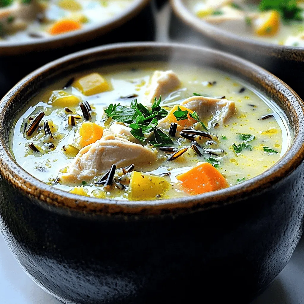 - 1 lb boneless, skinless chicken breasts, diced into bite-sized pieces - 1 cup wild rice, thoroughly rinsed under cold water - 4 cups low-sodium chicken broth - 1 cup heavy cream or full-fat coconut milk - 1 large onion, finely chopped - 2 medium carrots, peeled and diced - 2 celery stalks, diced into small pieces - 3 cloves garlic, minced - 1 teaspoon dried thyme - 1 teaspoon dried rosemary - 2 tablespoons extra virgin olive oil - Salt and freshly ground black pepper to taste - Fresh parsley, finely chopped for garnish - 1 cup frozen peas for added color and sweetness - 1 tablespoon lemon juice to brighten the flavor - 1/2 teaspoon smoked paprika for a hint of smokiness - Large pot or Dutch oven for cooking - Wooden spoon for stirring - Cutting board and knife for chopping - Measuring cups and spoons for accuracy - Ladle for serving soup Start by dicing 1 pound of boneless, skinless chicken breasts. Cut them into small, bite-sized pieces. This helps the chicken cook evenly. Next, heat 2 tablespoons of extra virgin olive oil in a large pot over medium-high heat. Once the oil is hot, add the diced chicken. Season it with salt and freshly ground black pepper. Cook the chicken for about 6 to 8 minutes. You want it to brown nicely on all sides. Once done, take the chicken out of the pot and set it aside on a plate. In the same pot, add the chopped onion, diced carrots, and diced celery. You should have 1 large onion, 2 medium carrots, and 2 celery stalks. Sauté the vegetables for about 5 to 7 minutes. You want them to soften and the onion to turn translucent. This step builds the base flavors for your soup. After that, stir in 3 cloves of minced garlic, 1 teaspoon of dried thyme, and 1 teaspoon of dried rosemary. Sauté for another minute until you smell the herbs. This adds a lovely aroma to your soup. Now, it’s time to bring it all together. Add 1 cup of rinsed wild rice to the pot. Then, pour in 4 cups of low-sodium chicken broth. Increase the heat to bring the mixture to a boil. Once it starts boiling, reduce the heat and let it simmer gently for about 30 minutes. Stir occasionally to keep the rice from sticking. After 30 minutes, return the browned chicken to the pot. Stir in 1 cup of heavy cream or full-fat coconut milk. Let the soup simmer for another 10 minutes. This is when the wild rice becomes tender and fluffy. Before serving, taste the soup and add more salt and pepper if needed. Enjoy your creamy chicken wild rice soup! To make your soup super creamy, use heavy cream or full-fat coconut milk. These options add richness and smoothness. If you want a lighter choice, use half-and-half. Just remember, add it at the end of cooking. This keeps it from curdling. Stir it well to mix and enhance the soup's texture. Wild rice can take time to cook. Rinse it well before adding it to the pot. This helps remove excess starch and keeps it from getting gummy. Simmer it for about 30 minutes. This gives it a nice chew and lets it soak up flavors. If you find it tough, cook it a bit longer. Taste it until it's perfect for your soup. Seasoning is key for great flavor. Start with salt and pepper while cooking the chicken. Once the soup simmers, taste it again. You may want more salt or pepper. Fresh herbs like thyme and rosemary add depth, so use them! If you love a stronger herbal taste, add more fresh herbs. Trust your taste buds to make it just right! {{image_4}} To make this soup dairy-free, swap heavy cream for full-fat coconut milk. This change gives the soup a rich, creamy texture without dairy. Coconut milk adds a hint of sweetness, mixing well with the savory flavors. You can also use almond milk or oat milk, but these options may alter the taste. Always choose unsweetened versions to keep the flavor balanced. Boost nutrition by adding more vegetables. Consider spinach, kale, or peas for vibrant color and texture. Chopped mushrooms can add a nice earthiness. Just sauté them with the other veggies. You can even add zucchini or bell peppers for a fresh twist. This helps make the soup more hearty and filling. If you want to change the protein, try shredded rotisserie chicken for a quicker meal. Tofu is a great plant-based option. Just press it to remove excess water and cube it before adding. For a different flavor, use turkey or cooked sausage. Each protein gives a unique taste to the soup while keeping it satisfying. After making creamy chicken wild rice soup, let it cool. Transfer it to an airtight container. Store it in the fridge for up to three days. This way, you keep the flavors fresh and vibrant. To freeze the soup, cool it completely first. Use freezer-safe containers or bags. Leave some space at the top, as the soup will expand when it freezes. It can last up to three months in the freezer. When ready to use, move it to the fridge overnight to thaw. Reheat the soup on the stove over medium heat. Stir it often to prevent sticking. If it's too thick, add a splash of broth or water. You can also use a microwave. Heat it in a bowl, stirring halfway through. Make sure it's hot all the way through before serving. Enjoy it again just like the first time! Creamy chicken wild rice soup lasts about 3 to 4 days in the fridge. To store it, place it in an airtight container. Make sure it cools down first. This keeps it fresh and safe to eat later. Yes, you can use brown rice instead of wild rice. Brown rice needs a bit more cooking time. I recommend cooking it for about 45 minutes instead of 30. This way, it will be tender and mix well with the soup. You can serve creamy chicken wild rice soup with crusty bread or warm rolls. Both pair well and are great for dipping. A fresh salad can also add a nice crunch. For a full meal, try adding roasted veggies on the side. We explored how to make creamy chicken wild rice soup, covering key ingredients and step-by-step cooking. I shared tips on ensuring creaminess and perfect rice. You learned about options for dairy-free meals and extra veggies. Proper storage and reheating tips will keep your soup tasty. Enjoy this comforting dish and feel free to experiment with variations. Each bowl can bring warmth and joy to your table.