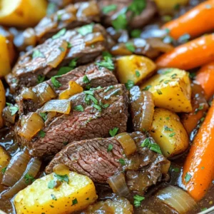 - 3-4 pounds beef chuck roast - 4 large carrots, peeled and cut into chunks - 3 Yukon Gold potatoes, peeled and diced - 1 large onion, quartered - 4 cloves garlic, minced - 2 cups beef broth - 2 tablespoons olive oil - 1 tablespoon Worcestershire sauce - 2 teaspoons dried thyme - 2 teaspoons dried rosemary - 1 bay leaf - Salt and freshly ground black pepper Gathering the right ingredients sets the stage for a great pot roast. I choose a beef chuck roast because it cooks well and becomes very tender. For vegetables, I use four large carrots, three Yukon Gold potatoes, one large onion, and four cloves of garlic. These add flavor and nutrition. I recommend peeling them for a smoother texture. Don’t forget the seasonings! I use two cups of beef broth, two tablespoons of olive oil, and one tablespoon of Worcestershire sauce. Dried thyme and rosemary bring wonderful herb flavors, while a bay leaf adds depth. Lastly, seasoning with salt and freshly ground black pepper is key. These ingredients combine to create a rich and savory dish that you will love. Season the beef chuck roast Start by taking your beef chuck roast and seasoning it. Use salt and pepper generously all over the meat. This helps to bring out the flavor. Searing the meat for maximum flavor Next, heat olive oil in a large skillet on medium-high heat. Once the oil shimmers, add the roast. Sear it for 3-4 minutes on each side. You want a nice golden-brown crust. This step is key to locking in the juices. Layering vegetables as the base In your slow cooker, layer the chopped carrots, diced potatoes, quartered onion, and minced garlic. These veggies create a tasty base for your roast. Placing the seared roast properly After searing, gently place the roast in the center of the vegetables. This helps the roast cook evenly and keeps the flavors rich. Mixing liquid ingredients In a bowl, whisk together the beef broth, Worcestershire sauce, dried thyme, dried rosemary, and bay leaf. This mixture adds depth to your dish. Pouring over the roast and vegetables Pour this savory broth over the roast and veggies in the slow cooker. Make sure everything is well-covered. This will keep the roast moist and flavorful during cooking. To make your pot roast tender, start with searing the meat. This step is key. Searing locks in the juices and adds a rich flavor. Heat olive oil in a skillet. Once it shimmers, add the roast. Sear all sides for 3-4 minutes. You want a nice golden-brown crust. Cooking time is also important. If you use a slow cooker, set it on low for 8-10 hours. This slow cook breaks down the meat fibers. If you're short on time, use the high setting for 4-6 hours. The roast should be fork-tender when it's done. For a great presentation, serve the pot roast on a large platter. Slice the roast and fan it out. Arrange the colorful vegetables around it. Drizzle some of the cooking juices over the meat. A sprinkle of fresh herbs adds a nice touch. Pair your pot roast with sides like mashed potatoes or a green salad. These complement the rich flavors of the roast. Crusty bread is also a great choice. It soaks up the savory juices perfectly. To boost flavor, add fresh herbs before serving. Parsley or thyme works well. They brighten the dish and add freshness. Using homemade broth makes a big difference. It gives a richer, deeper taste. If you have time, simmer beef bones with veggies for hours. This will create a broth full of flavor. Use it in your pot roast for an even better meal. {{image_4}} You can change up the vegetables in your pot roast. Try adding parsnips or sweet potatoes for a twist. Green beans or peas can also work well. Each veggie brings a new taste. Different cuts of beef can also shine. You might use brisket or round roast instead of chuck. Each cut has its own flavor and texture. Choose based on what you like best. To boost the flavor, try adding red wine. Just a cup can deepen the taste. It adds richness you will love. Herbs and spices can make a big difference too. Consider adding fresh parsley or bay leaves. A sprinkle of paprika can add warmth. Experiment with what you enjoy most. If you need a gluten-free meal, just skip the Worcestershire sauce. You can replace it with gluten-free soy sauce. This keeps the flavor without the gluten. For a low-sodium diet, use low-sodium beef broth. This small change keeps your meal tasty without the extra salt. You can also cut back on added salt when seasoning. Store leftover pot roast in an airtight container. This keeps it fresh and tasty. You can keep it in the fridge for about three to four days. Make sure it cools down before sealing it. This helps avoid condensation inside the container. To freeze pot roast, slice it into portions. Use freezer-safe bags or containers. Remove as much air as possible to prevent freezer burn. It can last up to three months in the freezer. When you’re ready to eat it, thaw the pot roast in the fridge overnight. To reheat, place it in a pot over low heat. Add a splash of beef broth to keep it moist. Stir occasionally until it’s hot all the way through. Enjoy the rich flavors again! A pot roast cooks on low for 8-10 hours. If you use the high setting, it takes 4-6 hours. Cooking times may vary by slow cooker brand. Always check the meat for tenderness. You want it to pull apart easily with a fork. The longer you cook it, the more flavors blend together. Yes, you can cook a pot roast on high. Cooking on high saves time but may change texture. The meat might not be as tender as when cooked on low. The flavors might not meld as well either. If you're in a hurry, use high; if you have time, low is better. The best cut for pot roast is beef chuck roast. This cut has great marbling, which makes it tender. Other good options include brisket or round. They also become tender with slow cooking. Always choose a cut with some fat for the best flavor. This pot roast recipe combines beef, veggies, and seasonings for a comforting meal. Start with quality ingredients and follow each step for best results. The searing adds great taste, while the slow cooking makes it tender. Feel free to swap ingredients or adjust for dietary needs. Whether for a family dinner or special occasion, a pot roast is sure to impress. Enjoy your hearty dish, and don't forget to savor every bite!