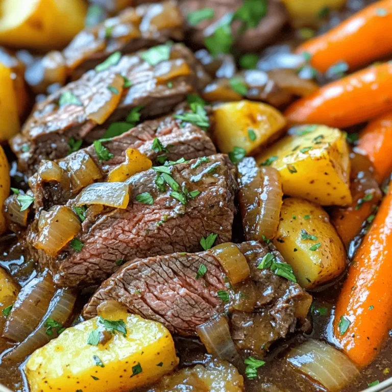 - 3-4 pounds beef chuck roast - 4 large carrots, peeled and cut into chunks - 3 Yukon Gold potatoes, peeled and diced - 1 large onion, quartered - 4 cloves garlic, minced - 2 cups beef broth - 2 tablespoons olive oil - 1 tablespoon Worcestershire sauce - 2 teaspoons dried thyme - 2 teaspoons dried rosemary - 1 bay leaf - Salt and freshly ground black pepper Gathering the right ingredients sets the stage for a great pot roast. I choose a beef chuck roast because it cooks well and becomes very tender. For vegetables, I use four large carrots, three Yukon Gold potatoes, one large onion, and four cloves of garlic. These add flavor and nutrition. I recommend peeling them for a smoother texture. Don’t forget the seasonings! I use two cups of beef broth, two tablespoons of olive oil, and one tablespoon of Worcestershire sauce. Dried thyme and rosemary bring wonderful herb flavors, while a bay leaf adds depth. Lastly, seasoning with salt and freshly ground black pepper is key. These ingredients combine to create a rich and savory dish that you will love. Season the beef chuck roast Start by taking your beef chuck roast and seasoning it. Use salt and pepper generously all over the meat. This helps to bring out the flavor. Searing the meat for maximum flavor Next, heat olive oil in a large skillet on medium-high heat. Once the oil shimmers, add the roast. Sear it for 3-4 minutes on each side. You want a nice golden-brown crust. This step is key to locking in the juices. Layering vegetables as the base In your slow cooker, layer the chopped carrots, diced potatoes, quartered onion, and minced garlic. These veggies create a tasty base for your roast. Placing the seared roast properly After searing, gently place the roast in the center of the vegetables. This helps the roast cook evenly and keeps the flavors rich. Mixing liquid ingredients In a bowl, whisk together the beef broth, Worcestershire sauce, dried thyme, dried rosemary, and bay leaf. This mixture adds depth to your dish. Pouring over the roast and vegetables Pour this savory broth over the roast and veggies in the slow cooker. Make sure everything is well-covered. This will keep the roast moist and flavorful during cooking. To make your pot roast tender, start with searing the meat. This step is key. Searing locks in the juices and adds a rich flavor. Heat olive oil in a skillet. Once it shimmers, add the roast. Sear all sides for 3-4 minutes. You want a nice golden-brown crust. Cooking time is also important. If you use a slow cooker, set it on low for 8-10 hours. This slow cook breaks down the meat fibers. If you're short on time, use the high setting for 4-6 hours. The roast should be fork-tender when it's done. For a great presentation, serve the pot roast on a large platter. Slice the roast and fan it out. Arrange the colorful vegetables around it. Drizzle some of the cooking juices over the meat. A sprinkle of fresh herbs adds a nice touch. Pair your pot roast with sides like mashed potatoes or a green salad. These complement the rich flavors of the roast. Crusty bread is also a great choice. It soaks up the savory juices perfectly. To boost flavor, add fresh herbs before serving. Parsley or thyme works well. They brighten the dish and add freshness. Using homemade broth makes a big difference. It gives a richer, deeper taste. If you have time, simmer beef bones with veggies for hours. This will create a broth full of flavor. Use it in your pot roast for an even better meal. {{image_4}} You can change up the vegetables in your pot roast. Try adding parsnips or sweet potatoes for a twist. Green beans or peas can also work well. Each veggie brings a new taste. Different cuts of beef can also shine. You might use brisket or round roast instead of chuck. Each cut has its own flavor and texture. Choose based on what you like best. To boost the flavor, try adding red wine. Just a cup can deepen the taste. It adds richness you will love. Herbs and spices can make a big difference too. Consider adding fresh parsley or bay leaves. A sprinkle of paprika can add warmth. Experiment with what you enjoy most. If you need a gluten-free meal, just skip the Worcestershire sauce. You can replace it with gluten-free soy sauce. This keeps the flavor without the gluten. For a low-sodium diet, use low-sodium beef broth. This small change keeps your meal tasty without the extra salt. You can also cut back on added salt when seasoning. Store leftover pot roast in an airtight container. This keeps it fresh and tasty. You can keep it in the fridge for about three to four days. Make sure it cools down before sealing it. This helps avoid condensation inside the container. To freeze pot roast, slice it into portions. Use freezer-safe bags or containers. Remove as much air as possible to prevent freezer burn. It can last up to three months in the freezer. When you’re ready to eat it, thaw the pot roast in the fridge overnight. To reheat, place it in a pot over low heat. Add a splash of beef broth to keep it moist. Stir occasionally until it’s hot all the way through. Enjoy the rich flavors again! A pot roast cooks on low for 8-10 hours. If you use the high setting, it takes 4-6 hours. Cooking times may vary by slow cooker brand. Always check the meat for tenderness. You want it to pull apart easily with a fork. The longer you cook it, the more flavors blend together. Yes, you can cook a pot roast on high. Cooking on high saves time but may change texture. The meat might not be as tender as when cooked on low. The flavors might not meld as well either. If you're in a hurry, use high; if you have time, low is better. The best cut for pot roast is beef chuck roast. This cut has great marbling, which makes it tender. Other good options include brisket or round. They also become tender with slow cooking. Always choose a cut with some fat for the best flavor. This pot roast recipe combines beef, veggies, and seasonings for a comforting meal. Start with quality ingredients and follow each step for best results. The searing adds great taste, while the slow cooking makes it tender. Feel free to swap ingredients or adjust for dietary needs. Whether for a family dinner or special occasion, a pot roast is sure to impress. Enjoy your hearty dish, and don't forget to savor every bite!