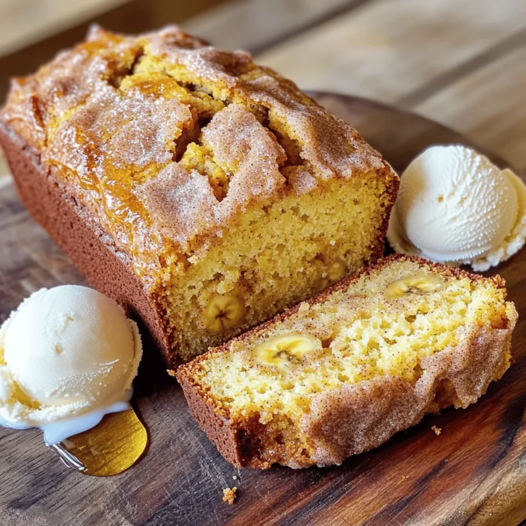 - 3 ripe bananas, fully mashed - 1/3 cup unsalted butter, melted - 1 teaspoon pure vanilla extract - 1 cup granulated sugar - 1 large egg, at room temperature - 1 teaspoon baking soda - 1/4 teaspoon fine sea salt - 1 teaspoon ground cinnamon - 1 1/2 cups all-purpose flour - 1/3 cup packed brown sugar (for topping) - 1 teaspoon ground cinnamon (for topping) To make Snickerdoodle Banana Bread, gather these simple ingredients. Ripe bananas are key. They should be soft and sweet for the best flavor. Next, use unsalted butter for a rich taste. The vanilla extract adds depth, while granulated sugar brings sweetness. You need one egg to bind everything together. Baking soda helps the bread rise. Sea salt balances the flavors, and ground cinnamon gives that classic snickerdoodle taste. All-purpose flour creates the base of the bread. For a sweet topping, mix brown sugar and more cinnamon. This adds a tasty crunch on top. With these ingredients ready, you’ll create a delightful treat that’s fun to share. Enjoy the process of baking this delicious banana bread! 1. Preheat your oven to 350°F (175°C). Grease a 9x5 inch loaf pan or line it with parchment paper. This step helps the bread come out easily. 2. In a big mixing bowl, mash the 3 ripe bananas until they are smooth. Add the 1/3 cup melted unsalted butter to the bananas. Mix well until there are no lumps. 3. Next, add 1 cup granulated sugar, 1 large egg, and 1 teaspoon pure vanilla extract to the banana mix. Stir until everything is creamy and smooth. 4. In another bowl, whisk together 1 1/2 cups all-purpose flour, 1 teaspoon baking soda, 1/4 teaspoon fine sea salt, and 1 teaspoon ground cinnamon. This helps mix the dry ingredients evenly. 5. Gently fold the dry mix into the wet banana mixture. Mix until just combined. A few lumps are okay. Be careful not to overmix, or the bread may turn out dense. 6. For the topping, mix 1/3 cup packed brown sugar with 1 teaspoon ground cinnamon in a small bowl. This will create a sweet and spiced topping. 7. Pour half of the banana batter into the loaf pan. Spread it out evenly. Sprinkle half of the cinnamon-sugar topping over this layer. Then add the remaining batter on top and smooth it out gently. Finally, sprinkle the rest of the cinnamon-sugar mix on top. 8. Bake your banana bread in the preheated oven for 55-65 minutes. A toothpick inserted in the center should come out clean. If the top browns too much, cover it loosely with foil. 9. Once baked, let the bread cool in the pan for about 10 minutes. Carefully move it to a wire rack to cool completely before slicing. These steps will guide you to make a delicious Snickerdoodle Banana Bread. Enjoy the sweet smell as it bakes! To make the best Snickerdoodle Banana Bread, avoid overmixing the batter. When you mix too much, the bread becomes dense. Mix just until you see no dry flour. A few lumps are okay! Keep an eye on the bread as it bakes. The top may brown quickly. If it gets dark, cover it lightly with foil. This will help it bake evenly without burning. Serve your banana bread warm for the best taste. Slice it up and arrange it on a nice plate. You can drizzle honey on top for a sweet kick. Another fun option is to add a scoop of vanilla ice cream. The cold ice cream pairs well with the warm bread. You can sprinkle extra cinnamon on top for a lovely finish. Enjoy! {{image_4}} You can make your Snickerdoodle Banana Bread even more fun! Here are some great ideas: - Nuts and chocolate chips: Adding chopped nuts like walnuts or pecans gives a nice crunch. Chocolate chips can add sweetness and richness. Just fold them into the batter before baking for a tasty surprise in every slice. I love using semi-sweet chocolate chips, but you can choose dark or milk chocolate too. - Adding other spices: You can mix in spices like nutmeg or allspice for extra flavor. These spices add warmth and depth to your banana bread. Start with just a pinch and adjust to your taste. They can complement the cinnamon and make the bread even cozier. If you have dietary needs, you can still enjoy this banana bread. - Gluten-free flour substitutes: You can use gluten-free flour blends in place of all-purpose flour. Look for a blend that contains xanthan gum for better texture. This way, everyone can enjoy a slice, no matter their diet. - Plant-based egg alternatives: If you want a vegan option, try using flax eggs. To make one flax egg, mix 1 tablespoon of ground flaxseed with 2.5 tablespoons of water. Let it sit until it thickens. This simple swap works well in most baking recipes, including this one. To keep your Snickerdoodle Banana Bread fresh, store it properly. You can keep it at room temperature for a short time. Place it in an airtight container or wrap it in plastic wrap. It stays good for about two days this way. If you want to keep it longer, refrigeration is a good option. Wrap it tightly and place it in the fridge. This method can help it last for up to a week. Freezing banana bread is also great for later enjoyment. Slice the bread before freezing. Wrap each slice in plastic wrap and then place them in a freezer bag. This way, you can take out one slice at a time. The bread stays fresh in the freezer for up to three months. Just thaw it at room temperature when you are ready to eat. How long does Snickerdoodle Banana Bread last? If stored at room temperature, it stays fresh for about two days. In the fridge, it can last up to a week. When you freeze it, you can enjoy it for up to three months. Always check for signs of spoilage before eating. If it looks or smells off, it's best to toss it. Can I use frozen bananas for this recipe? Yes, you can use frozen bananas. Just thaw them first and mash them well. Frozen bananas add great flavor and moisture to the bread. What can I substitute for unsalted butter? You can use coconut oil or vegetable oil. Both work well and keep the bread moist. If you want a dairy-free option, these are great choices. How do I know when banana bread is done baking? Insert a toothpick into the center. If it comes out clean, the bread is done. If it has wet batter, bake a bit longer. Can I make mini loaves instead of one large loaf? Yes, you can! Pour the batter into mini loaf pans. Bake for about 25-30 minutes. Check with a toothpick for doneness. How can I make the banana bread healthier? You can use whole wheat flour instead of all-purpose flour. Also, reduce the sugar by a little. Adding nuts or oats can boost nutrition too. This blog post covered how to make Snickerdoodle Banana Bread. You learned about the key ingredients, step-by-step baking instructions, and handy tips for a perfect loaf. I shared storage tips and answered common questions too. Remember, this recipe is flexible. You can add your favorite flavors or dietary choices. Enjoy baking and sharing this tasty treat with friends and family!