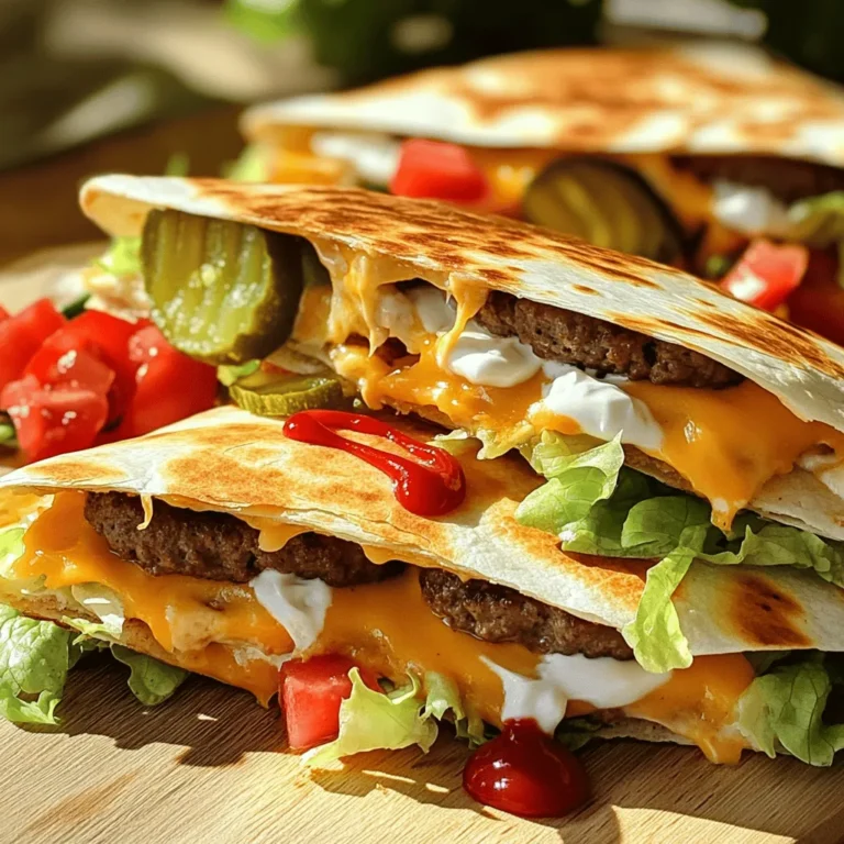 - 1 lb ground beef - 4 large flour tortillas - 2 cups shredded cheddar cheese - 1 cup diced tomatoes - ½ cup sliced pickles - ½ cup shredded lettuce - ½ cup ketchup - ½ cup sour cream For this Smashburger Quesadilla recipe, the main ingredients create a flavorful base. The ground beef gives it a hearty taste, while flour tortillas hold everything together. I love using cheddar cheese for its rich flavor and meltability. You can add fun toppings to make each bite unique. Diced tomatoes add freshness. Sliced pickles bring a tangy crunch. Shredded lettuce gives a nice texture and color. Finally, condiments like ketchup and sour cream enhance the flavor. They provide a creamy and tangy finish that pairs well with the quesadilla. This simple ingredient list makes it easy for anyone to enjoy making this dish at home. Mixing the ingredients Start by taking 1 pound of ground beef. Add ½ teaspoon of garlic powder, ½ teaspoon of onion powder, and 1 teaspoon of chili powder. Don’t forget salt and pepper! Use your hands or a spoon. Mix until everything blends well. Shaping and cooking the patties Next, heat a large skillet over medium-high heat. Shape the beef mixture into small patties. Each should be about 2 to 3 inches wide. Use a spatula to smash each patty down. This gives it a crispy texture. Cook the patties for 3 to 4 minutes on each side. You want them well-browned and cooked through. Once done, place the patties on a plate. Layering cheese and beef In the same skillet, lower the heat to medium. Place one tortilla in the pan. Evenly sprinkle ½ cup of shredded cheddar cheese on top. Then, add 3 to 4 cooked beef patties over the cheese. Adding toppings Next, add diced tomatoes, sliced pickles, and a handful of shredded lettuce. Top it all off with another ½ cup of shredded cheese. Carefully place a second tortilla over everything. Cooking the first side Cook for about 3 to 4 minutes. This will make the bottom tortilla golden brown. The cheese should start melting. Flipping and finishing Now, carefully flip the quesadilla using a spatula. Make sure the filling stays inside. Cook the other side for another 3 to 4 minutes. This side should also be golden brown and crispy. Remove the quesadilla from the skillet. Let it cool for a minute, then slice it into wedges. Enjoy with ketchup and sour cream on the side! - Achieving the perfect patty texture: To get a great texture, mix the ground beef well. Use your hands to blend the spices into the meat. When you smash the patties, press firmly. This creates a crispy outside and a juicy inside. - Ideal skillet temperature: Heat the skillet on medium-high. A hot skillet helps the patties cook evenly and brown nicely. If the skillet is not hot enough, the patties might stick or not cook well. - Garnishing ideas: After slicing the quesadilla, sprinkle fresh herbs on top. Chopped cilantro or green onions add color and flavor. You can also add more diced tomatoes for a fresh touch. - Pairing options: Serve your quesadillas with crispy tortilla chips or a fresh salad. A side of guacamole or salsa can enhance the meal. These options add crunch and balance the flavors. - Prepping ingredients in advance: You can mix the beef and spices the night before. Cut the veggies ahead of time too. This way, when you’re ready to cook, everything is ready to go. - Cooking multiple quesadillas: If you have a big skillet, cook two quesadillas at once. This saves time and keeps everyone happy. Just make sure to flip them carefully! {{image_4}} You can change up the cheese for your Smashburger Quesadillas. Here are some tasty options: - Monterey Jack: This cheese melts well and adds a creamy texture. - Pepper Jack: This adds a nice kick with its jalapeño bits. - Mozzarella: It gives a mild taste and stretchy goodness. For protein, you have choices too: - Ground turkey: A leaner option that still tastes great. - Shredded chicken: Perfect for a different texture. - Black beans: A hearty vegetarian swap that packs protein. Want to spice things up? Here are some ideas for extra flavor: - Add sliced jalapeños for a spicy twist. They give a nice heat and crunch. - Use smoked paprika or cumin for a deeper taste. These spices add warmth and richness. If you need to make changes for diet reasons, here are some options: - Gluten-free tortillas are available at most stores. They taste great and hold the fillings well. - For a vegetarian version, use mushrooms or zucchini instead of beef. These veggies can add a nice texture and flavor. These swaps and enhancements make your Smashburger Quesadillas fun and unique. Enjoy experimenting! To keep your Smashburger Quesadillas fresh, store them in the fridge. Place them in an airtight container. This will help them stay tasty for up to three days. If you want to save them longer, freezing is a great option. Wrap each quesadilla tightly in plastic wrap. Then, place them in a freezer-safe bag. They can last up to three months in the freezer. When you're ready to eat your leftovers, reheating them properly is key. The best method is to use a skillet. Heat the skillet over medium heat. Place the quesadilla in the pan and cover it with a lid. This helps keep the heat in and warms it evenly. Cook for about 3-4 minutes on each side. To keep your quesadilla crispy, avoid using a microwave. Microwaving can make it soggy. Instead, use the skillet method for that crunchy texture. Enjoy your tasty quesadilla just like it was fresh! Popular side dishes include: - Crispy tortilla chips - Fresh guacamole - Spicy salsa - Steamed corn - Mixed green salad These sides add crunch and flavor. They balance the savory quesadilla. You can also try serving them with a refreshing drink, like lemonade or iced tea. Yes, you can prepare these quesadillas ahead. Here are some tips: - Cook the beef patties: You can cook them in advance and refrigerate. - Assemble before serving: Keep the tortillas and toppings separate until ready to cook. - Freeze for later: You can freeze unassembled quesadillas. Just layer them with parchment paper in between. When you're ready, just cook them in a skillet for a quick meal. You can easily personalize your quesadilla. Here are some suggestions: - Add different cheeses: Try pepper jack or mozzarella for a twist. - Change the protein: Use chicken, turkey, or even beans for a vegetarian option. - Include more veggies: Bell peppers, onions, or jalapeños add extra flavor. - Spice it up: Add hot sauce or your favorite seasoning blend. These ideas let you create a quesadilla that fits your taste perfectly. This blog post covered how to make delicious Smashburger Quesadillas. We discussed key ingredients like beef, tortillas, and cheese. You learned how to prepare patties and assemble the dish with tasty toppings. I shared cooking tips, storage methods, and fun variations. In conclusion, have fun customizing your quesadilla. Experiment with different flavors and enjoy your creation. Get ready to impress your friends and family with this tasty meal!