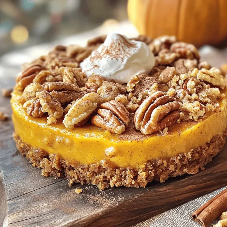 - 2 cups all-purpose flour - 1 ½ cups granulated sugar - 1 tablespoon pumpkin pie spice - 1 teaspoon baking powder - 1 teaspoon baking soda - ½ teaspoon salt - 1 cup canned pumpkin puree - ½ cup vegetable oil - 4 large eggs - 1 teaspoon vanilla extract - 1 cup chopped pecans - 1 cup brown sugar - ½ cup cold butter, cut into small cubes - 1 teaspoon ground cinnamon Each ingredient plays a key role in making the Pumpkin Spice Crunch Cake special. Let's break them down: - All-purpose flour gives the cake structure. It helps the cake rise and hold its shape. - Granulated sugar adds sweetness and helps the cake stay moist. - Pumpkin pie spice is a blend of warm flavors. It includes cinnamon, ginger, and nutmeg, giving the cake its fall aroma. - Baking powder and baking soda are leavening agents. They help the cake rise and become fluffy. - Salt enhances the flavors of the cake. It balances the sweetness. - Canned pumpkin puree brings moisture and a rich pumpkin flavor to the cake. - Vegetable oil keeps the cake tender and moist. - Large eggs bind the ingredients together and help the cake rise. - Vanilla extract adds a lovely depth of flavor. - Chopped pecans bring a nice crunch and nutty taste. - Brown sugar adds a deeper sweetness and moisture. - Cold butter creates a crunchy topping. It melts and mixes with the sugar and pecans. - Ground cinnamon adds extra warmth and spice to the crunch topping. Each ingredient works together to create a delicious fall treat. Enjoy these flavors as you bake your Pumpkin Spice Crunch Cake! - Preheat and Prepare the Pan: Start by preheating your oven to 350°F (175°C). Grease a 9x13 inch cake pan with butter or cooking spray. Dust it with flour to prevent sticking. - Mix Dry Ingredients: In a large bowl, sift together 2 cups of all-purpose flour, 1 ½ cups of granulated sugar, 1 tablespoon of pumpkin pie spice, 1 teaspoon of baking powder, 1 teaspoon of baking soda, and ½ teaspoon of salt. Whisk until well combined. - Combine Wet Ingredients: In another bowl, whisk together 1 cup of canned pumpkin puree, ½ cup of vegetable oil, 4 large eggs, and 1 teaspoon of vanilla extract. Mix until the mixture is smooth. - Combine Wet and Dry Mixtures: Slowly pour the wet ingredients into the dry mix. Gently stir with a spatula until just combined. A few lumps are okay, so don’t overmix! - Spread the Batter: Pour the batter into your prepared cake pan. Use a spatula to smooth the top so the layer is even. - Prepare the Crunch Topping: In a small bowl, mix 1 cup of chopped pecans, 1 cup of brown sugar, and 1 teaspoon of ground cinnamon. Make sure the pecans are well-coated. - Dot with Butter: Take ½ cup of cold butter, cut into small cubes, and dot it over the crunch mixture on top of the batter. Spread it out evenly. - Bake the Cake: Place the cake in the oven and bake for 30 to 35 minutes. To check if it's done, insert a toothpick into the center. It should come out clean when the cake is ready. How to check for doneness Insert a toothpick into the center of the cake. If it comes out clean, the cake is done. If it has batter on it, bake a few more minutes. Oven times can vary, so keep an eye on it. Ensuring a moist texture To keep your cake moist, do not overmix the batter. Mix just until combined. Also, make sure to use fresh canned pumpkin puree. This will add moisture and flavor. Serving suggestions Serve slices warm or at room temperature. This enhances the flavors and makes the cake more inviting. Pair it with a scoop of vanilla ice cream for a treat. Garnishes for added flavor Top each slice with a dollop of whipped cream. Add a sprinkle of cinnamon on top for a festive touch. Chopped pecans also make a great garnish, adding crunch and flavor. What to do if the cake sinks If your cake sinks, it might be due to underbaking or too much liquid. Ensure your oven is at the right temperature. Always check for doneness with a toothpick. Tips for achieving the right crunch To get a great crunch, evenly distribute the butter on top of the mix. Make sure to mix your pecans with brown sugar and cinnamon well, so they form a nice topping. {{image_4}} You can add chocolate chips for a sweet twist. They melt and blend well with the cake. Think about using dark, semi-sweet, or even white chocolate. Each type gives a unique taste. Another great idea is to use different nuts. Walnuts bring a nice crunch and earthy flavor. You can also use almonds or pecans. Just chop them up and mix them in. This adds texture and taste to your cake. If you need a gluten-free version, swap the all-purpose flour for a gluten-free blend. Many brands work well in baking. Look for one that measures cup-for-cup. This keeps the taste and texture similar. For a healthier cake, use sugar substitutes like stevia or monk fruit. They add sweetness without the calories. Adjust the amount based on your taste. This change can make your cake lower in sugar. Using fresh pumpkin instead of canned can boost the flavor. Roast and puree your pumpkin for a fresh taste. It may take a little longer, but the results are worth it. You can also adapt the cake for different holidays. Add spices like nutmeg for Thanksgiving. Use festive sprinkles for a birthday party. These small changes can make your cake fit any occasion! You can keep your Pumpkin Spice Crunch Cake at room temperature for up to three days. Use a cake dome or cover it with plastic wrap. This helps keep the cake moist and fresh. If you live in a warm area, consider putting it in the fridge. It will last about a week in the fridge. Just remember to wrap it well. To freeze the cake, first let it cool completely. Then, wrap it tightly in plastic wrap. You can also use aluminum foil for extra protection. Place the wrapped cake in a freezer-safe container or bag. It can stay in the freezer for up to three months. When you want to enjoy it, take the cake out and let it thaw in the fridge overnight. If you prefer, you can also thaw it at room temperature for a few hours. Once thawed, warm the slices in the oven for a few minutes. This brings back its fresh-baked taste! Can I use fresh pumpkin puree instead of canned? Yes, you can use fresh pumpkin puree. Just cook the pumpkin until soft, then mash it. Drain excess water for a thicker texture. This gives your cake a fresh taste. How long does Pumpkin Spice Crunch Cake last? The cake lasts about three to four days at room temperature. If you keep it in the fridge, it may last up to a week. Just make sure to cover it well to keep it moist. What can I use instead of eggs? For each egg, you can use 1/4 cup of unsweetened applesauce. This keeps your cake moist and adds a bit of sweetness. You can also try mashed bananas or flaxseed meal mixed with water. Alternatives for vegetable oil If you want to swap vegetable oil, use melted coconut oil or unsweetened applesauce. Both keep your cake moist and tasty. How to adjust for high altitude At high altitudes, reduce the baking powder by 1/4 teaspoon. You may also need to add 1-2 tablespoons of extra flour to keep the cake from rising too quickly. What to do if the batter is too thick If your batter is too thick, add a tablespoon of milk or water. Stir gently until you reach a smoother consistency, perfect for baking. You’ve learned about making Pumpkin Spice Crunch Cake from scratch. We covered the ingredients, step-by-step instructions, and tips for perfecting your bake. You can add variations to make it your own, and I shared ways to store and freeze it well. With the right techniques, you'll create a treat everyone loves. This cake can become a seasonal favorite. Enjoy baking and sharing your creation!