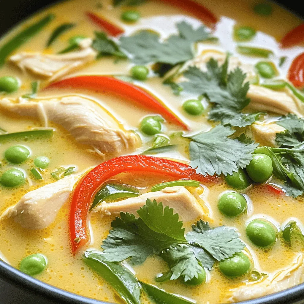 - 1 tablespoon coconut oil - 1 pound chicken breast, thinly sliced - 1 teaspoon fresh ginger, minced - 2 cloves garlic, minced To start your soup, coconut oil is key. It adds rich flavor and helps cook the chicken. Choose fresh chicken breast. Thinly slice it for quick cooking. Fresh ginger gives warmth, while garlic adds depth. - 2 tablespoons red curry paste - 1 tablespoon fish sauce - 1 tablespoon freshly squeezed lime juice Red curry paste brings heat and spice. It’s a staple in Thai cooking. Fish sauce adds umami, a savory taste. Lime juice brightens the soup. These flavors blend well and create a delicious base. - 1 red bell pepper, thinly sliced - 1 cup snap peas, trimmed - 2 green onions, thinly sliced For crunch, add red bell pepper and snap peas. They stay vibrant and crisp when cooked briefly. Green onions give a fresh finish. Use them as a garnish for color and flavor. 1. First, melt 1 tablespoon of coconut oil in a large pot over medium heat. Watch as the oil coats the bottom of the pot. 2. Next, add 1 pound of thinly sliced chicken breast. Sauté it for about 5 to 7 minutes. Stir often, cooking until the chicken is browned and no longer pink inside. 1. After the chicken is done, add 1 teaspoon of minced fresh ginger and 2 cloves of minced garlic. Stir them in for about 1 minute. You will smell their lovely aroma fill the air. 2. Now, mix in 2 tablespoons of red curry paste. Stir well so that every piece of chicken is coated with this vibrant paste. 1. Gradually pour in 4 cups of low-sodium chicken broth and 1 can of full-fat coconut milk. Stir to mix everything together. Bring the soup to a gentle simmer over medium heat. 2. Once it simmers, add 1 thinly sliced red bell pepper and 1 cup of trimmed snap peas. Cook for another 5 minutes. This will soften the vegetables but keep their bright colors. 3. Finally, stir in 1 tablespoon of fish sauce and 1 tablespoon of freshly squeezed lime juice. Taste and add salt and pepper as needed. 4. When ready, remove the pot from heat. Serve hot, topped with sliced green onions and fresh cilantro leaves for a tasty finish. Using thinly sliced chicken speeds up cooking time. It cooks evenly and quickly. This method helps you get a tender bite in every spoonful. Managing heat is also key. Keep the pot on medium heat for a quick simmer. This way, the soup bubbles gently, blending the flavors without boiling over. Adjusting the spice level can make your soup perfect for your taste. If you like it hot, add more red curry paste. For less heat, use less. Fish sauce adds depth to the soup. If you need an alternative, use soy sauce or tamari. Both provide a savory flavor without the fishy taste. Garnishing with fresh cilantro gives a bright touch to your dish. Just sprinkle it on top before serving. For serving, consider crusty bread or steamed rice. Both soak up the broth well. Plus, they make your meal feel complete and cozy. {{image_4}} You can switch up the protein in this soup. Shrimp is a great choice. It cooks quickly and adds a nice flavor. Just add it near the end, so it doesn’t overcook. Tofu is also a good option for a plant-based meal. Firm tofu absorbs all the flavors well. If you want chicken, try using thighs instead of breasts. Thighs stay juicy and tender. Feel free to change the veggies in your soup. Zucchini adds a nice texture. Slice it thin and toss it in with the other vegetables. Mushrooms bring an earthy flavor. You can use any kind, like shiitake or button. Leafy greens like spinach or bok choy work well too. Add them at the end to keep them bright and fresh. Want more heat? Modify the red curry paste amount. Add more if you enjoy spicy food. Start with a little, then taste as you go. You can also sprinkle in chili flakes for extra kick. Just a pinch can elevate the flavor. Always keep tasting to find the right balance for your palate. To store leftovers, let the soup cool first. Use an airtight container. This keeps the soup fresh. You can store it in the fridge for up to three days. When you are ready to eat, reheat the soup gently. Use a pot over low heat or the microwave. Stir it well to ensure even heating. If you want to freeze the soup, use freezer-safe containers. Leave some space at the top because soup expands when frozen. It is best to freeze it within a day or two of making it. To thaw, place the container in the fridge overnight. You can also use the microwave for quick thawing. Just be sure to stir it often. The soup lasts in the fridge for about three days. After that, it may spoil. Look for signs of spoilage, like a bad smell or mold. If it seems off, throw it away to stay safe. Enjoy your Weeknight Thai Chicken Soup fresh for the best taste! It takes about 30 minutes to make this soup. You spend 10 minutes prepping the ingredients. Then, you cook it for about 20 minutes. This quick time helps you enjoy a tasty meal on busy nights. Yes, you can make this soup ahead of time. Prepare the chicken, ginger, and garlic in advance. Store them in the fridge until you are ready to cook. You can also chop the bell pepper and snap peas early. Just add them when you are ready to finish the soup. This saves time and makes cooking easy. Yes, this soup can be gluten-free. Use gluten-free fish sauce and check the red curry paste. Most brands are gluten-free, but always read the label. The other ingredients, like chicken and vegetables, are naturally gluten-free. Enjoy this soup without worry! This blog post explored the key ingredients and steps needed to create a delicious weeknight Thai chicken soup. You learned about using coconut oil, chicken, and fresh spices to build flavor. We covered quick cooking tips, variations for different proteins, and how to store leftovers properly. In closing, this soup is a simple, tasty meal you can enjoy any night. Feel free to make it your own by adjusting flavors and veggies!