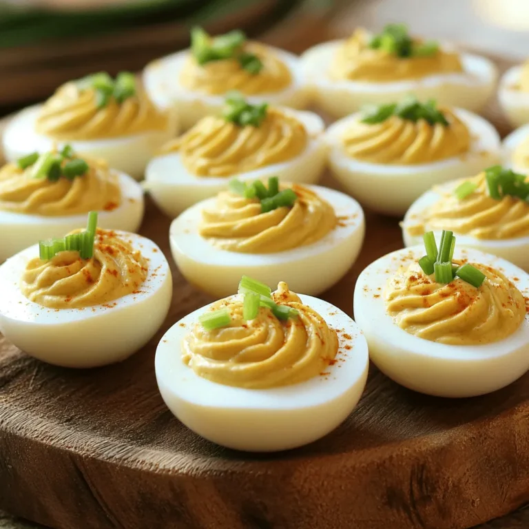 For the best Thanksgiving deviled eggs, you will need: - 6 large eggs - 3 tablespoons creamy mayonnaise - 1 teaspoon smooth Dijon mustard - 1 tablespoon tangy apple cider vinegar - 1/4 cup finely chopped celery - 2 tablespoons finely chopped shallots - 1 teaspoon smoky paprika - Salt and pepper to taste These ingredients give the eggs a rich and tasty filling. The creamy mayo blends well with the yolks. Dijon mustard adds a nice zing, while apple cider vinegar brings brightness. The celery adds crunch, and the shallots add sweetness. The smoky paprika finishes it off with flavor. To make your deviled eggs stand out, try these garnishes: - Fresh chives, finely chopped - Additional smoked paprika for color These garnishes not only look great but also enhance the taste. Chives give a fresh herb note, while more paprika adds a fun pop. When serving your deviled eggs, consider these pairings: - A light salad with crisp greens - Crackers or toasted bread for crunch - A selection of meats like turkey or ham These pairings create a well-rounded appetizer plate. They balance flavors and add texture, making your Thanksgiving spread even better. To start, place six large eggs in a medium pot. Make sure they sit in a single layer. Next, add cold water until it covers the eggs by about one inch. Turn on the heat to medium-high and bring the water to a boil. Once it boils, cover the pot and take it off the heat. Let it sit for 12 minutes. After that, transfer the eggs to a bowl of ice water. Let them cool there for about five minutes. This stops the cooking and helps with peeling. Once the eggs are cool, gently tap each one on a hard surface to crack the shell. Peel the eggs under cold running water for an easy finish. Slice the eggs in half lengthwise and remove the yolks with a small spoon. Place the yolks in a bowl. Mash the yolks with a fork until smooth. Add three tablespoons of creamy mayonnaise, one teaspoon of Dijon mustard, and one tablespoon of apple cider vinegar. To this mix, add 1/4 cup of chopped celery and 2 tablespoons of chopped shallots. Finally, sprinkle in one teaspoon of smoky paprika. Stir until the mixture is creamy. Taste and add salt and pepper as needed. Now comes the fun part! You can either spoon or use a piping bag to fill the egg whites with the yolk mixture. Make sure each egg is generously filled. For the finishing touch, lightly sprinkle some smoked paprika on top and add finely chopped fresh chives. This adds both color and flavor. Arrange the deviled eggs on a nice plate for your Thanksgiving feast. Enjoy! To peel hard-boiled eggs easily, start with older eggs. Fresh eggs are harder to peel. After boiling, cool the eggs in ice water. This step helps loosen the shell. When peeling, tap the egg gently on a hard surface. Then, peel it under running cold water. This method helps remove the shell without damaging the egg. For the best hard-boiled eggs, follow these timing tips. Bring the water to a boil before adding the eggs. Once the water boils, cover the pot and turn off the heat. Let the eggs sit for 12 minutes. This timing gives you perfect yolks without greenness. Afterward, cool the eggs in ice water for about 5 minutes. This stops the cooking process and firms up the whites. Presentation can make your deviled eggs shine at Thanksgiving. Use a decorative plate or a festive platter. Arrange the eggs in a circle or a fun pattern. Garnish them with fresh chives for color and flavor. You can also sprinkle extra smoked paprika on top. These small touches will impress your guests and make the dish festive. {{image_4}} Classic Thanksgiving deviled eggs are simple yet delicious. I start with the basic filling. The creamy mix of mayonnaise, Dijon mustard, and apple cider vinegar gives a tasty tang. I always add chopped celery for a nice crunch and shallots for a touch of sweetness. It’s a crowd-pleaser, perfect for any gathering. I finish them with a sprinkle of smoky paprika and fresh chives. This classic version brings back warm memories of family dinners. If you love heat, try spicy Thanksgiving deviled eggs. To the classic filling, I add a teaspoon of hot sauce. This kick makes them exciting! You can also mix in diced jalapeños for a fresh twist. The heat pairs well with the creamy yolk filling. I still add my chopped celery and shallots for extra flavor. Garnish with a slice of jalapeño on top for a fun touch. These spicy bites will have your guests talking! For a fresh and vibrant option, go for herb-infused Thanksgiving deviled eggs. I love adding fresh herbs like dill, parsley, or chives to the filling. The herbs brighten the flavor and scent. You can mix in a teaspoon of fresh lemon juice for a zesty punch. This version feels especially light and festive. Top with an extra herb sprig for a lovely finish. These herb-infused eggs are a delightful twist on the classic! After your feast, store any leftover deviled eggs in the fridge. Place them in an airtight container to keep them fresh. You can also cover the tray with plastic wrap if you don't have a container. Keep them chilled until you're ready to eat again. For the best taste, eat deviled eggs within three days. If you notice any changes in color or smell, toss them out. To prevent the egg whites from drying, avoid exposing them to air too much. You can also lay a damp paper towel over the eggs if they sit out for a bit. Deviled eggs are best served cold, so reheating is not needed. If you want to serve them warm, place them in a warm spot for a few minutes. Just remember, they taste best when chilled. Enjoy your deviled eggs fresh for the best flavor! Homemade deviled eggs can last up to three days in the fridge. Store them in a sealed container to keep them fresh. The eggs may dry out if left uncovered. Always check for any off smells or changes in texture before eating. Yes, you can make deviled eggs a day ahead of your event. Prepare them and store them in the fridge. Cover them tightly to maintain freshness. This helps save time on the day of your gathering. Just add the garnish right before serving for the best look. If you want a mayo substitute, try Greek yogurt or avocado. Greek yogurt adds creaminess and tang. Avocado gives a rich, buttery flavor. You can also use sour cream for a different taste. Each option will change the flavor a bit, so choose what you like best. Thanksgiving deviled eggs are a wonderful addition to any feast. We explored main ingredients, garnishes, and serving ideas. You learned step-by-step how to boil, fill, and garnish your eggs. The tips helped you with peeling and presentation. Variations like spicy and herb-infused options spice things up. Lastly, I gave you storage tips and answered common questions. Now, you’re ready to wow your guests with your deviled eggs. Enjoy your cooking and happy Thanksgiving!