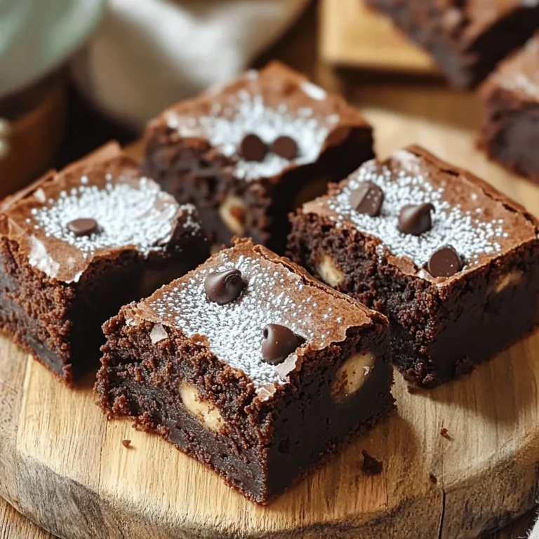 - 1 cup (230g) unsalted butter, cut into cubes - 2 cups (400g) granulated sugar - 4 large eggs at room temperature - 1 teaspoon pure vanilla extract - 1 cup (125g) all-purpose flour - 1 cup (90g) unsweetened cocoa powder - 1/2 teaspoon fine sea salt - 1/2 teaspoon baking powder - 1 cup (150g) semi-sweet or dark chocolate chips - 1/2 cup (75g) chopped walnuts or pecans (optional) To make these fudgy brownies, you'll need simple, high-quality ingredients. Unsalted butter gives the best taste. It melts well and mixes smoothly with sugar. Granulated sugar sweetens and helps create that shiny top. Eggs add moisture and richness. Make sure they are at room temperature for the best results. Vanilla extract gives a nice flavor boost. All-purpose flour provides structure, while cocoa powder brings that deep chocolate taste. Sea salt balances sweetness. Baking powder helps the brownies rise a bit. Chocolate chips are a must for extra chocolate goodness. You can choose semi-sweet or dark chocolate, depending on your taste. If you like nuts, walnuts or pecans add a nice crunch. Gather these ingredients and get ready to make a treat that everyone will love! - First, preheat your oven to 350°F (175°C). This helps your brownies bake evenly. - Next, take a 9x13 inch (23x33 cm) baking pan. Grease it with butter or cooking spray. Then, line it with parchment paper. Leave some paper hanging over the sides. This makes it easy to lift the brownies out after baking. - In a medium saucepan, place 1 cup of cubed unsalted butter. Melt it over low heat. - Once melted, remove the pan from the heat. Stir in 2 cups of granulated sugar with a wooden spoon. Mix until smooth and shiny. - Let the butter-sugar mix cool for about 5 minutes. Then, whisk in 4 large eggs, one at a time. Make sure each egg is mixed well before adding another. Finally, mix in 1 teaspoon of vanilla extract. - In a separate bowl, sift together 1 cup of all-purpose flour, 1 cup of unsweetened cocoa powder, 1/2 teaspoon of fine sea salt, and 1/2 teaspoon of baking powder. This helps prevent lumps in your batter. - Gradually add the dry mix to the wet mix. Stir gently with a spatula until just combined. Be careful; overmixing can make the brownies tough. - Now, fold in 1 cup of chocolate chips and, if you want, 1/2 cup of chopped walnuts or pecans. Make sure they spread evenly in the batter. - Pour the thick batter into the prepared baking pan. Use a spatula to smooth it out into an even layer. - Bake in the preheated oven for 25-30 minutes. Check for doneness by inserting a toothpick into the center. It should come out with a few moist crumbs. Avoid overbaking to keep them fudgy! - Once baked, take the brownies out of the oven. Let them cool in the pan for 15 minutes. - Carefully lift the brownies out using the parchment paper. Place them on a wire rack to cool completely. - After cooling, cut into squares or rectangles. Enjoy these rich, chocolatey treats! To get the perfect fudgy texture, avoid overmixing the batter. Mix just until you see no dry flour. Overmixing makes brownies tough instead of chewy and fudgy. Use the toothpick test to check for doneness. When you insert a toothpick into the center, it should come out with a few moist crumbs. If it’s clean, you may have overbaked them. Using high-quality cocoa powder makes a big difference. It adds rich flavor and depth to the brownies. I love using Dutch-processed cocoa for its smooth taste. For chocolate chips, semi-sweet or dark chocolate chips work best. They melt beautifully and add extra richness to each bite. When serving, cut the brownies into even squares for a neat look. You can arrange them on a decorative platter. For a touch of elegance, dust them with powdered sugar. Pair your brownies with a scoop of creamy vanilla ice cream for a delicious contrast. Add a few fresh berries on the side for color and flavor. {{image_4}} You can boost the taste of your brownies in fun ways. One great option is to add extracts like mint or almond. Just a teaspoon can change the flavor! Another tasty idea is to swirl in peanut butter or caramel right before baking. This adds a creamy richness that melts in your mouth. If you need gluten-free brownies, swap the all-purpose flour for a gluten-free blend. Many brands work well in recipes. For vegan brownies, replace the eggs with flax eggs or unsweetened applesauce. You can use dairy-free chocolate chips to keep it vegan and still delicious. You can make holiday-themed fudgy brownies too! Add spices like cinnamon or nutmeg for a festive touch. You can also mix in seasonal fruits like pumpkin or mashed bananas. These changes make each batch unique and perfect for any time of year. To keep your fudgy brownies fresh, wrap them tightly. Use plastic wrap or foil. Place them in an airtight container. Store them in the fridge for up to a week. If you want to keep them longer, freezing works great! To freeze, cut the brownies into squares. Wrap each square in plastic wrap. Then, place the wrapped brownies in a freezer bag. They can last up to three months in the freezer. When it comes to reheating, you have options. You can use the oven or the microwave. For the oven, preheat it to 350°F (175°C). Place the brownies on a baking sheet. Heat them for about 10 minutes. This will warm them up while keeping them fudgy. If you're in a hurry, the microwave works too. Place a brownie on a microwave-safe plate. Heat it for about 10-15 seconds. Check to make sure it’s warm but not hot. Enjoy the gooey goodness right away! Fudgy brownies can last for a week in the fridge. In the freezer, they can stay fresh for three months. Always check for signs of spoilage. If you see mold or an off smell, it's best to toss them. To keep your brownies fresh, use good storage methods. This helps maintain their rich taste and texture. Enjoy your delicious treats! To make fudgy brownies from scratch, follow these steps: - Preheat your oven to 350°F (175°C). - Grease a 9x13 inch baking pan and line it with parchment paper. - Melt 1 cup of unsalted butter in a saucepan. - Stir in 2 cups of granulated sugar until smooth. - Cool the mixture, then add 4 large eggs and 1 teaspoon of vanilla extract. - In another bowl, sift 1 cup of flour, 1 cup of cocoa powder, 1/2 teaspoon of salt, and 1/2 teaspoon of baking powder. - Combine dry and wet ingredients, then fold in 1 cup of chocolate chips. - Pour the batter into the pan and bake for 25-30 minutes. This will yield rich, fudgy brownies you’ll love. Fudgy brownies have more fat and less flour than cakey ones. Fudgy ones use more butter and chocolate. Cakey brownies rely on more flour and baking powder. This difference creates texture. If you want fudgy brownies, stick to the recipe's fat ratio. Yes, you can use unsweetened cocoa powder instead of chocolate. In fact, this recipe already calls for 1 cup of cocoa powder. This gives the brownies a rich chocolate flavor. Just remember to adjust the sugar if you use sweetened cocoa. If your brownies are too dry, check the baking time. Overbaking is a common cause. Try to bake for less time next time. You can also add a bit more butter or chocolate chips for moisture. This will help keep them fudgy. Absolutely! You can add nuts to your brownie batter. Chopped walnuts or pecans work well. Just fold in 1/2 cup of nuts after mixing the batter. This adds crunch and flavor to your fudgy brownies. To check if brownies are done, use a toothpick. Insert it into the center of the brownies. If it comes out with a few moist crumbs, they are done. If it comes out clean, they may be overbaked. Keep a close eye during the last few minutes! You learned how to make fudgy brownies from scratch, starting with key ingredients. I shared simple steps to prep, mix, and bake. Tips helped you master texture, flavor, and presentation. We also discussed fun variations and storage methods. Enjoying brownies is easy when you follow these steps. Get creative and share with friends! For the best results, trust the process and have fun in your kitchen. Happy baking!