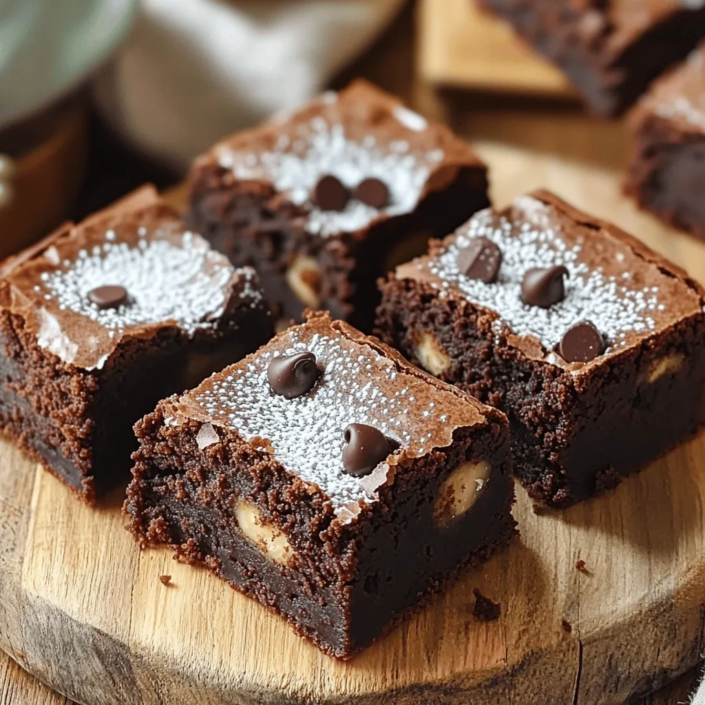 - 1 cup (230g) unsalted butter, cut into cubes - 2 cups (400g) granulated sugar - 4 large eggs at room temperature - 1 teaspoon pure vanilla extract - 1 cup (125g) all-purpose flour - 1 cup (90g) unsweetened cocoa powder - 1/2 teaspoon fine sea salt - 1/2 teaspoon baking powder - 1 cup (150g) semi-sweet or dark chocolate chips - 1/2 cup (75g) chopped walnuts or pecans (optional) To make these fudgy brownies, you'll need simple, high-quality ingredients. Unsalted butter gives the best taste. It melts well and mixes smoothly with sugar. Granulated sugar sweetens and helps create that shiny top. Eggs add moisture and richness. Make sure they are at room temperature for the best results. Vanilla extract gives a nice flavor boost. All-purpose flour provides structure, while cocoa powder brings that deep chocolate taste. Sea salt balances sweetness. Baking powder helps the brownies rise a bit. Chocolate chips are a must for extra chocolate goodness. You can choose semi-sweet or dark chocolate, depending on your taste. If you like nuts, walnuts or pecans add a nice crunch. Gather these ingredients and get ready to make a treat that everyone will love! - First, preheat your oven to 350°F (175°C). This helps your brownies bake evenly. - Next, take a 9x13 inch (23x33 cm) baking pan. Grease it with butter or cooking spray. Then, line it with parchment paper. Leave some paper hanging over the sides. This makes it easy to lift the brownies out after baking. - In a medium saucepan, place 1 cup of cubed unsalted butter. Melt it over low heat. - Once melted, remove the pan from the heat. Stir in 2 cups of granulated sugar with a wooden spoon. Mix until smooth and shiny. - Let the butter-sugar mix cool for about 5 minutes. Then, whisk in 4 large eggs, one at a time. Make sure each egg is mixed well before adding another. Finally, mix in 1 teaspoon of vanilla extract. - In a separate bowl, sift together 1 cup of all-purpose flour, 1 cup of unsweetened cocoa powder, 1/2 teaspoon of fine sea salt, and 1/2 teaspoon of baking powder. This helps prevent lumps in your batter. - Gradually add the dry mix to the wet mix. Stir gently with a spatula until just combined. Be careful; overmixing can make the brownies tough. - Now, fold in 1 cup of chocolate chips and, if you want, 1/2 cup of chopped walnuts or pecans. Make sure they spread evenly in the batter. - Pour the thick batter into the prepared baking pan. Use a spatula to smooth it out into an even layer. - Bake in the preheated oven for 25-30 minutes. Check for doneness by inserting a toothpick into the center. It should come out with a few moist crumbs. Avoid overbaking to keep them fudgy! - Once baked, take the brownies out of the oven. Let them cool in the pan for 15 minutes. - Carefully lift the brownies out using the parchment paper. Place them on a wire rack to cool completely. - After cooling, cut into squares or rectangles. Enjoy these rich, chocolatey treats! To get the perfect fudgy texture, avoid overmixing the batter. Mix just until you see no dry flour. Overmixing makes brownies tough instead of chewy and fudgy. Use the toothpick test to check for doneness. When you insert a toothpick into the center, it should come out with a few moist crumbs. If it’s clean, you may have overbaked them. Using high-quality cocoa powder makes a big difference. It adds rich flavor and depth to the brownies. I love using Dutch-processed cocoa for its smooth taste. For chocolate chips, semi-sweet or dark chocolate chips work best. They melt beautifully and add extra richness to each bite. When serving, cut the brownies into even squares for a neat look. You can arrange them on a decorative platter. For a touch of elegance, dust them with powdered sugar. Pair your brownies with a scoop of creamy vanilla ice cream for a delicious contrast. Add a few fresh berries on the side for color and flavor. {{image_4}} You can boost the taste of your brownies in fun ways. One great option is to add extracts like mint or almond. Just a teaspoon can change the flavor! Another tasty idea is to swirl in peanut butter or caramel right before baking. This adds a creamy richness that melts in your mouth. If you need gluten-free brownies, swap the all-purpose flour for a gluten-free blend. Many brands work well in recipes. For vegan brownies, replace the eggs with flax eggs or unsweetened applesauce. You can use dairy-free chocolate chips to keep it vegan and still delicious. You can make holiday-themed fudgy brownies too! Add spices like cinnamon or nutmeg for a festive touch. You can also mix in seasonal fruits like pumpkin or mashed bananas. These changes make each batch unique and perfect for any time of year. To keep your fudgy brownies fresh, wrap them tightly. Use plastic wrap or foil. Place them in an airtight container. Store them in the fridge for up to a week. If you want to keep them longer, freezing works great! To freeze, cut the brownies into squares. Wrap each square in plastic wrap. Then, place the wrapped brownies in a freezer bag. They can last up to three months in the freezer. When it comes to reheating, you have options. You can use the oven or the microwave. For the oven, preheat it to 350°F (175°C). Place the brownies on a baking sheet. Heat them for about 10 minutes. This will warm them up while keeping them fudgy. If you're in a hurry, the microwave works too. Place a brownie on a microwave-safe plate. Heat it for about 10-15 seconds. Check to make sure it’s warm but not hot. Enjoy the gooey goodness right away! Fudgy brownies can last for a week in the fridge. In the freezer, they can stay fresh for three months. Always check for signs of spoilage. If you see mold or an off smell, it's best to toss them. To keep your brownies fresh, use good storage methods. This helps maintain their rich taste and texture. Enjoy your delicious treats! To make fudgy brownies from scratch, follow these steps: - Preheat your oven to 350°F (175°C). - Grease a 9x13 inch baking pan and line it with parchment paper. - Melt 1 cup of unsalted butter in a saucepan. - Stir in 2 cups of granulated sugar until smooth. - Cool the mixture, then add 4 large eggs and 1 teaspoon of vanilla extract. - In another bowl, sift 1 cup of flour, 1 cup of cocoa powder, 1/2 teaspoon of salt, and 1/2 teaspoon of baking powder. - Combine dry and wet ingredients, then fold in 1 cup of chocolate chips. - Pour the batter into the pan and bake for 25-30 minutes. This will yield rich, fudgy brownies you’ll love. Fudgy brownies have more fat and less flour than cakey ones. Fudgy ones use more butter and chocolate. Cakey brownies rely on more flour and baking powder. This difference creates texture. If you want fudgy brownies, stick to the recipe's fat ratio. Yes, you can use unsweetened cocoa powder instead of chocolate. In fact, this recipe already calls for 1 cup of cocoa powder. This gives the brownies a rich chocolate flavor. Just remember to adjust the sugar if you use sweetened cocoa. If your brownies are too dry, check the baking time. Overbaking is a common cause. Try to bake for less time next time. You can also add a bit more butter or chocolate chips for moisture. This will help keep them fudgy. Absolutely! You can add nuts to your brownie batter. Chopped walnuts or pecans work well. Just fold in 1/2 cup of nuts after mixing the batter. This adds crunch and flavor to your fudgy brownies. To check if brownies are done, use a toothpick. Insert it into the center of the brownies. If it comes out with a few moist crumbs, they are done. If it comes out clean, they may be overbaked. Keep a close eye during the last few minutes! You learned how to make fudgy brownies from scratch, starting with key ingredients. I shared simple steps to prep, mix, and bake. Tips helped you master texture, flavor, and presentation. We also discussed fun variations and storage methods. Enjoying brownies is easy when you follow these steps. Get creative and share with friends! For the best results, trust the process and have fun in your kitchen. Happy baking!