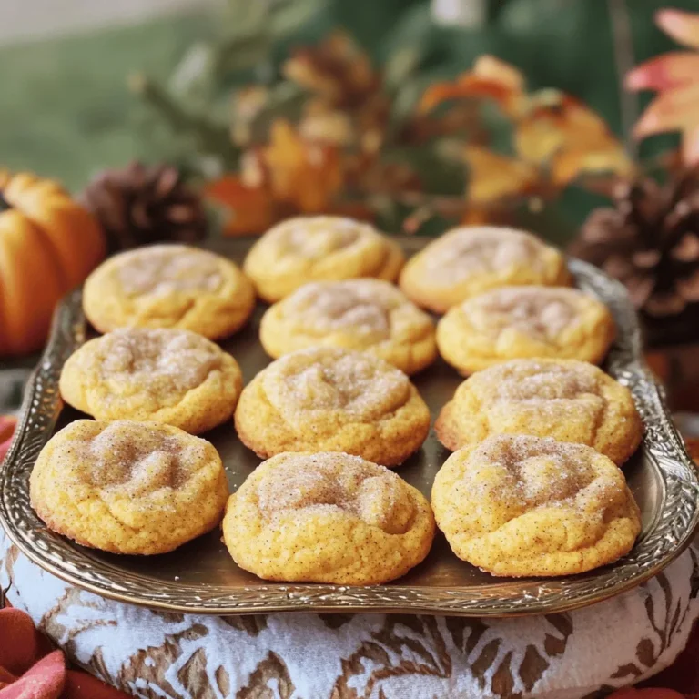 To make these delightful cookies, you will need: - 1 cup unsalted butter (for browning) - 1 cup pumpkin puree (canned or freshly made) - 1 cup granulated sugar - 1 cup packed brown sugar - 2 large eggs - 1 teaspoon vanilla extract - 3 ½ cups all-purpose flour - 1 teaspoon baking soda - ½ teaspoon baking powder - 1 teaspoon ground cinnamon - ½ teaspoon ground nutmeg - ½ teaspoon salt - ½ cup granulated sugar (for rolling) - 1 tablespoon ground cinnamon (for rolling) These ingredients work together to create a rich and flavorful cookie. The brown butter adds depth, while the pumpkin gives it a soft texture. You can switch things up with a few extra ingredients. Consider adding: - ½ cup chopped nuts (like pecans or walnuts) - ½ cup chocolate chips - 1 teaspoon pumpkin spice for extra flavor These options can bring new tastes and textures to your snickerdoodles. Feel free to mix and match! Gather your tools to make the process smooth: - Medium skillet for browning butter - Large mixing bowl - Whisk for mixing - Measuring cups and spoons - Baking sheet lined with parchment paper - Plastic wrap for chilling dough - Wire rack for cooling cookies Having the right equipment helps you create perfect cookies every time. Enjoy the baking process! To brown the butter, start by melting 1 cup of unsalted butter in a medium skillet over medium heat. Stir it often. After a few minutes, the butter will start to foam. Keep stirring until it turns a deep golden brown and smells nutty. This should take about 5 to 7 minutes. Once you reach this stage, remove the skillet from heat and let the butter cool slightly. In a large mixing bowl, mix the cooled browned butter with 1 cup of pumpkin puree, 1 cup of granulated sugar, 1 cup of packed brown sugar, 2 large eggs, and 1 teaspoon of vanilla extract. Use a whisk to combine everything well until you have a smooth mixture. This is the base for your cookies. Next, in a separate bowl, combine 3.5 cups of all-purpose flour, 1 teaspoon of baking soda, 0.5 teaspoon of baking powder, 1 teaspoon of ground cinnamon, 0.5 teaspoon of ground nutmeg, and 0.5 teaspoon of salt. Whisk these dry ingredients together until they are mixed well. Gradually add the dry mix to the wet ingredients, stirring gently. It’s okay if there are a few lumps in the dough. This means your cookies will be soft and chewy. Once your dough is mixed, cover the bowl with plastic wrap. Chill it in the fridge for at least 1 hour, or overnight if you can wait. Chilling helps deepen the flavors and makes the dough easier to work with. While the dough chills, preheat your oven to 350°F (175°C). Line a baking sheet with parchment paper for easy cookie removal when they are done baking. After chilling, take the dough out of the fridge. In a small bowl, mix 0.5 cup of granulated sugar with 1 tablespoon of ground cinnamon. This will be your rolling mixture. Take tablespoon-sized pieces of dough and roll them into smooth balls. Roll each ball in the cinnamon-sugar mixture until fully coated. Place the cookie balls on the prepared baking sheet, leaving about 2 inches between each ball. Bake the cookies in the preheated oven for 10 to 12 minutes. The edges should look set, and the tops will be slightly crackled. Remember, the cookies will firm up a bit as they cool. Let the cookies cool on the baking sheet for about 5 minutes. Then, transfer them to a wire rack to cool completely. Enjoy your delightful Brown Butter Pumpkin Snickerdoodles! - Brown Your Butter Well: This step adds a rich flavor. Stir until the butter is deep brown and nutty. - Chill the Dough: Letting the dough rest in the fridge helps the flavors blend. Aim for at least one hour. - Don’t Overmix: Mixing too much can make cookies tough. Stir until just combined for soft cookies. - Use Fresh Spices: Fresh ground spices give the best flavor. Always check the date on your spices. - Uniform Cookie Size: Use a tablespoon for even cookie sizes. This ensures they bake evenly. - Skipping the Chilling Step: This step is key to a chewy texture. Don’t rush it! - Not Measuring Flour Correctly: Spoon flour into the cup and level it off. Too much flour makes dry cookies. - Using Cold Ingredients: Let eggs and pumpkin puree come to room temperature. This helps mix better. - Not Preheating the Oven: Always preheat your oven first. This helps cookies bake evenly from the start. - Overbaking: Cookies should look soft when you take them out. They will firm up as they cool. - Pair with Warm Drinks: Serve these cookies with hot apple cider or coffee. The flavors match perfectly. - Festive Platter: Arrange cookies on a nice plate. Dust with extra cinnamon sugar for a special touch. - Add Ice Cream: Sandwich two cookies with vanilla ice cream for a tasty treat. This adds a fun twist! - Gift Them: Pack cookies in a cute box for friends. Everyone loves homemade treats! - Store in a Jar: Keep your cookies in a clear jar. This keeps them fresh and looks great on your counter. {{image_4}} You can make these cookies gluten-free. Use a gluten-free flour blend instead of all-purpose flour. Look for one that includes xanthan gum for the best texture. This change keeps the cookies soft and chewy, just like the original. To make vegan Brown Butter Pumpkin Snickerdoodles, swap the butter for vegan butter. Replace the eggs with flax eggs. To make a flax egg, mix one tablespoon of flaxseed meal with three tablespoons of water. Let it sit for five minutes to thicken. This will give you a moist cookie without using eggs. You can add fun flavors to your cookies. Try mixing in chocolate chips or chopped nuts for crunch. Add dried cranberries or raisins for sweetness. For a spice kick, add a pinch of ground ginger or cloves. These little changes can make each batch unique and exciting. To keep your Brown Butter Pumpkin Snickerdoodles fresh, store them in an airtight container. This helps keep moisture in, so they remain soft. Place parchment paper between layers of cookies to prevent sticking. Store them at room temperature for up to a week. If you want them to last longer, consider freezing them. Freezing these cookies is easy! First, let them cool completely. Then, place them in a single layer on a baking sheet. Freeze for about an hour until firm. Once frozen, transfer the cookies to a freezer-safe bag or container. They will stay fresh for up to three months. Label the bag with the date, so you remember when you made them. If your cookies become stale, don’t worry! You can easily bring them back to life. Place a slice of bread in the container with the cookies. The bread adds moisture and helps soften the cookies. Leave it in for a few hours or overnight. Alternatively, warm the cookies in the oven at 300°F (150°C) for a few minutes. This will help restore their soft texture. Yes, you can use fresh pumpkin! Just make sure to cook and mash it well. Fresh pumpkin gives a richer flavor. You may need to drain excess moisture to keep the dough from being too wet. This helps the cookies hold their shape while baking. To reduce the sweetness, cut back on the granulated and brown sugar. You can try using ¾ cup of each instead of a full cup. Adding a pinch of salt can also balance the flavors. If you prefer a more earthy taste, consider adding spices like ginger or cardamom. To stop cookies from spreading, chill the dough for at least an hour. This firms up the butter and helps the cookies hold their shape. Make sure to space them well on the baking sheet. If your kitchen is warm, consider chilling the dough again before baking. These cookies stay fresh for about a week when stored in an airtight container. You can keep them at room temperature. For longer storage, freeze them. They stay good for up to three months in the freezer. Just thaw them at room temperature before enjoying. You've learned how to make delicious brown butter pumpkin snickerdoodles. I covered key ingredients, equipment, and step-by-step instructions. Tips helped ensure perfect cookies while avoiding common mistakes. I also shared variations and storage tips to keep them fresh. These cookies bring comfort and joy. Try them for any occasion, and enjoy!