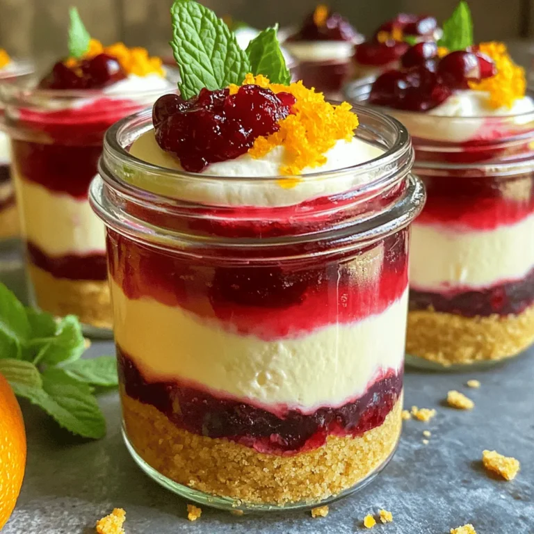 - 16 oz cream cheese, softened to room temperature - 1 cup graham cracker crumbs - 1 cup fresh cranberries, halved - 2 cups heavy cream, chilled - 4 tablespoons unsalted butter, melted - ½ cup granulated sugar - ½ cup freshly squeezed orange juice - Zest of 1 large orange - 1 teaspoon pure vanilla extract - ¼ cup powdered sugar - Fresh mint leaves for garnish These ingredients create a rich and creamy dessert. The cream cheese gives it a smooth texture. The graham cracker crumbs form a crunchy base. Fresh cranberries add a tart flavor, and heavy cream makes it light and fluffy. For flavor, I use unsalted butter to bind the crust. Granulated sugar sweetens the cheesecake. Orange juice and zest bring a bright taste. The vanilla extract adds warmth and depth to each bite. When serving, I like to dust the jars with powdered sugar for a touch of sweetness. Fresh mint leaves add color and a refreshing smell, making the dessert even more appealing. This simple combination of ingredients makes each jar a delightful treat. 1. In a medium bowl, mix 1 cup of graham cracker crumbs with 4 tablespoons of melted unsalted butter. 2. Stir until the crumbs look like wet sand. 3. Divide this mixture into six small jars. Use about 2 tablespoons for each jar. 4. Press down gently to make a firm crust at the bottom. 1. In a large bowl, beat 16 ounces of softened cream cheese with an electric mixer. 2. Add ½ cup of granulated sugar and 1 teaspoon of vanilla extract. Mix until smooth. 3. In another bowl, whip 2 cups of chilled heavy cream until soft peaks form. 4. Carefully fold the whipped cream into the cream cheese mixture. Mix gently until it is light and fluffy. 1. In a small saucepan, combine 1 cup of halved fresh cranberries, ½ cup of freshly squeezed orange juice, and half of the orange zest. 2. Cook over medium heat for 5-7 minutes. Stir often until the cranberries break down. 3. Remove from heat and let the mixture cool before layering. 1. Spoon the cheesecake mixture over the crust in each jar. Fill them halfway. 2. Add a layer of the cranberry-orange mixture on top of the cheesecake. Spread it evenly. 3. Follow with another layer of the cheesecake mixture until the jars are nearly full. 4. Top each jar with extra cranberry mix and a sprinkle of the remaining orange zest. 1. Cover the jars with lids or plastic wrap. 2. Refrigerate for at least 4 hours, or overnight. This chilling helps the flavors mix well. To get smooth cheesecake, use room-temperature cream cheese. Cold cream cheese can make lumps. Let it sit out for about 30 minutes before mixing. For the heavy cream, make sure it is very cold. This helps in forming soft peaks when whipped. When you fold the whipped cream into the cream cheese mixture, be gentle. Use a spatula and scoop from the bottom. This keeps air in the mix, making it light and fluffy. You can add spices for extra flavor. Ground cinnamon or nutmeg work well with the orange. Just a pinch will add warmth. Adjust the sweetness too. If you prefer less sugar, taste the mixture as you go. You can always add more if needed. Pair these jars with a hot drink. A cup of tea or coffee balances the sweet. For special occasions, use clear jars. This shows off the pretty layers. Garnish each jar with fresh mint leaves. This adds a pop of color and a fresh smell. {{image_4}} You can change the flavors of your cheesecake jars. Try using other fruits, like raspberries or strawberries. These fruits add a sweet and tangy twist. You can also swap the orange for lemon or lime. Citrus fruits bring a bright flavor that pairs well with the cream cheese. If you need a gluten-free option, use gluten-free graham crackers for the crust. They taste great too! For vegan adaptations, you can replace cream cheese with a plant-based version. Use coconut cream instead of heavy cream for a rich texture. These swaps keep the dessert creamy and delicious. To make your jars unique, use different sizes. Small jars look cute, while larger ones can serve more. You can also use dessert dishes for a fancy look. For garnishes, try adding crushed nuts or a drizzle of chocolate. These touches make your dessert stand out at any event. To keep your cheesecake jars fresh, seal them tightly. Use lids or plastic wrap. Store them in the fridge. They stay good for up to four days. After that, the taste may change. You can freeze these cheesecake jars too. Just make sure they are tightly sealed. Use freezer-safe containers or bags. They can last for up to three months in the freezer. When ready to eat, thaw them in the fridge overnight. This keeps the texture smooth and tasty. Check for any off smells or changes in color. If the jars look watery, it's best to toss them. Always follow safe food practices. If unsure, throw it out. It's better to be safe than sorry. You can keep the cheesecake jars in the fridge for up to five days. For the best taste, enjoy them within three days. The flavors get better with time, but freshness is key. Yes, you can make these jars ahead of time. They are perfect for meal prep. Just layer and chill them the day before your event. This way, they are ready to serve when you need them. If you need a cream cheese alternative, try using Greek yogurt or a dairy-free cream cheese. Both options work well and keep the creamy texture. They can help meet different dietary needs. Cranberries are cooked when they start to break down and soften. You will see them burst and release their juices. This usually takes about 5 to 7 minutes over medium heat. Yes, this recipe is great for kids. The flavors are fun and sweet. Plus, the jars make it easy for them to enjoy. Just watch for any allergies, like dairy or nuts. This blog post covered how to make delicious cheesecake jars with cranberries. You learned about the main ingredients, step-by-step instructions, and serving tips. We also explored variations, storage options, and answered common questions. In conclusion, enjoy creating this treat and share it with friends. The layers of flavor and fun presentation will impress everyone. No matter how you customize it, these jars make a delightful dessert for any occasion. Happy baking!