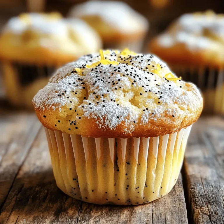 To create these tasty lemon poppy seed muffins, gather these items: - 2 cups all-purpose flour - 1 cup granulated sugar - 1 tablespoon baking powder - 1/2 teaspoon baking soda - 1/2 teaspoon salt - 1/4 cup poppy seeds - 1/2 cup unsalted butter, melted - 1 cup buttermilk - 2 large eggs - Zest of 2 medium-sized lemons - 1/4 cup freshly squeezed lemon juice (about 1-2 lemons) - 1 teaspoon pure vanilla extract - Optional: Powdered sugar for dusting You can swap ingredients if needed. Here are some ideas: - For all-purpose flour, use a gluten-free blend. - Instead of granulated sugar, try brown sugar for a richer flavor. - If you don't have buttermilk, mix milk with a splash of vinegar. - You can replace unsalted butter with coconut oil for a dairy-free option. - Use lemon extract if fresh lemons are not available. Using fresh ingredients makes a big difference. Fresh lemons provide the best flavor. They make your muffins bright and zesty. Fresh buttermilk gives moisture and a light texture. Old ingredients can lead to dry or bland muffins. Always choose the best quality for the best results. This way, your muffins will shine and impress everyone! First, set your oven to 350°F (175°C). This temperature helps the muffins rise nicely. Next, prepare your muffin tin. You can line it with paper liners or spray it with non-stick spray. This step stops the muffins from sticking. In a large bowl, combine these dry ingredients: - 2 cups all-purpose flour - 1 cup granulated sugar - 1 tablespoon baking powder - 1/2 teaspoon baking soda - 1/2 teaspoon salt - 1/4 cup poppy seeds Whisk these together until they mix well. This helps the muffins rise evenly. In another bowl, mix the wet ingredients: - 1/2 cup unsalted butter, melted - 1 cup buttermilk - 2 large eggs - Zest of 2 medium-sized lemons - 1/4 cup freshly squeezed lemon juice - 1 teaspoon pure vanilla extract Whisk until smooth. This mixture adds moisture and flavor to the muffins. Now, pour the wet mixture into the dry ingredients. Use a spatula or wooden spoon to fold them together gently. Mix until just combined. Don’t stress if there are lumps; overmixing can make the muffins dense. Take a spoon or an ice cream scoop. Fill each muffin cup about two-thirds full with the batter. This helps the muffins bake evenly and rise well. Place the muffin tin in the oven. Bake for 18 to 22 minutes. They are done when a toothpick comes out clean or with a few moist crumbs. Once baked, let the muffins cool in the tin for about 5 minutes. Then, move them to a wire rack. This allows air to circulate and cool them completely. To get soft and fluffy muffins, mix the dry and wet ingredients separately. This helps each ingredient blend well. When you combine the two mixtures, stir gently. Overmixing makes muffins tough. Aim for a few lumps in the batter. This keeps your muffins light and airy. One mistake is filling the muffin cups too high. Fill them only two-thirds full. If you overfill, the muffins may spill over and lose shape. Another error is not checking the oven temp. An oven that is too hot can burn the tops. Always use an oven thermometer for accuracy. For a beautiful presentation, place the muffins on a cake stand. Add lemon slices or mint leaves around them for color. A light dusting of powdered sugar on top adds charm. Serve these muffins with tea or coffee for a perfect snack. Enjoy their bright, zesty flavors! {{image_4}} You can make your lemon poppy seed muffins even better by adding fruits or nuts. Blueberries, raspberries, or chopped strawberries add a nice touch. They bring extra sweetness and moisture to the mix. Just stir in about one cup of your chosen fruit. If you prefer nuts, walnuts or pecans add crunch and flavor. Use about half a cup, and chop them coarsely. If you need gluten-free muffins, you can easily swap the flour. Use a gluten-free all-purpose flour blend instead of regular flour. Make sure it has xanthan gum for the best texture. Keep in mind that gluten-free muffins may bake differently. Check them a few minutes early to avoid overbaking. You can change the flavor by using other citrus. Try orange or lime zest instead of lemon. This adds a unique twist while keeping it fresh. You can also add spices like cinnamon or ginger for warmth. Just a pinch can give a whole new taste to your muffins. Feel free to get creative with these options! To keep your lemon poppy seed muffins fresh, store them in an airtight container. Place parchment paper between layers to avoid sticking. Keep them at room temperature for up to three days. If you want to store them longer, refrigeration is an option, but it may change the texture slightly. Freezing muffins is easy and keeps them tasty. First, let the muffins cool completely. Then, wrap each muffin tightly in plastic wrap. Place the wrapped muffins in a freezer bag. They can stay in the freezer for up to three months. When you’re ready to enjoy, just thaw them in the fridge overnight. Reheating muffins is simple. You can use a microwave or an oven. For the microwave, heat for about 15-20 seconds per muffin. This warms them quickly without drying them out. If you prefer the oven, preheat it to 350°F (175°C). Place the muffins on a baking sheet and heat for about 10 minutes. This method helps revive that fresh-baked taste and texture. To make lemon poppy seed muffins, gather all your ingredients first. You need flour, sugar, baking powder, baking soda, salt, poppy seeds, butter, buttermilk, eggs, lemon zest, lemon juice, and vanilla. Start by preheating your oven to 350°F (175°C) and prep your muffin tin. Combine the dry ingredients in one bowl. In another bowl, mix the wet ingredients. Then, gently fold the wet mix into the dry mix. Fill the muffin cups and bake them for 18 to 22 minutes. Yes, you can use other flours. Whole wheat flour adds more fiber and a nutty taste. Almond flour can make muffins moist and gluten-free. You might need to adjust the liquid in the recipe when using these flours. All-purpose flour gives the best rise and texture for these muffins, but feel free to experiment. These muffins last about 3 to 4 days at room temperature. Store them in an airtight container to keep them fresh. You can also keep them in the fridge for up to a week. If you want them to last longer, freeze them. They stay good in the freezer for about 3 months. Absolutely! To make mini muffins, fill mini muffin cups with the batter. Bake them for about 10 to 15 minutes. Check with a toothpick to see if they are done. Mini muffins are great for snacks or parties, and they are fun to eat! In this article, we explored the key ingredients for lemon poppy seed muffins and their substitutes. We walked through the steps to prepare and bake them. I shared tips for a great texture and how to avoid common mistakes. You learned about tasty variations and smart storage methods too. Making these muffins can be simple and fun. With fresh ingredients, your muffins will taste amazing. Enjoy baking!