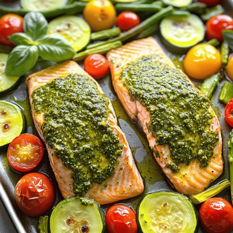 - 2 salmon fillets (approximately 6 oz each) - 1/4 cup basil pesto (store-bought or homemade) - 1 medium zucchini, sliced into even rounds - 1 bell pepper (any color), diced into bite-sized pieces - 1 cup cherry tomatoes, halved - 1 cup asparagus, trimmed and cut into 2-inch pieces - 2 tablespoons extra virgin olive oil - 1 teaspoon garlic powder - 1 teaspoon freshly grated lemon zest - Salt and freshly ground black pepper, to taste - Fresh basil leaves for garnish Set your oven to 425°F (220°C). This hot temperature helps everything cook evenly. On a large sheet pan, arrange the following vegetables: - 1 medium zucchini, sliced into even rounds - 1 bell pepper, diced into bite-sized pieces - 1 cup cherry tomatoes, halved - 1 cup asparagus, trimmed and cut into 2-inch pieces Drizzle 2 tablespoons of extra virgin olive oil over the veggies. Then, sprinkle with 1 teaspoon garlic powder, salt, and pepper. Toss everything together until the veggies shine. Place the sheet pan in the oven. Roast the veggies for about 15 minutes. They should start to soften and get some char marks. This step adds great flavor. While the vegetables roast, take your salmon fillets and dry them with a paper towel. This helps the seasoning stick better. Season each fillet with salt, pepper, and 1 teaspoon freshly grated lemon zest for a bright flavor. After 15 minutes, remove the sheet pan from the oven. Push the veggies to one side to make room for the salmon. Spread 1/4 cup of basil pesto over the top of each salmon fillet. Put the pan back in the oven and bake for another 12-15 minutes. The salmon is ready when it’s opaque and flakes easily with a fork. Enjoy your delicious meal! To cook your veggies just right, follow these steps: - Cut all vegetables into similar sizes. This helps them cook evenly. - Spread them out in a single layer on the sheet pan. This allows hot air to circulate. - Roast at 425°F (220°C) for about 15 minutes. Look for soft veggies with slight char marks. - Toss them halfway through cooking for even roasting. To keep your salmon moist, use these tips: - Pat the salmon fillets dry with a paper towel. This helps the seasoning stick well. - Season with salt, pepper, and lemon zest. This adds a bright flavor. - Spread a good amount of basil pesto on top. The sauce keeps the fish juicy during baking. - Bake for 12-15 minutes. The salmon should be opaque and flake easily with a fork. Serving your dish with flair makes it more appealing: - For a rustic look, serve directly from the sheet pan. It feels casual and fun. - Or, plate the salmon and veggies on individual dishes. This makes it feel special. - Add fresh basil leaves as a garnish. They bring color and a fresh aroma to your meal. {{image_4}} You can change the veggies in this dish. Try these options: - Broccoli florets - Carrots, sliced thin - Green beans, trimmed - Cauliflower, cut into small pieces These veggies roast well and add different flavors. Mix and match to find your favorites. You can use homemade or store-bought pesto. Homemade pesto is fresh and full of flavor. Here’s a quick way to make it: - Blend fresh basil leaves, garlic, nuts, Parmesan cheese, and olive oil. Store-bought pesto saves time and is still tasty. Look for high-quality brands with simple ingredients. If you want to swap salmon, chicken and tofu work great. - For chicken, use boneless, skinless thighs or breasts. Cook them for about 20-25 minutes. - For tofu, choose firm or extra-firm. Press it to remove water, then cube and roast for 20 minutes. These options keep the dish healthy and delicious. Enjoy experimenting with flavors! After enjoying your sheet-pan pesto salmon, store any leftovers in an airtight container. Place the salmon and veggies together to keep flavors intact. Refrigerate them within two hours to keep them safe. They will last for up to three days in the fridge. If you want to keep them fresh longer, consider freezing. To reheat without drying out, use the oven. Preheat it to 350°F (175°C). Place the salmon and veggies on a baking sheet. Cover them with foil to trap moisture. Heat for about 10-15 minutes or until warmed through. This method helps keep the salmon moist and the veggies nice. Yes, you can freeze this dish! To do it properly, let the food cool completely. Then, wrap each portion tightly in plastic wrap. Place the wrapped portions in a freezer-safe bag or container. Label with the date for easy tracking. It can last for up to three months in the freezer. When ready to eat, thaw overnight in the fridge before reheating. You should bake salmon for 12 to 15 minutes at 425°F. This time gives you tender, flaky fish. The salmon will be opaque when it is done. It should flake easily with a fork. Yes, you can use frozen salmon fillets! Just add a few more minutes to the cooking time. Make sure to thaw them first for even cooking. If you don't have time to thaw, bake them for about 20 to 25 minutes. Roasted vegetables pair well with this salmon dish. You can also serve a light salad or quinoa. Both add freshness and balance to the meal. Garlic bread is another tasty option to round out your dinner. Yes, you can prep this dish ahead of time! Cut the veggies and season the salmon. Store them in the fridge until you are ready to bake. You can also roast the veggies and salmon and store leftovers for quick meals later. This blog post guided you through cooking a delicious salmon dish. You learned about key ingredients like salmon, pesto, and fresh veggies. We covered step-by-step instructions, handy tips for cooking, and serving ideas. Cooking can be simple and fun. Experiment with different vegetables or proteins. Remember to store and reheat your leftovers well. Enjoy your meal, and make it your own!