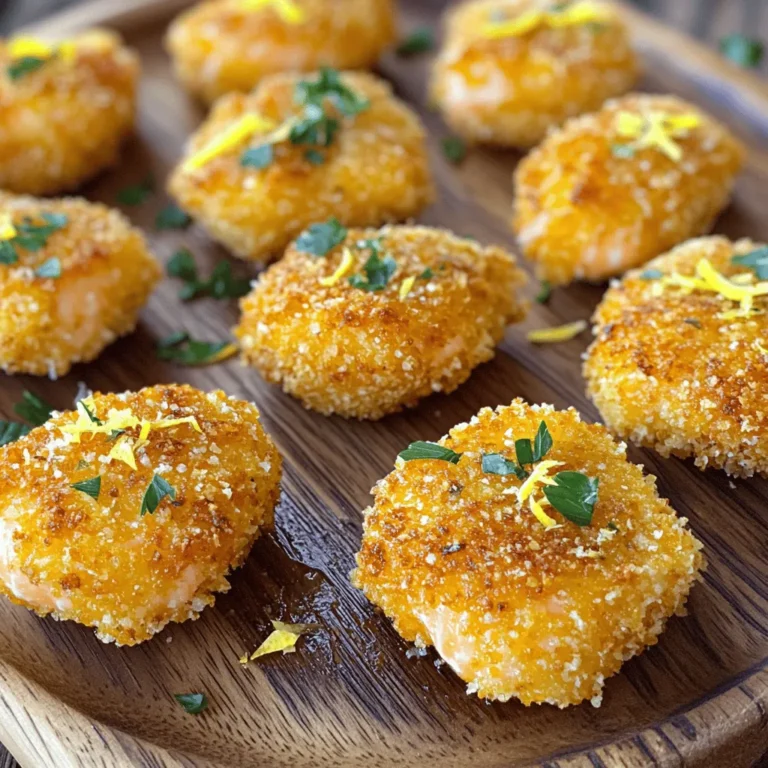 - 1 lb fresh salmon fillet, skin removed and cut into bite-sized cubes Fresh salmon is key for this recipe. It brings rich flavor and a soft texture. Always choose wild-caught salmon for the best taste and health benefits. - 1 tablespoon freshly grated lemon zest - 2 tablespoons freshly squeezed lemon juice - 2 teaspoons freshly cracked black pepper - 1 teaspoon garlic powder - 1/2 teaspoon sea salt These flavoring ingredients add a bright and zesty taste. Lemon zest and juice give a fresh punch. Black pepper and garlic bring warmth and depth. The sea salt helps enhance all the flavors. - 1/2 cup all-purpose flour - 2 large eggs, beaten well - 1 cup breadcrumbs (preferably panko for extra crunch) The breading makes the nuggets crispy. Flour helps the egg stick, while the panko breadcrumbs add an extra crunch. This combo gives a delicious texture. - Olive oil, for frying - Fresh parsley, finely chopped (for garnish) Using olive oil for frying adds flavor and keeps the nuggets moist. Fresh parsley not only looks nice but also adds a hint of freshness. Always have a good amount of oil to ensure even cooking. Start by grabbing a medium bowl. Add the lemon zest, lemon juice, black pepper, garlic powder, and sea salt. Mix them well. This zesty marinade brings bright flavors to the salmon. Now, gently add the salmon cubes to the marinade. Toss them carefully. Make sure each piece gets coated evenly. Cover the bowl and let it sit in the fridge for 15 to 30 minutes. This step helps the salmon soak in all the tasty flavors. It's time to set up your breading station. Use three shallow dishes. Put the flour in the first dish. In the second, place the beaten eggs. Finally, add the breadcrumbs to the third dish. This setup makes breading easy and fun. Once the salmon has marinated, take it out of the bowl. Let any extra liquid drip off. First, dredge each piece in flour and shake off the excess. Next, dip it in the beaten eggs. Finally, coat it with breadcrumbs. Press gently to make sure they stick well. Grab a large skillet and heat olive oil over medium-high heat. When the oil is hot and shimmering, add the breaded salmon nuggets in batches. Don't overcrowd the pan. This keeps them crispy. Fry each side for about 3 to 4 minutes. Look for a golden brown color. Once done, transfer them to a plate lined with paper towels to soak up the extra oil. Before serving, sprinkle finely chopped fresh parsley over the salmon nuggets. This adds a nice touch and a pop of color. Enjoy your crispy and flavorful lemon pepper salmon nuggets! When picking salmon, look for fresh fillets. Fresh salmon has a bright color and a clean smell. Avoid fish that looks dull or has an off odor. You can use wild-caught or farmed salmon, but wild is often richer in flavor. Always check for skin removal; it saves time in prep. To make your nuggets crispy, use panko breadcrumbs. They are larger and give a great crunch. Don't skip the flour and egg steps; they help the breadcrumbs stick. Ensure your oil is hot before frying. If it's too cool, the nuggets will soak up oil and turn soggy. For the best flavor, marinate your salmon for 15 to 30 minutes. This short time lets the fish soak up the lemon and spices without becoming mushy. If you leave it too long, the acid from the lemon can "cook" the salmon. Keep an eye on the clock! I recommend using olive oil for frying. It's healthy and adds flavor. You can also use vegetable or canola oil if you want a higher smoke point. Make sure to heat enough oil to cover the base of your pan. This helps cook the nuggets evenly and keeps them crispy. {{image_4}} You can change the flavors in your salmon nuggets. Try using smoked paprika for a nice kick. You can also add some dill or oregano for a fresh taste. If you love heat, sprinkle in some cayenne pepper. Mix and match these spices for fun new flavors. Frying gives your salmon nuggets a crispy outside. If you want a healthier option, try baking them. To bake, preheat your oven to 400°F (200°C). Place the nuggets on a baking sheet and spray with olive oil. Bake for 15-20 minutes, flipping halfway through. Both methods taste great, so choose what you prefer! Serve your lemon pepper salmon nuggets with a variety of sides. A fresh salad or steamed veggies pair nicely. You can also enjoy them with a side of rice or quinoa for a filling meal. For dipping, try a tangy yogurt sauce or a classic tartar sauce. These options make your meal fun and tasty! Store your lemon pepper salmon nuggets in an airtight container. Keep them in the fridge. They stay fresh for up to three days. Make sure they cool down before you store them. This helps prevent condensation. To reheat, place the salmon nuggets in a skillet. Use medium heat for about five minutes. Flip them halfway to ensure even heating. You can also use an oven set to 350°F. Bake for about ten minutes. This keeps them crispy. You can freeze salmon nuggets if needed. Allow them to cool completely first. Place them in a freezer-safe bag or container. They can last for up to three months in the freezer. To enjoy, thaw in the fridge overnight before reheating. Yes, you can use frozen salmon. Just thaw it completely first. This helps the salmon cook evenly. If you need a substitute, try crushed crackers or oats. You can also use ground nuts for a tasty crunch. Store your salmon nuggets in the fridge for up to three days. Keep them in an airtight container to stay fresh. Yes, they are a healthy option! Salmon is high in protein and omega-3 fatty acids. This dish uses fresh ingredients and less oil, making it a smart choice. Absolutely! Use gluten-free breadcrumbs and flour. These swaps keep the dish tasty and safe for gluten-sensitive eaters. This blog post shared how to make delicious salmon nuggets. We covered ingredients, step-by-step instructions, and tips for crispy texture. I highlighted variations, storage options, and answered common questions. Try the recipe your way, whether frying or baking. Salmon nuggets can be a tasty, healthy meal. Enjoy your cooking adventure and make it fun!