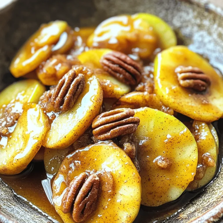 - 4 large Granny Smith apples - 1/4 cup unsalted butter - 1/2 cup packed brown sugar - 1 teaspoon ground cinnamon - 1/4 teaspoon ground nutmeg - 1/4 teaspoon fine sea salt - 1/4 teaspoon freshly ground black pepper - 1 tablespoon fresh lemon juice - 1 tablespoon pure vanilla extract - 1/2 cup chopped pecans (optional) You can switch the Granny Smith apples for sweeter options like Honeycrisp or Fuji. If you want a different sweetener, try maple syrup or coconut sugar. For a vegan version, use plant-based butter instead of unsalted butter. These swaps keep the dish tasty while meeting your needs. 1. Preparing the apples Start with four large Granny Smith apples. Peel and core them. Slice them into thin wedges. This helps them cook evenly. 2. Melting butter in the skillet Take a large skillet and place it on medium heat. Add 1/4 cup of unsalted butter. Wait until the butter melts and starts to bubble. 3. Sautéing the apples Carefully add the sliced apples to the skillet. Sauté them for 2-3 minutes. Stir them gently until they soften and fill the air with their sweet scent. 1. Adding spices and sugars Sprinkle 1/2 cup of packed brown sugar over the apples. Add 1 teaspoon of ground cinnamon, 1/4 teaspoon of ground nutmeg, 1/4 teaspoon of fine sea salt, and 1/4 teaspoon of freshly ground black pepper. Mix everything well to coat the apples in the sweet spice blend. 2. Stirring in lemon juice and vanilla extract Pour in 1 tablespoon of fresh lemon juice and 1 tablespoon of pure vanilla extract. Stir continuously to blend all the flavors together. 3. Cooking to desired tenderness Let the apples cook for about 5 more minutes. Check for tenderness. The sauce should thicken into a glossy glaze. 1. Presentation tips Serve warm fried apples in a charming bowl. Drizzle the sweet sauce over them. For a nice touch, dust with cinnamon and add whole pecans on top. 2. Ideal pairings for Southern Fried Apples These apples go well with a scoop of vanilla ice cream. They also make a great side for pancakes or waffles. Enjoy the warm, sweet flavors! To get the best caramelization, cook your apples over medium heat. This allows the sugars to melt without burning. Stir the apples often. It helps them cook evenly and coat all sides with flavor. Want a little kick? Add a pinch of cayenne pepper. It gives your fried apples a nice heat. You can also mix in spices like ginger or cloves. This adds depth and makes the dish unique. How do you know when the apples are ready? They should be tender but not mushy. This usually takes about 5 to 7 minutes of cooking. If you like them softer, cook a minute or two longer. Adjust as needed to match your taste. {{image_4}} You can add bourbon to your Southern fried apples for a rich depth. Just a splash enhances the flavor. Mix in seasonal spices like nutmeg or allspice for a cozy twist. These small changes make a big difference! If you need gluten-free options, this recipe is naturally safe. Use gluten-free butter or a plant-based option if you want. For low-sugar alternatives, try using coconut sugar or a sugar substitute. This way, you can enjoy the dish while meeting your dietary needs. Serve your fried apples as a warm topping for pancakes or waffles. They add a sweet and spicy touch! You can also use them as a filling for pastries or pies. This way, you turn a simple dish into a delightful dessert or breakfast treat. To keep your Southern fried apples fresh, store them in an airtight container. Glass containers work best, as they do not absorb odors. You can also use plastic containers, but make sure they seal well. Place the container in the refrigerator. The apples will stay good for about three days. When you are ready to enjoy leftovers, reheating is easy. The best method is to use a skillet. Heat the skillet over medium-low heat. Add the fried apples and stir gently. This way, the apples warm up evenly. If you want to keep the texture, avoid microwaving. To freeze Southern fried apples, start by letting them cool completely. Then, place them in a freezer-safe bag. Remove as much air as possible before sealing. They can be frozen for up to three months. When you are ready to use them, thaw in the fridge overnight. Reheat them gently in a skillet for the best results. Can I use a different type of apple? Yes, you can! While Granny Smith apples are tart and firm, you might try Honeycrisp or Fuji apples. These apples add sweetness and flavor. Just remember, softer apples may cook quicker. How can I make this recipe without sugar? To skip sugar, use unsweetened applesauce. You can also use maple syrup or honey as a natural sweetener. Adjust the amount to fit your taste. Is it possible to make Southern Fried Apples ahead of time? Yes, you can make them ahead. Cook the apples and let them cool. Store them in the fridge for up to three days. Just reheat when you’re ready to serve. What’s the best way to prevent apples from browning? To stop browning, soak the apple slices in water with lemon juice. Use one tablespoon of lemon juice per cup of water. This keeps the apples fresh and bright. How do I ensure the apples are not mushy? Cook the apples over medium heat. Stir gently and watch closely. You want them tender but not mushy. This takes about 7 to 8 minutes in total. Can I add other fruits to the recipe? Yes! You can mix in pears or peaches for a fun twist. Chopped berries also work well. Just remember to adjust cooking time for softer fruits. In this post, we explored making Southern Fried Apples. We covered ingredients, step-by-step instructions, and helpful tips. Remember, you can swap ingredients based on your taste and needs. Try variations for more flavor or adjust for dietary requirements. Proper storage will keep your leftovers fresh. Enjoy this dish as a topping or in pastries. With these pointers, you can create a delicious treat everyone will love. Happy cooking!