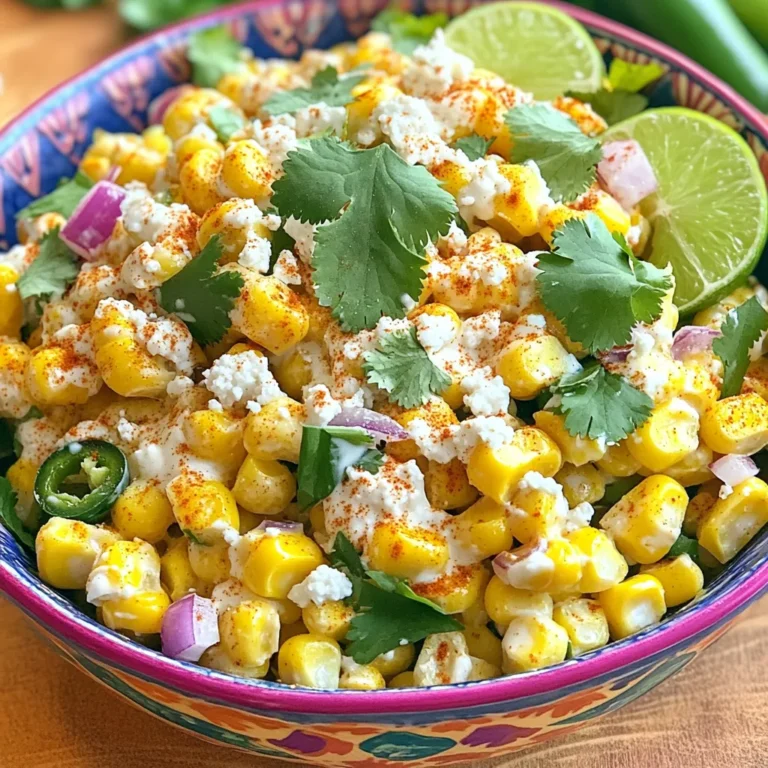 To make a vibrant Mexican street corn salad, gather the following ingredients: - 4 fresh ears of corn, husked - 1/2 cup cotija cheese, crumbled, plus extra for garnish - 1/4 cup mayonnaise - 2 tablespoons sour cream - 1 tablespoon freshly squeezed lime juice - 1 teaspoon chili powder - 1/2 teaspoon garlic powder - 1/4 teaspoon cayenne pepper (optional, for an extra kick) - 1/4 cup fresh cilantro, finely chopped, plus extra for garnish - Salt and freshly cracked black pepper to taste - 1/2 medium red onion, finely diced - 1 fresh jalapeño, deseeded and finely chopped Each ingredient adds a layer of flavor, creating a fresh and zesty dish. The corn is sweet and crisp. The cotija cheese gives a salty kick. Mayonnaise and sour cream form a creamy base, while lime juice brightens everything up. Spices like chili powder and cayenne add warmth. Fresh cilantro brings in a burst of herbal goodness, and jalapeño adds a nice heat. Make sure your corn is fresh for the best taste. You can find cotija cheese at most grocery stores. The mayonnaise and sour cream blend together for a rich dressing. Don’t forget to taste as you go! Adjust salt and pepper to your liking. This salad will be a hit at your next gathering. Start by preheating your grill to medium-high heat. This is key for great flavor. Husk the corn and place it on the grill. Grill each ear for about 10-12 minutes. Turn the corn every few minutes. You want nice char marks. The corn should feel tender when done. Once grilled, remove it and let it cool. Once the corn is cool, grab a sharp knife. Hold the cob upright in a bowl. Slice down the sides to cut off the kernels. Be sure to cut close to the cob. This helps you get the most kernels. Try to avoid wasting any corn. In a large bowl, combine mayonnaise, sour cream, and lime juice. Add chili powder, garlic powder, and cayenne pepper for heat. Mix in a pinch of salt and pepper. Whisk everything together until smooth. Taste it, and adjust the flavors as needed. You can add more lime juice for tanginess. Now, gently fold in the corn, diced onion, jalapeño, and cilantro. Use a spatula or a large spoon for this. Make sure everything gets coated well. Be careful not to mash the corn. You want those beautiful kernels to stay whole. Just before serving, fold in the cotija cheese. This cheese adds a nice salty flavor. Be gentle when mixing. Taste again and adjust the seasoning with salt and pepper if needed. This step is crucial for perfect flavor. You can serve the salad right away for a fresh taste. But if you chill it for about 30 minutes, the flavors blend better. For presentation, use a colorful serving bowl. Garnish with more cotija, lime wedges, and cilantro for a pretty finish. Enjoy your Mexican street corn salad! To get the best grill marks on your corn, preheat your grill. Aim for medium-high heat. Place the husked corn directly on the grill. Grill each ear for about 10 to 12 minutes. Rotate the corn often. This gives it a nice char and tender texture. If you don’t have a grill, you can boil or roast the corn. Boiling takes about 5 to 7 minutes in salted water. Roasting in the oven can also work well. Set your oven to 400°F and roast for 20 to 25 minutes, turning halfway through. Cotija cheese adds a rich flavor, but you can substitute it. Feta cheese works well for a similar taste. For a creamier texture, try goat cheese. If you want vegan options, use plant-based mayonnaise and cashew cream instead of sour cream. This keeps the salad creamy without dairy. To spice things up, you can add cumin or smoked paprika. These spices give a warm depth to the dish. Fresh herbs like mint or basil can add a unique twist. Incorporate seasonal ingredients like cherry tomatoes or bell peppers. These add color and crunch, making the salad even more vibrant. {{image_4}} Mexican street corn salad changes across regions in Mexico. Each area adds its flair. In the Yucatán, you might find added citrus zest for brightness. In central Mexico, some use a richer cheese, like queso fresco, instead of cotija. The blend of spices can also shift, with some regions favoring a smokier chili powder. These unique touches make every version special. If you need a gluten-free option, this salad is perfect! All the ingredients are naturally gluten-free. Just ensure your mayo and sour cream are gluten-free brands. For those watching carbs, you can swap corn with zucchini or cauliflower. This keeps the flavor while reducing carbs. You can still enjoy the tasty dressing and fresh herbs. You can serve this salad as an appetizer or a side dish. For gatherings, use a large, colorful bowl. It looks great and attracts attention. Garnish with extra cotija cheese and fresh cilantro. For a fun twist, serve it in small cups with tortilla chips on the side. This makes it easy for guests to enjoy while mingling. To keep your Mexican Street Corn Salad fresh, use airtight containers. Glass or plastic containers with tight lids work well. Store the salad in the fridge right after serving. It can stay fresh for about 3 days. After that, the flavors may fade, and the texture may change. You can freeze the salad, but it's better to freeze the corn and not the whole dish. Cooked corn can freeze well. Just let it cool, then place it in freezer bags. Squeeze out the air before sealing. The unassembled salad will keep its taste better when thawed. To thaw, place it in the fridge overnight. This keeps the flavor and texture nice. You can use leftover salad in many creative ways. Try adding it to tacos for extra flavor. You can also mix it into quesadillas or burritos. Another idea is to use it as a topping for grilled meats or fish. The salad adds a fresh crunch and flavor boost to any dish. To make Mexican Street Corn Salad, start by grilling fresh corn. Grill each ear for about 10-12 minutes. Next, let it cool, then cut the kernels off the cob. In a bowl, mix mayonnaise, sour cream, lime juice, chili powder, garlic powder, and salt. Add the corn, diced red onion, chopped jalapeño, and cilantro. Fold gently to combine. Finally, mix in crumbled cotija cheese just before serving. This gives a creamy and flavorful touch. If you can't find cotija cheese, try feta cheese or queso fresco. Both cheeses offer a similar crumbly texture and salty flavor. For a non-dairy option, use a vegan cheese that resembles feta. Each alternative will still make your salad tasty and enjoyable. Mexican Street Corn Salad can last up to three days in the fridge. Store it in an airtight container. Always check for freshness before eating. If it smells off or looks unusual, it's best to throw it away. Yes, you can make this salad ahead of time. Prepare it up to a day in advance. Just mix all the ingredients, then chill it in the fridge. This allows the flavors to blend nicely. However, add the cotija cheese right before serving to keep it fresh. To make your salad spicier, add more jalapeño or sprinkle in some cayenne pepper. You can also mix in a dash of hot sauce. Adjust the heat to your taste. Enjoy the extra kick it brings! This blog post detailed how to make a delicious Mexican Street Corn Salad. You learned the key ingredients, grilling techniques, and how to combine flavors for the best taste. I shared tips for perfect grilling, ingredient substitutes, and different serving styles. Remember, this dish adapts well to your taste and dietary needs. Enjoy your cooking and share this flavorful salad with friends. Trust me; they will love it!