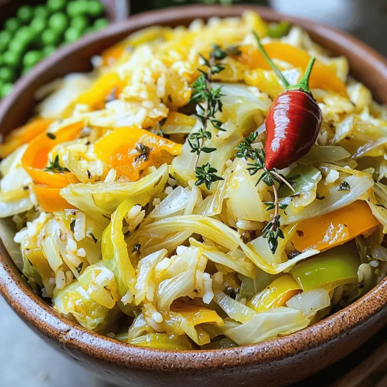 - 1 medium head of green cabbage - 1 large onion - 2 cloves of garlic - 1 bell pepper (red or yellow) - 2 medium carrots - 1 teaspoon fresh ginger - 1 whole Scotch bonnet pepper - 3 tablespoons vegetable oil - 1 tablespoon soy sauce - 2 tablespoons apple cider vinegar - 1 teaspoon thyme leaves - Salt and pepper - ¼ cup vegetable or chicken broth - Presentation garnishes Gathering the right ingredients is key to this flavorful dish. Start with the main items like cabbage, onion, garlic, bell pepper, and carrots. These fresh veggies bring bright colors and textures. Next, you need seasonings and oils for depth. Fresh ginger adds a warm spice. The Scotch bonnet pepper gives the dish its signature heat, but remember to remove it before serving. Vegetable oil helps sauté everything, while soy sauce and apple cider vinegar enhance the flavor. Optionally, broth can add moisture. Consider garnishing with fresh herbs for a lovely finish. This blend of ingredients makes for a vibrant, tasty meal. Enjoy the process of gathering these essential elements! - Chop and slice all the vegetables. - Grate the ginger and mince the garlic. Start by gathering your fresh ingredients. Chop the cabbage into small pieces. Slice the onion thinly. Cut the bell pepper into strips. Julienning the carrots adds a nice crunch. Grate the ginger finely. Mince the garlic until it's small and fragrant. These steps set you up for success. - Heat the oil and sauté onions. - Add garlic and ginger, then mix in the vegetables. - Season and add liquids. Heat vegetable oil in a large skillet over medium heat. Once hot, add the sliced onions. Cook them for about 3-4 minutes until they become soft and clear. Next, stir in the minced garlic and grated ginger. Cook for one more minute, letting the aromas fill your kitchen. Now, add the chopped cabbage, bell pepper, and carrots. Mix everything well. Sprinkle with thyme, salt, and pepper to taste. Pour in the soy sauce and apple cider vinegar. If you like, add broth for extra moisture. Stir until everything is well combined. - Incorporate Scotch bonnet for flavor. - Cover and simmer until cooked. Gently place the whole Scotch bonnet pepper into the mix. It adds a unique flavor without making the dish too spicy. Cover the skillet with a lid and let it simmer for about 10-15 minutes. Stir occasionally. The cabbage should be tender but still have some crunch. When it’s done, remove the Scotch bonnet before serving hot. Enjoy the burst of flavors in every bite! Stir the cabbage often while cooking. This helps the flavors mix well. Adjust the cooking time to get the crunch you want. If you like it softer, cook a bit longer. If you prefer it crunchy, check it sooner. For a moist dish, add broth. This makes it richer and tastier. If you want some heat, handle the Scotch bonnet with care. Keep it whole while cooking to control the spice level. You can remove it before serving. This Jamaican cabbage pairs great with rice and peas. They complement each other well. For a beautiful look, garnish with fresh herbs. Cilantro or parsley can add color and freshness to your dish. Serve it hot for the best taste! {{image_4}} You can swap out some veggies to match your taste. Try using kale or Swiss chard for a twist. Broccoli or zucchini can also add nice flavors. If you're looking for vegan options, replace the broth with vegetable broth. You can also skip the Scotch bonnet pepper for milder flavors. To add more Jamaican flair, consider using allspice. This spice adds warmth and depth to your dish. You can also toss in proteins like black beans or chickpeas. They make the dish heartier and richer in flavor. Another option is to add cooked chicken or shrimp for a protein boost. Using seasonal veggies makes your dish fresh and vibrant. In summer, add bell peppers or corn. In fall, think about adding sweet potatoes or butternut squash. You can also change herbs based on what is available. Fresh basil or cilantro can brighten up your cabbage dish and give it a new taste. To store leftovers, place the cabbage in an airtight container. Make sure it cools down first. This helps keep it fresh longer. You can enjoy it for up to three days in the fridge. For reheating, use a skillet over medium heat. Add a splash of water to keep it moist. Stir frequently until heated through. You can freeze Jamaican cabbage for longer storage. First, let it cool completely. Then, pack it into freezer bags. Squeeze out air before sealing them. This helps prevent freezer burn. To thaw, place it in the fridge overnight. You can also use the microwave. Heat on low power to keep the flavor intact. For freshness, use the cabbage within three days if stored in the fridge. In the freezer, it can last for up to three months. Watch for signs of spoilage, such as a sour smell or slimy texture. If you notice either, it’s best to throw it away. To make authentic Jamaican cabbage, you need key ingredients. Here’s what you will need: - 1 medium head of green cabbage, finely chopped - 1 large onion, thinly sliced - 2 cloves garlic, minced - 1 bell pepper, sliced into strips - 2 medium carrots, julienned - 1 teaspoon fresh ginger, grated - 1 whole Scotch bonnet pepper (for flavor) - 3 tablespoons vegetable oil - 1 tablespoon soy sauce - 2 tablespoons apple cider vinegar - 1 teaspoon thyme leaves - Salt and pepper to taste - ¼ cup vegetable or chicken broth (optional) Start by heating the oil in a large skillet over medium heat. Add the onions and sauté until they turn translucent. Next, stir in the garlic and ginger, cooking for one more minute. Then, mix in the cabbage, bell pepper, and carrots. Add thyme, salt, and pepper. Pour in soy sauce and vinegar, then stir well. If you want it moist, add broth. Place the whole Scotch bonnet into the mix for flavor. Cover and simmer for 10-15 minutes until tender. Yes, you can easily make this dish vegetarian. Use vegetable broth instead of chicken broth. You can also replace the Scotch bonnet with a milder pepper if you want less heat. Adding extra veggies like zucchini or mushrooms can enhance the dish too. This way, you keep the flavor while making it suit your diet. Jamaican cabbage pairs well with many side dishes. You can serve it with rice and peas for a classic combination. Consider adding fried plantains for sweetness. It also goes well with grilled meats or fish for a heartier meal. Fresh herbs like cilantro or parsley add a nice touch on top. To control the heat from the Scotch bonnet, keep it whole while cooking. This way, you get the flavor without too much spice. If you want even less heat, remove the pepper before it cooks too long. Adding a bit of sugar or honey can also balance the heat, giving it a sweeter flavor. In this blog post, we explored making a simple and flavorful Jamaican cabbage dish. We discussed key ingredients like cabbage, onions, and Scotch bonnet pepper. The step-by-step guide showed how to sauté and simmer for the best taste. We also shared tips on adjusting flavors and serving options. You can easily customize your dish by swapping vegetables or adding proteins. Store leftovers properly for maximum taste. Enjoy this vibrant dish as a satisfying meal!