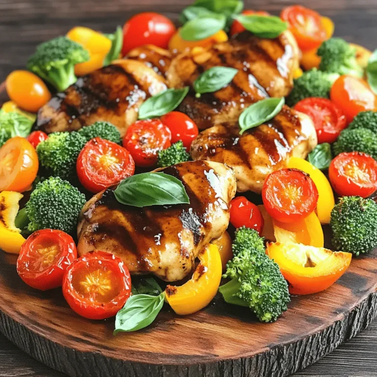 - 4 boneless, skinless chicken breasts - 1/2 cup balsamic vinegar - 2 tablespoons honey - 2 tablespoons olive oil - 3 cloves garlic, minced - 1 teaspoon dried oregano - 1 teaspoon dried basil - Salt and pepper to taste - 2 cups cherry tomatoes, halved - 1 cup broccoli florets - 1 cup assorted bell peppers, sliced (red, yellow, and green for color) Using fresh, high-quality ingredients makes this dish shine. The chicken breasts bring protein and substance. Balsamic vinegar adds a tangy depth, while honey sweetens the mix. Olive oil gives a rich flavor and helps everything cook nicely. For seasoning, garlic is a must. It adds aroma and taste. Dried oregano and dried basil bring classic Italian flavors without extra effort. Salt and pepper enhance every bite. The vegetables are colorful and nutritious. Cherry tomatoes burst with juice, while broccoli adds crunch. Assorted bell peppers not only brighten the dish but also offer a mix of sweet and savory flavors. This combination creates a well-rounded, tasty meal in just one pan. You will love how each ingredient plays a role in this delightful recipe! To start, you need to make the marinade. In a medium bowl, whisk together the balsamic vinegar, honey, olive oil, minced garlic, dried oregano, and dried basil. Add salt and pepper to taste. This mix gives the chicken a great flavor. Next, place the chicken breasts in the marinade. Make sure they are well-coated. Cover the bowl with plastic wrap and let it sit in the fridge. Aim for at least 30 minutes. For more flavor, you can marinate for up to 2 hours. While the chicken marinates, it's time to preheat the oven. Set it to 400°F (200°C). This step is key. Preheating ensures even cooking and helps the chicken reach the right temperature quickly. Now, prepare your baking pan. Take a large, rimmed baking sheet or sauté pan. Lay out the marinated chicken breasts. Then, arrange the halved cherry tomatoes, broccoli florets, and sliced bell peppers around the chicken. Drizzle any remaining marinade over everything. Place the pan in the preheated oven. Bake for about 25 to 30 minutes. The chicken is done when it reaches an internal temperature of 165°F (75°C). The vegetables should be tender. For an extra touch, broil the dish in the last 3 to 5 minutes of cooking. This step adds a nice char and boosts the flavor. Keep a close eye on it to avoid burning. Once the baking is done, take the pan out of the oven. Let it cool for a few minutes. For the final touch, garnish with fresh basil leaves. This adds a pop of color and a fresh taste. Arrange everything on a large platter and drizzle the pan juices over the top for extra flavor. To ensure your chicken stays moist, marinate it well. Use a mix of balsamic vinegar, honey, and olive oil. This marinade not only adds flavor but also keeps the chicken juicy. Adjusting cooking time depends on your oven. If your oven runs hot, check the chicken a few minutes early. Each oven is unique, and knowing yours helps achieve perfect results. For added depth, try herbs like thyme or rosemary. A pinch of red pepper flakes can give a nice kick. These simple additions can transform your dish into something special. You can also vary the marinade. Swap honey for maple syrup for a different taste. Or use citrus juice for a fresh, tangy twist. When plating, arrange the chicken and veggies artfully on a large platter. This makes the meal look inviting and fun. Drizzle the pan juices over the chicken and vegetables. This not only adds flavor but also keeps everything moist. Garnish with fresh basil leaves for a bright, colorful finish. {{image_4}} You can switch up the chicken in this dish for variety. Try using thighs instead of breasts. Thighs have more fat, so they stay juicy. You can also use turkey breasts or even pork tenderloin. Each option brings a different taste and texture. If you want to avoid meat, consider tofu or tempeh. These plant-based proteins soak up flavors well. Just marinate them like the chicken for a tasty meal. Using seasonal vegetables can boost flavor and nutrition. In spring, use asparagus or snap peas. In summer, add zucchini or corn. For fall, try Brussels sprouts or squash. Each season offers new tastes. To save time, consider frozen vegetables. They are quick to use and often pre-chopped. You can also buy pre-cut fresh veggies. This makes prep easy and fast. If you need a gluten-free dish, this recipe is already a great choice. Just check your balsamic vinegar and honey to ensure they are gluten-free. For vegan options, replace the chicken with chickpeas or lentils. You can still use the same marinade. It will add a lovely flavor to your plant-based proteins. Enjoy the same great taste while keeping it meat-free! To keep your One Pan Balsamic Chicken fresh, cool the dish quickly. Place it in a shallow pan to help it cool faster. After cooling, transfer the chicken and veggies to airtight containers. Glass or BPA-free plastic containers work best. Make sure to seal them tightly to lock in moisture and flavor. When you reheat, keep the chicken juicy. The oven is the best option here. Preheat it to 350°F (175°C). Place the chicken in an oven-safe dish, cover it with foil, and heat for about 15-20 minutes. This method helps prevent drying out. If you're in a hurry, you can use the microwave. Heat in short bursts of 1-2 minutes, checking often to avoid overcooking. For long-term storage, freezing is great. First, let the chicken cool completely. Then, wrap each piece tightly in plastic wrap. Place it in freezer bags and remove as much air as possible. This helps prevent freezer burn. To reheat, thaw it in the fridge overnight before placing it in the oven or microwave. This method keeps the chicken tender and flavorful. Marinate the chicken for at least 30 minutes. This gives the chicken time to soak up the balsamic flavor. For even better taste, you can marinate for up to 2 hours. This will enhance the flavor and make the chicken juicy. You can use frozen chicken, but it’s best to thaw it first. Thawing ensures even cooking. If you cook from frozen, add extra time to your baking. This might lead to a less juicy result. Serve this dish with simple sides. Here are some great ideas: - Rice or quinoa for a hearty base. - A fresh green salad for crunch. - Garlic bread to soak up the sauce. These sides balance the flavors and make the meal complete. Check the chicken's internal temperature with a meat thermometer. It should reach 165°F (75°C). This ensures the chicken is safe to eat. If you cut into it, the juices should run clear. No pink should be visible. Yes, you can prepare the chicken ahead. Marinate it the night before to save time. You can also chop the veggies in advance. Store everything in the fridge until you're ready to cook. This saves time on busy days. This recipe combines simple, tasty ingredients like chicken, balsamic vinegar, and fresh veggies. We marinate the chicken, bake it with the vegetables, and add a broil for extra flavor. Remember, you can switch proteins and veggies for variety. Proper storage and reheating tips keep your leftovers delicious. With this guide, you can create a healthy, flavorful meal ready to impress. Enjoy cooking with fresh ingredients and have fun experimenting with flavors!