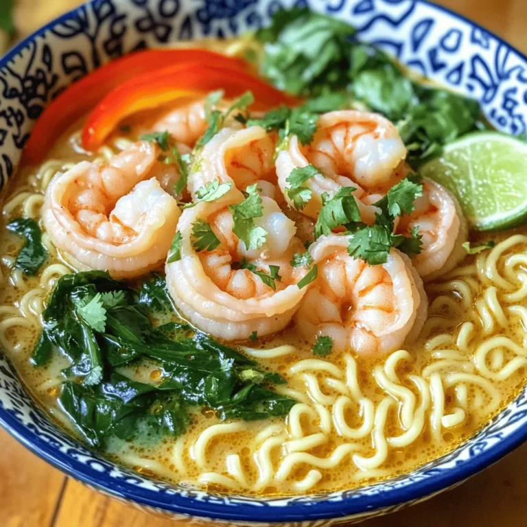 To create this dish, you'll need a few key items: - 8 oz ramen noodles - 1 lb shrimp, peeled and deveined - 1 can (14 oz) coconut milk - 1 cup chicken or vegetable broth - 2 tablespoons fresh lime juice - 1 tablespoon lime zest (from about 1 lime) - 2 garlic cloves, finely minced - 1 inch fresh ginger, grated - 1 tablespoon soy sauce - 1 tablespoon sesame oil - 1 red bell pepper, thinly sliced - 2 cups baby spinach - Fresh cilantro, roughly chopped, for garnish - Salt and pepper to taste These ingredients create a creamy, tangy broth that pairs perfectly with the shrimp and noodles. You can enhance your ramen by adding some optional items: - Sliced green onions for a fresh crunch - A dash of chili flakes for heat - Mushrooms for an earthy taste - Snow peas for a sweet snap - A soft-boiled egg for richness These options let you customize the dish to fit your taste. If you have dietary restrictions, here are some easy swaps: - Use tofu or tempeh instead of shrimp for a vegetarian option. - Swap coconut milk for almond milk for lower fat. - Use gluten-free ramen noodles if you're gluten intolerant. - Choose low-sodium broth to reduce salt intake. Making these substitutions can help you enjoy this meal without worry. Start with a large pot. Pour in your chicken or vegetable broth. Heat it on medium until it simmers gently. Stir it a bit to mix. Next, add one can of coconut milk to the pot. It brings a creamy richness. Then, add two minced garlic cloves and one inch of grated ginger. Now, squeeze in two tablespoons of fresh lime juice. Don’t forget the zest from one lime! Add one tablespoon of soy sauce and sesame oil too. Mix it all well until it’s hot and combined. Once your broth is ready, it’s time for the shrimp. Add one pound of peeled and deveined shrimp to the pot. Also, toss in one thinly sliced red bell pepper. Stir gently and let it cook for about 4 to 5 minutes. You want the shrimp to turn pink and opaque. Season with salt and pepper to taste. After the shrimp is done, fold in two cups of baby spinach. Cook for another 1 to 2 minutes. The spinach should wilt but stay bright green. While the shrimp and veggies cook, grab another pot. Boil water and cook eight ounces of ramen noodles according to the package. Once they are ready, drain them well. Set them aside for later. When everything is done, place the cooked ramen noodles into bowls. Ladle the coconut shrimp broth and vegetables over them. Add some fresh cilantro on top for a nice finish. Enjoy your Coconut Lime Shrimp Ramen! To boost flavors, use fresh ingredients. Fresh lime juice and zest add brightness. The ginger and garlic bring warmth and depth. If you want more heat, add sliced chili peppers during cooking. A splash of fish sauce can also deepen the taste. Perfect shrimp is key. Cook them just until they turn pink and opaque. Overcooked shrimp can become rubbery. Stir gently while they cook to ensure even heat. If you want extra flavor, marinate shrimp in lime juice and garlic for 15 minutes before cooking. Presentation matters in this dish. Serve in deep bowls to show off the broth and shrimp. Add bright green spinach for color. Top with fresh cilantro for aroma and a pop of freshness. Consider lime wedges on the side for extra zest. This not only looks good but also enhances the flavor experience. {{image_4}} You can easily make this dish vegetarian or vegan. Simply replace the shrimp with tofu or tempeh. Use vegetable broth instead of chicken broth. The coconut milk gives it a creamy texture, so it still tastes great. You can also add more vegetables like mushrooms or carrots. This way, you keep the flavor while making it plant-based. If you like heat, add red pepper flakes or sriracha. Start with a small amount and taste as you go. You can also add fresh chili peppers for a fresh kick. If you prefer less heat, skip the spicy elements. Adjusting the spice level lets everyone enjoy this dish. Feel free to swap out ingredients based on what you have. For example, use zucchini instead of bell peppers or spinach. You can also try different herbs like basil or mint for a twist. If you don’t have lime, lemon works too. These swaps keep the dish fresh and exciting. Keep your Coconut Lime Shrimp Ramen in a sealed container. This helps keep it fresh. Store it in the fridge for up to three days. Make sure the broth cools before you seal it. This step prevents condensation and soggy noodles. You can freeze this dish, but not with the noodles. The noodles can turn mushy when thawed. Instead, freeze the broth and shrimp mix. Place it in an airtight freezer bag. It can last up to three months. When ready to eat, thaw it in the fridge overnight. To reheat, warm the broth in a pot over medium heat. Stir gently to avoid sticking. If you stored noodles separately, cook them fresh for best texture. Once the broth is hot, combine it with the noodles. Serve with fresh cilantro on top for a burst of flavor. I recommend using fresh shrimp for the best taste. Look for large or extra-large shrimp. They cook quickly and stay juicy. If you can't find fresh shrimp, frozen shrimp works too. Just make sure they are peeled and deveined. Yes, you can use instant ramen noodles. They cook fast and fit well in this recipe. Just follow the package directions. Add them to the broth after cooking to soak up the flavor. To make this dish gluten-free, use gluten-free ramen noodles. You can also check the soy sauce. Look for a gluten-free brand or use tamari instead. These swaps keep the taste great without gluten. Serve this ramen with a simple side salad or steamed veggies. You can also add a light cucumber salad for crunch. Fresh spring rolls make a great choice too. They add a nice touch to your meal! This blog post guided you through making Coconut Lime Shrimp Ramen. We explored key ingredients, step-by-step cooking, and tips for better flavor. You learned how to adapt the recipe for different diets and what to do with leftovers. Coconut Lime Shrimp Ramen is versatile and can fit many tastes. Enjoy experimenting with flavors and making this dish your own. With some practice, you'll impress anyone at the table. Remember, cooking should be fun and creative!