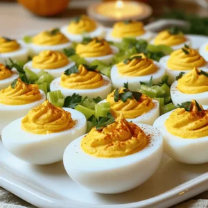 To make Thanksgiving deviled eggs, you need these items: - 6 large eggs - 3 tablespoons creamy mayonnaise - 1 teaspoon Dijon mustard - 1 teaspoon apple cider vinegar - 1/2 teaspoon smoked paprika (plus extra for garnish) - 1/4 teaspoon garlic powder - Salt and freshly ground black pepper to taste - 2 tablespoons finely chopped celery - 2 tablespoons finely chopped green onion - 1 tablespoon freshly chopped parsley (for garnish) Fresh eggs are key for great deviled eggs. Here are some tips: - Look for eggs with clean, uncracked shells. - Check the sell-by date on the carton. - Choose eggs that feel heavy for their size. - Place the egg in water; fresh eggs sink, while old ones float. You can add a seasonal twist to your deviled eggs. Here are some ideas: - Mix in some finely chopped cranberries for a tart flavor. - Add a dash of curry powder for a festive touch. - Use roasted red peppers for a sweet, smoky taste. - Include chopped walnuts for added crunch and flavor. These additions will brighten up your dish and impress your guests! To start, I place the eggs in a medium saucepan. I cover them with cold water, ensuring there’s at least an inch above the eggs. I turn on the heat to medium and bring the water to a gentle boil. Once it boils, I cover the saucepan with a lid and take it off the heat. I let the eggs sit for 12 to 14 minutes. This cooking time gives me firm yolks without a green ring. Next, I carefully move the eggs to an ice bath. I place them in a bowl filled with ice water. This cools the eggs and stops them from cooking more. After about 5 minutes, I take them out of the ice bath. I gently tap the eggs on a hard surface to crack the shell. Then, I peel them under cool running water. This makes peeling easier and helps avoid any bits of shell sticking to the eggs. Once peeled, I cut each egg in half lengthwise. I carefully scoop out the yolks into a mixing bowl. To the yolks, I add 3 tablespoons of creamy mayonnaise, 1 teaspoon of Dijon mustard, 1 teaspoon of apple cider vinegar, and 1/2 teaspoon of smoked paprika. I also add 1/4 teaspoon of garlic powder, along with salt and pepper to taste. Using a fork, I mash the ingredients until smooth and creamy. This mixture has a rich flavor that pairs well with the egg whites. Next, I fold in 2 tablespoons of finely chopped celery and 2 tablespoons of green onion. This adds a nice crunch and fresh taste. Now, my creamy yolk filling is ready! To make your Thanksgiving deviled eggs shine, presentation matters. Start by arranging the eggs on a festive platter. You can add sprigs of parsley or small edible flowers for color. If you want a fun twist, use a piping bag to create swirls with the yolk filling. This adds height and looks fancy. Sprinkle a little extra smoked paprika on top for a pop of color and flavor. Deviled eggs are great for prepping ahead of time. You can hard boil the eggs a day before your event. After cooling and peeling, store the egg whites in a covered container. Keep the yolk filling in another container. This way, you can fill the eggs just before serving. This keeps them fresh and tasty. Avoid overcooking the eggs to keep the yolks bright and smooth. When boiling, watch the timer closely. Also, peeling under running water helps to remove the shell easily. If the yolk filling is too thick, add a touch more mayonnaise to loosen it up. Lastly, taste your filling! Adjust salt and pepper to match your flavor. {{image_4}} You can bring new life to classic deviled eggs. Try adding flavors like cranberry and sage. The sweet-tart cranberry pairs well with the creamy yolk. A touch of sage adds warmth and depth. Another tasty combo is bacon and chives. The salty crunch of bacon will make your eggs pop. Each bite will be a little holiday party in your mouth! Pumpkin is another fun option for filling. Mix pumpkin puree with yolks for a seasonal twist. Add cinnamon and nutmeg for extra warmth. If you want tang, a dollop of cranberry sauce works great. It looks beautiful and adds color. Just spoon some on top or mix it in with the yolks. For a vegan option, replace the eggs with avocado. Mash ripe avocados with a little lemon juice. This gives a creamy texture and bright flavor. You can use vegan mayo to keep it creamy. Season with salt, pepper, and smoked paprika. These choices keep the spirit of deviled eggs alive for everyone! Store leftover deviled eggs in the fridge. Use an airtight container to keep them fresh. I suggest covering them with plastic wrap or a lid. This helps to prevent them from drying out or absorbing other flavors. Keep deviled eggs cold. If you leave them out for more than two hours, throw them away. When storing, place a piece of paper towel in the container. This absorbs any moisture and keeps them from becoming soggy. Deviled eggs are best eaten within three days after making them. If you notice any off smell or change in texture, it's safer to discard them. Always serve cold and enjoy the creamy goodness! You can keep deviled eggs in the fridge for up to two days. Store them in an airtight container. This keeps them fresh and prevents drying. If you add toppings like parsley, they may spoil faster. Yes, you can make deviled eggs a day before your event. Prepare the filling and store it in the fridge. Fill the egg whites just before serving. This keeps them looking fresh and tasty. If you want a mayo substitute, try Greek yogurt or avocado. Both add creaminess. Greek yogurt gives a tangy taste, while avocado offers a rich flavor. These swaps also make your deviled eggs healthier. In this blog post, we explored how to make delicious deviled eggs. We covered fresh ingredients, perfect cooking steps, and creative variations. I shared tips for serving and suggested answers to common questions. Deviled eggs can be a fun and tasty dish for any meal. With these steps, you will impress your friends and family. You can easily customize them to suit any taste. Enjoy experimenting with flavors and serving them at your next gathering!