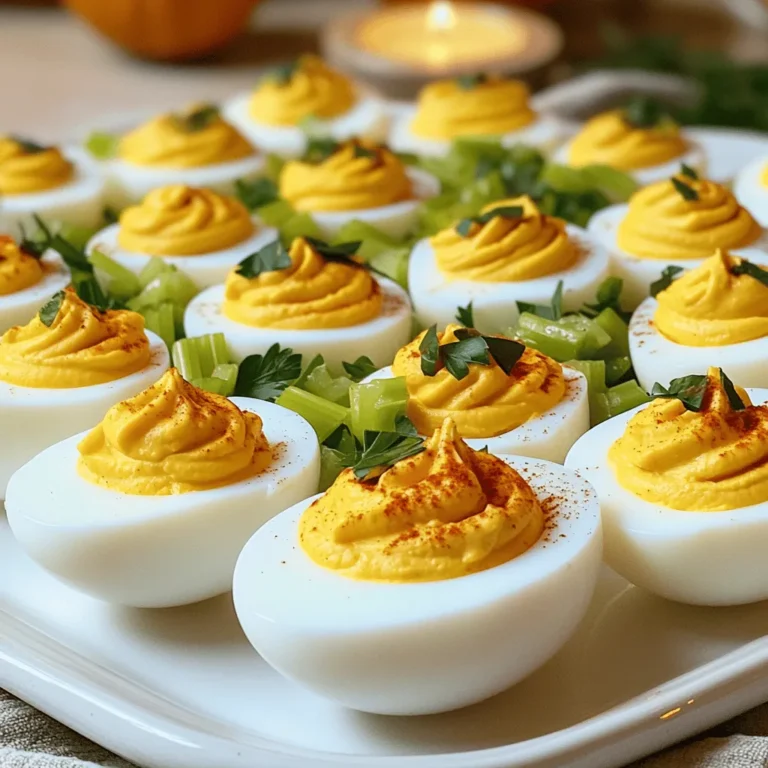 To make Thanksgiving deviled eggs, you need these items: - 6 large eggs - 3 tablespoons creamy mayonnaise - 1 teaspoon Dijon mustard - 1 teaspoon apple cider vinegar - 1/2 teaspoon smoked paprika (plus extra for garnish) - 1/4 teaspoon garlic powder - Salt and freshly ground black pepper to taste - 2 tablespoons finely chopped celery - 2 tablespoons finely chopped green onion - 1 tablespoon freshly chopped parsley (for garnish) Fresh eggs are key for great deviled eggs. Here are some tips: - Look for eggs with clean, uncracked shells. - Check the sell-by date on the carton. - Choose eggs that feel heavy for their size. - Place the egg in water; fresh eggs sink, while old ones float. You can add a seasonal twist to your deviled eggs. Here are some ideas: - Mix in some finely chopped cranberries for a tart flavor. - Add a dash of curry powder for a festive touch. - Use roasted red peppers for a sweet, smoky taste. - Include chopped walnuts for added crunch and flavor. These additions will brighten up your dish and impress your guests! To start, I place the eggs in a medium saucepan. I cover them with cold water, ensuring there’s at least an inch above the eggs. I turn on the heat to medium and bring the water to a gentle boil. Once it boils, I cover the saucepan with a lid and take it off the heat. I let the eggs sit for 12 to 14 minutes. This cooking time gives me firm yolks without a green ring. Next, I carefully move the eggs to an ice bath. I place them in a bowl filled with ice water. This cools the eggs and stops them from cooking more. After about 5 minutes, I take them out of the ice bath. I gently tap the eggs on a hard surface to crack the shell. Then, I peel them under cool running water. This makes peeling easier and helps avoid any bits of shell sticking to the eggs. Once peeled, I cut each egg in half lengthwise. I carefully scoop out the yolks into a mixing bowl. To the yolks, I add 3 tablespoons of creamy mayonnaise, 1 teaspoon of Dijon mustard, 1 teaspoon of apple cider vinegar, and 1/2 teaspoon of smoked paprika. I also add 1/4 teaspoon of garlic powder, along with salt and pepper to taste. Using a fork, I mash the ingredients until smooth and creamy. This mixture has a rich flavor that pairs well with the egg whites. Next, I fold in 2 tablespoons of finely chopped celery and 2 tablespoons of green onion. This adds a nice crunch and fresh taste. Now, my creamy yolk filling is ready! To make your Thanksgiving deviled eggs shine, presentation matters. Start by arranging the eggs on a festive platter. You can add sprigs of parsley or small edible flowers for color. If you want a fun twist, use a piping bag to create swirls with the yolk filling. This adds height and looks fancy. Sprinkle a little extra smoked paprika on top for a pop of color and flavor. Deviled eggs are great for prepping ahead of time. You can hard boil the eggs a day before your event. After cooling and peeling, store the egg whites in a covered container. Keep the yolk filling in another container. This way, you can fill the eggs just before serving. This keeps them fresh and tasty. Avoid overcooking the eggs to keep the yolks bright and smooth. When boiling, watch the timer closely. Also, peeling under running water helps to remove the shell easily. If the yolk filling is too thick, add a touch more mayonnaise to loosen it up. Lastly, taste your filling! Adjust salt and pepper to match your flavor. {{image_4}} You can bring new life to classic deviled eggs. Try adding flavors like cranberry and sage. The sweet-tart cranberry pairs well with the creamy yolk. A touch of sage adds warmth and depth. Another tasty combo is bacon and chives. The salty crunch of bacon will make your eggs pop. Each bite will be a little holiday party in your mouth! Pumpkin is another fun option for filling. Mix pumpkin puree with yolks for a seasonal twist. Add cinnamon and nutmeg for extra warmth. If you want tang, a dollop of cranberry sauce works great. It looks beautiful and adds color. Just spoon some on top or mix it in with the yolks. For a vegan option, replace the eggs with avocado. Mash ripe avocados with a little lemon juice. This gives a creamy texture and bright flavor. You can use vegan mayo to keep it creamy. Season with salt, pepper, and smoked paprika. These choices keep the spirit of deviled eggs alive for everyone! Store leftover deviled eggs in the fridge. Use an airtight container to keep them fresh. I suggest covering them with plastic wrap or a lid. This helps to prevent them from drying out or absorbing other flavors. Keep deviled eggs cold. If you leave them out for more than two hours, throw them away. When storing, place a piece of paper towel in the container. This absorbs any moisture and keeps them from becoming soggy. Deviled eggs are best eaten within three days after making them. If you notice any off smell or change in texture, it's safer to discard them. Always serve cold and enjoy the creamy goodness! You can keep deviled eggs in the fridge for up to two days. Store them in an airtight container. This keeps them fresh and prevents drying. If you add toppings like parsley, they may spoil faster. Yes, you can make deviled eggs a day before your event. Prepare the filling and store it in the fridge. Fill the egg whites just before serving. This keeps them looking fresh and tasty. If you want a mayo substitute, try Greek yogurt or avocado. Both add creaminess. Greek yogurt gives a tangy taste, while avocado offers a rich flavor. These swaps also make your deviled eggs healthier. In this blog post, we explored how to make delicious deviled eggs. We covered fresh ingredients, perfect cooking steps, and creative variations. I shared tips for serving and suggested answers to common questions. Deviled eggs can be a fun and tasty dish for any meal. With these steps, you will impress your friends and family. You can easily customize them to suit any taste. Enjoy experimenting with flavors and serving them at your next gathering!