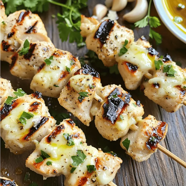 To make Garlic Parmesan Chicken Skewers, you need: - 1.5 lbs boneless, skinless chicken breast, cut into 1-inch cubes - 4 cloves garlic, finely minced - 1/2 cup freshly grated Parmesan cheese - 1/4 cup extra virgin olive oil - 2 tablespoons freshly squeezed lemon juice - 1 teaspoon dried oregano - 1 teaspoon sea salt - 1/2 teaspoon freshly cracked black pepper - 1/4 teaspoon crushed red pepper flakes (optional for heat) - Fresh parsley, finely chopped (for garnish) You can swap some ingredients if needed. Here are some ideas: - Use chicken thighs instead of breast for more flavor. - Swap fresh garlic for garlic powder; use 1 teaspoon. - If you don’t have Parmesan, try Pecorino Romano or a dairy-free cheese. - Replace olive oil with avocado oil for a different taste. - Lemon juice can be replaced with lime juice for a zesty twist. Garnishes can make your dish pop. Consider these options: - Extra grated Parmesan for a cheesy touch. - Lemon wedges for a fresh squeeze. - Fresh basil or cilantro for a bright flavor. - A drizzle of balsamic glaze for sweetness. First, gather your ingredients. In a large bowl, mix together the olive oil, minced garlic, and lemon juice. Add the dried oregano, sea salt, black pepper, and crushed red pepper flakes if you like heat. Whisk these until they blend well. This marinade will add lots of flavor to the chicken. Next, take your chicken cubes and add them to the bowl with the marinade. Make sure each piece is coated well. Cover the bowl with plastic wrap or a lid. Place it in the fridge for at least 30 minutes, but no more than 1 hour. This step is key to getting a tasty chicken skewer. Now it’s time to grill! Preheat your grill or grill pan to medium-high heat. If using wooden skewers, soak them in water for about 30 minutes. This helps prevent burning. Thread the marinated chicken onto the skewers, leaving small gaps between each piece. Grill the skewers for about 10 to 12 minutes. Turn them occasionally. You want them to reach 165°F inside and have nice grill marks. In the last few minutes, sprinkle on the grated Parmesan cheese. Let it melt slightly. Remove the skewers from the grill and let them rest for a few minutes. This helps keep the chicken juicy. Garnish with fresh parsley and a drizzle of olive oil just before serving. Enjoy your meal! To get those perfect grill marks, heat your grill well. Preheat it to medium-high heat. This step is key. If the grill is too cool, the chicken will stick. When placing the skewers on the grill, rotate them after a few minutes. This helps form those nice cross-hatch marks. Aim for about 2-3 minutes per side for great results. Juicy chicken is all about the marinade. Let the chicken soak for at least 30 minutes. This allows the flavors to soak in. If you have time, marinate for up to an hour. Also, don't overcook the chicken. Remove it from the grill once it reaches 165°F (75°C). Resting the skewers for a few minutes helps keep the juices inside. Serve these skewers on a wooden platter for a rustic vibe. Add lemon wedges for a fresh touch. Sprinkle extra Parmesan cheese on top for more flavor. Fresh parsley adds a nice pop of color. You can pair the skewers with a light salad or grilled veggies. These additions make the meal feel complete and delicious. {{image_4}} You can swap chicken for other meats. Try boneless turkey or pork. Both options work well with this marinade. For beef lovers, use sirloin steak cut into cubes. Each protein will soak up the garlic and Parmesan flavors. Adjust the cooking time for different meats. Turkey and pork might need a little longer to cook. Want to mix things up? Add some zest! Use lime juice instead of lemon for a fresh twist. You can also try adding fresh herbs like thyme or basil. For a smoky flavor, add a pinch of smoked paprika. If you crave spice, increase the red pepper flakes. These changes help create new, exciting flavors. You can still enjoy this dish without meat. Use firm tofu or seitan cut into cubes. Marinate them just like the chicken. For a fresh touch, try using mushrooms or zucchini. These veggies grill well and absorb all the marinade flavors. Serve with the same garlic and Parmesan topping to keep it tasty. Once you finish your Garlic Parmesan Chicken Skewers, store any leftovers in the fridge. Place the skewers in an airtight container. This helps keep them fresh for up to three days. Avoid leaving them out at room temperature for more than two hours. If you want to save the skewers for later, freezing is a good option. Wrap each skewer tightly in plastic wrap. Then, place them in a freezer-safe bag. You can freeze them for up to three months. Make sure to label the bag with the date for easy tracking. To reheat, you can use the oven or grill. For oven reheating, preheat it to 350°F (175°C). Place the skewers on a baking sheet and cover with foil. Heat for about 10-15 minutes. If using a grill, heat it to medium and grill for about 5 minutes, turning frequently. This keeps the chicken juicy and the cheese melty. Enjoy! I suggest marinating the chicken for at least 30 minutes. This helps the chicken absorb the rich flavors. You can marinate it up to one hour for even more taste. Just cover the bowl and place it in the fridge. The longer the chicken sits, the better it gets! Yes, you can cook the skewers in the oven! Preheat your oven to 400°F (200°C). Place the skewers on a baking sheet lined with parchment paper. Bake for 15-20 minutes, flipping halfway through. Just make sure the chicken reaches 165°F (75°C) for safe eating. Many sides go well with Garlic Parmesan Chicken Skewers. Here are some tasty options: - Fresh Salad: A green salad with a light vinaigrette adds crunch. - Grilled Vegetables: Zucchini, bell peppers, and onions are great choices. - Rice or Quinoa: A fluffy side gives a nice balance to your plate. - Garlic Bread: Who doesn’t love garlic bread? It’s a perfect match! - Pasta Salad: A cool pasta salad can round out your meal. Pairing these sides makes for a fun and tasty meal! This post shared all you need for delicious garlic Parmesan chicken skewers. We covered ingredients, cooking steps, and tips for the perfect skewer. You also learned about variations and how to store leftovers. Remember, using fresh ingredients makes each bite taste great. Try different proteins for fun twists. Enjoy your time grilling and sharing these tasty treats. You’ll impress your family and friends with your new skills. Happy cooking!