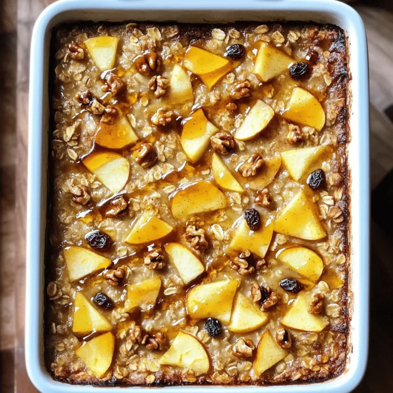 - 2 cups rolled oats - 2 apples, peeled and diced - 1 cup almond milk The main ingredients form the base of our oatmeal apple breakfast bake. Rolled oats give it a hearty texture. They soak up the flavor and become soft. The diced apples add natural sweetness and a nice crunch. Almond milk keeps it dairy-free and creamy. - 1/2 cup pure maple syrup - 1/4 cup unsweetened applesauce - 2 teaspoons ground cinnamon - 1 teaspoon pure vanilla extract Sweeteners give our bake a lovely taste. Pure maple syrup adds rich flavor. Unsweetened applesauce keeps it moist and sweet without added sugar. Ground cinnamon brings warmth, while vanilla extract adds a touch of sweetness. - 1/4 teaspoon ground nutmeg - 1/2 cup chopped nuts (walnuts or pecans) - 1/4 cup raisins or dried cranberries - A pinch of salt Additional ingredients enhance the dish. Ground nutmeg adds a warm spice. Chopped nuts provide crunch and healthy fats. Raisins or dried cranberries add chewy sweetness. A pinch of salt balances the flavors. This mix of ingredients makes a wholesome breakfast bake. You can customize it to suit your taste. First, preheat your oven to 375°F (190°C). This step gets the oven ready for baking. Next, grease a 9x9 inch baking dish. Use cooking oil or butter to prevent sticking. In a large bowl, combine the rolled oats, diced apples, chopped nuts, raisins, ground cinnamon, ground nutmeg, and a pinch of salt. Stir the mixture well. Make sure the dry ingredients and fruits mix evenly. In a separate bowl, whisk together the almond milk, maple syrup, unsweetened applesauce, and pure vanilla extract. Mix until the mixture is smooth. Pour this wet mixture over the dry ingredients. Gently mix until everything is well combined. Ensure the oats are nicely coated. Now, transfer the combined mixture into the greased baking dish. Spread it out evenly with a spatula. Place the baking dish in the preheated oven. Bake for 30-35 minutes. The top should turn golden brown, and the oats should set nicely. To make your oatmeal bake perfect, ensure the oats are well-coated with the wet mixture. This helps them absorb the flavors. Mix gently but thoroughly. If you prefer a softer texture, adjust the baking time. Bake it for 30 minutes for a creamier bite. For a firmer texture, let it bake for 35 minutes. Keep an eye on the color; it should be golden brown. Serving your oatmeal bake warm makes it even more inviting. Drizzle extra maple syrup on top for a sweet touch. A sprinkle of ground cinnamon adds a lovely aroma. I love to add a dollop of creamy yogurt beside it. Fresh apple slices make the plate look bright and fresh. This simple touch enhances both the look and taste. Oats and apples pack a punch of nutrition. Oats are great for heart health and provide fiber. They help you feel full longer, which is perfect for breakfast. Apples add vitamins and antioxidants. They also bring natural sweetness to the dish without extra sugar. Eating this bake can start your day on a healthy note. {{image_4}} You can switch up the nuts or dried fruits. This makes each bake unique. Try using pecans instead of walnuts. They add a nice crunch. Dried cherries or apricots also work well. You can even mix in some coconut flakes for extra flavor. Adding spices like ginger or cardamom gives warmth to the dish. A little ginger adds a zing. Cardamom brings a sweet, floral note. Experiment with what you love! If you want a dairy-free option, swap almond milk for oat or coconut milk. Both options will keep your bake creamy. If you want to cut sugar, use mashed bananas or a sugar alternative. Maple syrup is sweet, but you can use agave nectar too. These swaps keep the taste great while meeting your needs. Serve your oatmeal bake warm. Pair it with yogurt for creaminess. A splash of milk can also enhance the dish. Fresh fruit like sliced strawberries or bananas adds color and freshness. For more sweetness, drizzle extra maple syrup on top. These additions make your breakfast a true delight! To keep your oatmeal apple breakfast bake fresh, store it in the fridge. First, let it cool completely. Then, cut it into squares and place them in an airtight container. This helps prevent moisture loss. Your bake will stay good for up to five days. For best taste, enjoy it within the first three days. Freezing is a great way to save any extra oatmeal bake. After cooling, wrap each square in plastic wrap. Then, place them in a freezer-safe bag or container. Be sure to label the bag with the date. Your bake can last in the freezer for three months. When you’re ready to eat, let it thaw in the fridge overnight. Reheating oatmeal bake is simple. You can use the oven or microwave. For the oven, preheat it to 350°F (175°C). Place the squares on a baking sheet and heat for about 10-15 minutes. This keeps the texture nice. In the microwave, heat each square for 30-60 seconds. Add a splash of milk to keep it moist. Enjoy your tasty morning treat! Yes, you can prepare the oatmeal bake a day ahead. To do this, follow these steps: - Mix the dry ingredients and wet ingredients as instructed. - Combine them in your baking dish. - Cover the dish with plastic wrap or foil. - Store it in the fridge overnight. This way, you save time in the morning. Just pop it in the oven and bake it fresh! You can use quick oats, but the texture will change. Quick oats cook faster and become softer. They may make the bake less chewy. If you prefer a heartier dish, stick to rolled oats. Cooking time may also vary. Keep an eye on it while baking. The oatmeal bake lasts for about 4 to 5 days in the fridge. Store it in an airtight container to keep it fresh. If you want to keep it longer, freeze it. It can last for about 3 months in the freezer. Just thaw it in the fridge before reheating. This blog post covers a simple and delicious oatmeal bake with apples and nuts. You learned about the key ingredients, step-by-step instructions, and how to customize and store it. Baking is a fun way to enjoy healthy ingredients while nourishing your body. Try making this dish your own by experimenting with flavors and toppings. You will enjoy the warm, tasty results, and your family will love it too. Enjoy your cooking adventure!