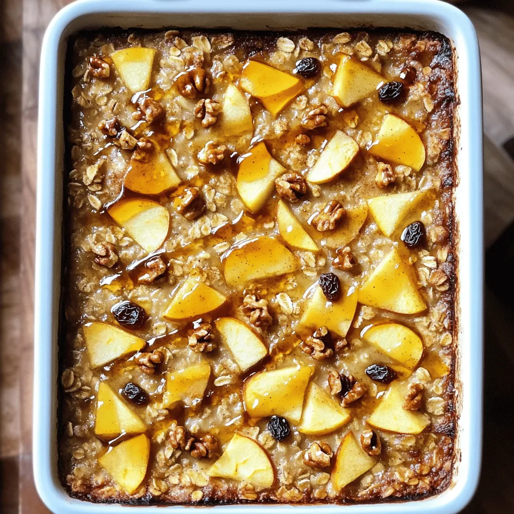 - 2 cups rolled oats - 2 apples, peeled and diced - 1 cup almond milk The main ingredients form the base of our oatmeal apple breakfast bake. Rolled oats give it a hearty texture. They soak up the flavor and become soft. The diced apples add natural sweetness and a nice crunch. Almond milk keeps it dairy-free and creamy. - 1/2 cup pure maple syrup - 1/4 cup unsweetened applesauce - 2 teaspoons ground cinnamon - 1 teaspoon pure vanilla extract Sweeteners give our bake a lovely taste. Pure maple syrup adds rich flavor. Unsweetened applesauce keeps it moist and sweet without added sugar. Ground cinnamon brings warmth, while vanilla extract adds a touch of sweetness. - 1/4 teaspoon ground nutmeg - 1/2 cup chopped nuts (walnuts or pecans) - 1/4 cup raisins or dried cranberries - A pinch of salt Additional ingredients enhance the dish. Ground nutmeg adds a warm spice. Chopped nuts provide crunch and healthy fats. Raisins or dried cranberries add chewy sweetness. A pinch of salt balances the flavors. This mix of ingredients makes a wholesome breakfast bake. You can customize it to suit your taste. First, preheat your oven to 375°F (190°C). This step gets the oven ready for baking. Next, grease a 9x9 inch baking dish. Use cooking oil or butter to prevent sticking. In a large bowl, combine the rolled oats, diced apples, chopped nuts, raisins, ground cinnamon, ground nutmeg, and a pinch of salt. Stir the mixture well. Make sure the dry ingredients and fruits mix evenly. In a separate bowl, whisk together the almond milk, maple syrup, unsweetened applesauce, and pure vanilla extract. Mix until the mixture is smooth. Pour this wet mixture over the dry ingredients. Gently mix until everything is well combined. Ensure the oats are nicely coated. Now, transfer the combined mixture into the greased baking dish. Spread it out evenly with a spatula. Place the baking dish in the preheated oven. Bake for 30-35 minutes. The top should turn golden brown, and the oats should set nicely. To make your oatmeal bake perfect, ensure the oats are well-coated with the wet mixture. This helps them absorb the flavors. Mix gently but thoroughly. If you prefer a softer texture, adjust the baking time. Bake it for 30 minutes for a creamier bite. For a firmer texture, let it bake for 35 minutes. Keep an eye on the color; it should be golden brown. Serving your oatmeal bake warm makes it even more inviting. Drizzle extra maple syrup on top for a sweet touch. A sprinkle of ground cinnamon adds a lovely aroma. I love to add a dollop of creamy yogurt beside it. Fresh apple slices make the plate look bright and fresh. This simple touch enhances both the look and taste. Oats and apples pack a punch of nutrition. Oats are great for heart health and provide fiber. They help you feel full longer, which is perfect for breakfast. Apples add vitamins and antioxidants. They also bring natural sweetness to the dish without extra sugar. Eating this bake can start your day on a healthy note. {{image_4}} You can switch up the nuts or dried fruits. This makes each bake unique. Try using pecans instead of walnuts. They add a nice crunch. Dried cherries or apricots also work well. You can even mix in some coconut flakes for extra flavor. Adding spices like ginger or cardamom gives warmth to the dish. A little ginger adds a zing. Cardamom brings a sweet, floral note. Experiment with what you love! If you want a dairy-free option, swap almond milk for oat or coconut milk. Both options will keep your bake creamy. If you want to cut sugar, use mashed bananas or a sugar alternative. Maple syrup is sweet, but you can use agave nectar too. These swaps keep the taste great while meeting your needs. Serve your oatmeal bake warm. Pair it with yogurt for creaminess. A splash of milk can also enhance the dish. Fresh fruit like sliced strawberries or bananas adds color and freshness. For more sweetness, drizzle extra maple syrup on top. These additions make your breakfast a true delight! To keep your oatmeal apple breakfast bake fresh, store it in the fridge. First, let it cool completely. Then, cut it into squares and place them in an airtight container. This helps prevent moisture loss. Your bake will stay good for up to five days. For best taste, enjoy it within the first three days. Freezing is a great way to save any extra oatmeal bake. After cooling, wrap each square in plastic wrap. Then, place them in a freezer-safe bag or container. Be sure to label the bag with the date. Your bake can last in the freezer for three months. When you’re ready to eat, let it thaw in the fridge overnight. Reheating oatmeal bake is simple. You can use the oven or microwave. For the oven, preheat it to 350°F (175°C). Place the squares on a baking sheet and heat for about 10-15 minutes. This keeps the texture nice. In the microwave, heat each square for 30-60 seconds. Add a splash of milk to keep it moist. Enjoy your tasty morning treat! Yes, you can prepare the oatmeal bake a day ahead. To do this, follow these steps: - Mix the dry ingredients and wet ingredients as instructed. - Combine them in your baking dish. - Cover the dish with plastic wrap or foil. - Store it in the fridge overnight. This way, you save time in the morning. Just pop it in the oven and bake it fresh! You can use quick oats, but the texture will change. Quick oats cook faster and become softer. They may make the bake less chewy. If you prefer a heartier dish, stick to rolled oats. Cooking time may also vary. Keep an eye on it while baking. The oatmeal bake lasts for about 4 to 5 days in the fridge. Store it in an airtight container to keep it fresh. If you want to keep it longer, freeze it. It can last for about 3 months in the freezer. Just thaw it in the fridge before reheating. This blog post covers a simple and delicious oatmeal bake with apples and nuts. You learned about the key ingredients, step-by-step instructions, and how to customize and store it. Baking is a fun way to enjoy healthy ingredients while nourishing your body. Try making this dish your own by experimenting with flavors and toppings. You will enjoy the warm, tasty results, and your family will love it too. Enjoy your cooking adventure!