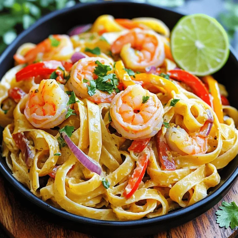- 8 oz fettuccine pasta - 1 lb shrimp, peeled and deveined - 2 tablespoons coconut oil - 1 bell pepper (red or yellow), sliced into thin strips - 1 small red onion, thinly sliced - 2 cloves garlic, minced - 1 teaspoon fresh ginger, freshly grated - 1 teaspoon ground allspice - 1 teaspoon dried or fresh thyme - 1/2 teaspoon cayenne pepper - 1 cup coconut milk - 2 tablespoons freshly squeezed lime juice - Salt and pepper, to taste - Fresh cilantro, chopped, for garnish When I cook Jamaican shrimp pasta, I start with key ingredients. The fettuccine gives a nice base. The shrimp adds a sweet, ocean flavor. Coconut oil is great for sautéing. Next, I slice a bell pepper and red onion for color and crunch. Garlic and ginger bring depth to the dish. They create a warm, inviting aroma in my kitchen. For seasonings, I use ground allspice and thyme. They add a unique taste that brings Jamaica to my plate. Cayenne pepper adds heat. You can adjust this based on your taste. Coconut milk makes the sauce creamy and rich. Fresh lime juice brightens everything up, while salt and pepper add balance. To finish, I sprinkle fresh cilantro on top. It adds a fresh pop of flavor and color. Each ingredient plays a role in making this dish bold and flavorful. - Begin boiling water with a pinch of salt. - Cook fettuccine according to package directions. Start by filling a large pot with water. Add a good pinch of salt. This helps flavor the pasta. Bring the water to a rolling boil. Once boiling, add the fettuccine. Cook it for about 8 to 10 minutes. The pasta should be al dente, firm but not hard. Once done, drain the pasta. Save about half a cup of the pasta water for later. Set the fettuccine aside. - Heat coconut oil in a skillet. - Add bell pepper and onion, sautéing until fragrant. In a large skillet, heat the coconut oil over medium heat. Wait until it melts and shimmers. Add the sliced bell pepper and red onion. Sauté them for about 3 to 4 minutes. You want them to soften and smell good. This step builds the flavor base for your dish. - Incorporate garlic and ginger, stir until fragrant. - Add shrimp and seasoning, sauté until cooked through. Next, add the minced garlic and freshly grated ginger to the skillet. Stir for another 1 to 2 minutes. You want the garlic to turn golden but not burnt. Now, add the peeled and deveined shrimp. Sprinkle in the allspice, thyme, cayenne pepper, and a dash of salt and pepper. Sauté the shrimp for about 3 to 4 minutes. They should turn pink and opaque when fully cooked. - Pour in coconut milk and lime juice, simmer for flavor infusion. - Adjust sauce consistency with reserved pasta water. Reduce the heat to low. Carefully pour in the coconut milk. Then, add the fresh lime juice. Let the mixture simmer gently for about 5 minutes. This step lets the flavors mix and deepen. If the sauce seems too thick, add a splash of the reserved pasta water. Stir until you get the right consistency. - Toss cooked pasta with shrimp and sauce in skillet. - Adjust seasoning as necessary before serving. Now, add the drained fettuccine directly into the skillet. Toss everything together until the pasta is coated in the creamy coconut sauce. Make sure it all mixes well. Taste the dish and adjust the seasoning if needed. You might want a bit more salt or lime juice. - Serve in bowls, topped with cilantro. - Add lime wedges for additional zest. Remove the skillet from heat. Let the pasta sit for a minute. For presentation, serve the pasta in individual bowls. Top each bowl with fresh chopped cilantro. Place a lime wedge on the side. This not only looks great but adds an extra burst of flavor for those who enjoy it. - Avoid overcooking shrimp for optimal texture: Shrimp cook fast. If you leave them too long, they get tough. Watch for that lovely pink color. When they turn opaque, they are done. - Use high heat for quick cooking: High heat locks in flavor. It gives the shrimp a nice sear. Quick cooking keeps them juicy and tender. - Experiment with adding hot sauce for an extra kick: If you like spice, a dash of hot sauce can make a big difference. Try different kinds to find your favorite. - Incorporate other spices like paprika or cumin: These spices bring warmth and depth to your dish. A little paprika adds a smoky touch, while cumin gives a warm earthiness. - Serve in colorful bowls for an attractive look: Bright bowls make the dish pop. You eat with your eyes first, so make it appealing. - Use fresh herbs for additional color and flavor: Chopped cilantro not only adds color but also a fresh taste. A sprinkle on top makes the dish look gourmet. {{image_4}} You can change the pasta type to suit your taste. Try linguine or spaghetti instead of fettuccine. Both options work well. For a twist, use fresh vegetables like zucchini or snap peas. These add color and crunch. You can mix and match to create your favorite dish. Want more heat? You can increase the cayenne pepper. Adjust it to fit your spice level. If you like extra spice, add diced jalapeños. They give a different kick and flavor. Spice it up your way! If you prefer a plant-based meal, swap the shrimp for tofu or chickpeas. Both options are filling and tasty. To keep the creamy texture, use vegetable broth instead of coconut milk. This makes a delicious, vegan twist on the dish. Enjoy it without meat! You can store leftover Jamaican shrimp pasta in an airtight container. It stays fresh for up to 3 days. When ready to eat, reheat it gently. You can use a stovetop or microwave to warm it up. If you want to keep it longer, freeze the pasta in sealed portions. It stays good for up to 1 month. To enjoy again, thaw the pasta overnight in the fridge. This method keeps the shrimp tasting fresh. When reheating, add a splash of coconut milk or broth. This helps to bring back the creamy texture. Stir the pasta occasionally while warming. This ensures even heating throughout the dish. You can serve this dish with a fresh green salad. A simple side salad with tomatoes and cucumbers works great. Garlic bread is another tasty option. It adds a nice crunch and flavor. You can also try roasted vegetables for a healthy side. You can prepare some parts ahead of time. Cook the pasta and store it. Slice the vegetables and store them in the fridge. You can also clean and season the shrimp. This way, when you are ready, you can cook everything quickly. Yes, this dish is great for meal prep. You can portion it into containers. Store in the fridge for up to three days. When you want to eat it, just reheat on the stove or microwave. Add a splash of coconut milk to keep it creamy. Look for shrimp that turn pink and opaque. They should curl slightly but not be tight. Cooking time is usually 3-4 minutes. If they look shiny and firm, they are ready to eat. Yes, this recipe is already dairy-free with coconut milk. You can use almond milk or oat milk as another option. They will give a different flavor but still taste great. You can find Jamaican spices at local markets or online. Look for allspice, thyme, and cayenne pepper. Stores that sell international foods often carry them. If you can't find them, you can try local spice shops or order online. Jamaican shrimp pasta combines bold flavors and fresh ingredients for a tasty meal. We covered essential ingredients, cooking steps, and tips for best results. With options for variations and storage, this dish adapts to your needs. Whether you make it spicy or keep it mild, enjoy its vibrant taste. Try serving it with a refreshing salad or garlic bread to enhance your dining experience. This recipe invites creativity and is sure to impress at any dinner!