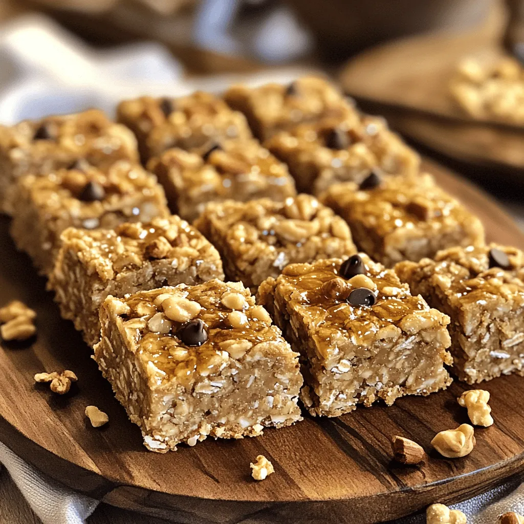 - 2 cups rolled oats - 1/2 cup almond or peanut butter - 1/3 cup honey or maple syrup - 1/2 cup chopped nuts (almonds, walnuts, pecans) - 1/4 cup mini chocolate chips or dried fruits - 1/2 teaspoon ground cinnamon You can swap almond butter with sunflower seed butter for a nut-free option. For sweeteners, use agave syrup or coconut sugar for vegan choices. If you need gluten-free oats, make sure to pick oats labeled gluten-free. This way, you avoid cross-contamination with gluten products. These easy swaps allow you to make the bars fit your diet. Choose ingredients that suit your taste and needs. In a medium bowl, combine the rolled oats, chopped nuts, mini chocolate chips, and ground cinnamon if you like. Use a spatula or wooden spoon to mix well. Make sure everything is evenly spread out. Good mixing helps the bars taste great and stay together. Next, take a small saucepan and set it over low heat. Add the almond butter and honey or maple syrup. Stir the mixture until it melts and is smooth. Keep the heat low. High heat can change the texture and make it hard to mix later. Once the nut butter mixture is ready, remove it from the heat. Add the vanilla extract and salt to this mix. Stir well to combine everything. Pour the warm mixture over the dry ingredients in the bowl. Use a spatula to fold the dry with the wet. This helps coat the oats evenly and forms a cohesive mixture. Now, prepare a 9x9 inch baking dish by lining it with parchment paper. Leave some paper hanging over the sides to help lift the bars out later. Transfer the mixture into the lined dish. Use another piece of parchment paper to press down firmly. This step is key to making sure the bars hold together. Finally, refrigerate the pressed mixture for at least 2 hours. This chilling time helps the bars firm up. To check for firmness, press lightly on the mixture. If it holds its shape, it’s ready to cut. Enjoy your homemade no-bake oatmeal bars! To cut your no-bake oatmeal bars well, use a sharp knife. A sharp knife helps you get clean edges. Start with a chilled bar, as this makes cutting easier. If the bars are too sticky, warm the knife slightly under hot water. Just dry it off before cutting. Lifting the bars from the dish can be tricky. Use the overhang of the parchment paper. Pull gently to lift the whole slab out. This way, you avoid breaking the bars. Place them on a cutting board for easier slicing. You can boost flavor and texture by adding toppings. Nuts like almonds or walnuts add crunch. You can also drizzle honey or chocolate on top for sweetness. These extras make each bite more exciting. Try different mix-ins to change things up. Dried fruits like cranberries or apricots add natural sweetness. You can also use seeds like sunflower or pumpkin for added nutrition. Feel free to get creative based on what you like! When serving, arrange the bars neatly on a platter. You can stack them or lay them side by side. This makes them look more inviting. For a nice touch, sprinkle more chopped nuts on top. A drizzle of honey adds shine and sweetness. These small details make your bars look gourmet and appealing to everyone. {{image_4}} To make vegan no-bake oatmeal bars, substitute almond butter with sunflower seed butter. Use maple syrup instead of honey. These swaps keep the bars tasty while being plant-based. You can add flavor by mixing in ingredients like: - Chopped dried fruits (dates or apricots) - Coconut flakes - Sunflower seeds These add-ins bring extra sweetness and texture. Feel free to experiment! To ensure your no-bake bars are gluten-free, choose certified gluten-free oats. This step is key, as regular oats may contain gluten. If you need extra binding, try adding a bit of ground flaxseed mixed with water. This acts like glue, helping to hold the bars together. For flavor, you can try different nut butters. Cashew butter or hazelnut spread works great. Each choice adds a unique taste. Seasonal spices can elevate your bars too. Adding pumpkin spice in fall or cinnamon in winter brings warmth. You could even mix in cocoa powder for a chocolate twist. To keep your no-bake oatmeal bars fresh, use airtight containers. This helps prevent air and moisture from spoiling them. Store the bars in the fridge right after they set. Refrigeration slows down spoilage and keeps flavors strong. These bars last up to one week in the fridge. For longer storage, you can freeze them. Wrap each bar in plastic wrap, then place them in a freezer bag. They can last for up to three months in the freezer. Check for changes in smell or texture to spot spoilage. If the bars smell off or feel sticky, it’s best to toss them. To keep them fresh, make sure to seal the container tightly after each use. Yes, you can easily make these bars nut-free. Substitute almond butter with sunflower seed butter or soy nut butter. Both options provide a similar creamy texture. For the nuts, replace them with seeds like pumpkin or sunflower seeds. This keeps the taste great while ensuring safety for nut allergies. To boost the protein in your bars, try adding ingredients like chia seeds or hemp seeds. These seeds mix well with oats and add extra nutrition. You can also include some protein-rich powder like pea or whey protein. Just remember to adjust the wet ingredients slightly if you add powder. Crumbly bars usually result from not pressing the mixture down enough. Make sure to pack the mixture tightly in the dish. Also, if you don’t use enough nut butter or sweetener, the bars may fall apart. Check the ratio of dry to wet ingredients to avoid this issue. Yes! You can add protein powder to the mixture. Start with 1/4 cup and mix it with the dry ingredients. When you combine the wet and dry ingredients, make sure to stir well. This helps the protein powder blend in smoothly. To check if the bars are set, gently press the top with your fingers. They should feel firm and not sticky. If they still feel soft, give them more time in the fridge. Once set, you can cut them into squares or rectangles easily. You learned how to make no-bake oatmeal bars step-by-step. From key ingredients to fun variations, these bars are easy and adaptable. You can change nut butters or add nuts for flavor. Storing them right ensures they stay fresh. Keep in mind, you can make them nut-free or higher in protein. These bars are not just tasty; they fit many diets. So get creative and enjoy your delicious creations!