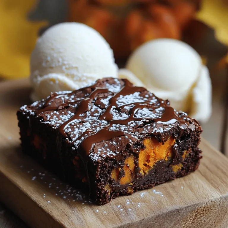 To make fudgy pumpkin brownies, you need these key ingredients: - 1 cup pumpkin puree (canned or homemade) - 1/2 cup unsweetened cocoa powder - 1/2 cup all-purpose flour - 1 cup granulated sugar - 1/4 cup packed brown sugar - 1/2 cup unsalted butter, melted - 2 large eggs - 1 teaspoon vanilla extract - 1/2 teaspoon baking powder - 1/2 teaspoon pumpkin pie spice (or a mix of cinnamon, nutmeg, and ginger) - 1/4 teaspoon salt - 1/2 cup semi-sweet chocolate chips (optional) These ingredients create a rich, chocolatey flavor that pairs perfectly with the pumpkin. You can enhance your brownies with these optional ingredients: - 1/2 cup chopped nuts (like walnuts or pecans) - 1/2 cup white chocolate chips for a sweet twist - A pinch of sea salt for contrast Adding these can make your brownies even more delightful. If you need substitutes, here are some options: - Use applesauce instead of butter for a lighter version. - Swap all-purpose flour with almond flour for a gluten-free treat. - Replace granulated sugar with coconut sugar for a healthier choice. These substitutions can help you adjust the recipe to fit your needs while keeping the flavors delicious. Start by preheating your oven to 350°F (175°C). This step ensures even baking. Next, grease a 9x9-inch baking pan. For easy removal, line the pan with parchment paper. Let the paper hang over the sides a bit. In a large bowl, mix the melted butter with granulated sugar and brown sugar. Whisk until smooth and lump-free. Then, add the pumpkin puree, eggs, and vanilla extract. Whisk again until everything combines well. In another bowl, sift together the cocoa powder, flour, baking powder, pumpkin pie spice, and salt. This helps distribute the dry ingredients evenly. Gradually fold the dry mix into the wet mix. Use a spatula and be gentle to avoid overmixing. If you want extra fudginess, add chocolate chips at this point. Pour the brownie batter into the prepared pan. Spread it evenly with a spatula. Place the pan in the oven and bake for 25-30 minutes. Check for doneness by inserting a toothpick in the center. It should come out with a few moist crumbs, not wet batter. Once baked, take the pan out and let it cool for about 15 minutes. Use the parchment overhang to lift the brownies out and put them on a wire rack. Allow them to cool completely before cutting into squares. Enjoy them warm or at room temperature! To get that rich, fudgy texture, use melted butter. It helps blend the sugars and pumpkin. Also, don’t overmix your batter. Mix until just combined for a denser brownie. Adding chocolate chips boosts the fudginess, so feel free to toss in half a cup. Baking time matters too. Check for moist crumbs with a toothpick, not clean. This means your brownies will stay soft. One common mistake is using cold ingredients. Always use room temperature eggs and butter. This helps create a smooth batter. Another mistake is overbaking. Keep an eye on those brownies. If you bake too long, they can turn dry. Lastly, don’t skip the parchment paper. It makes removing the brownies much easier and keeps them intact. Measuring ingredients correctly is key to great brownies. Use a kitchen scale for precise amounts, especially with flour and cocoa. If using measuring cups, spoon the ingredient into the cup, then level it off with a knife. Don’t pack the flour down; this can add too much. Always sift together dry ingredients to avoid clumps. This step ensures an even mix and smooth batter. {{image_4}} You can add nuts for crunch. Walnuts or pecans work well. They bring a nice texture. Try 1/2 cup of chopped nuts mixed into the batter. You can also use dried fruit like cranberries for a sweet touch. Chocolate chips are a favorite too. Add 1/2 cup for extra fudginess. To make these brownies gluten-free, swap the all-purpose flour. Use a gluten-free flour blend instead. This will keep the brownies soft and fudgy. Check that your cocoa powder and other ingredients are also gluten-free. You can change the flavor easily. Add 1 teaspoon of espresso powder for depth. This makes the chocolate taste richer. For a spiced flavor, increase pumpkin pie spice to 1 teaspoon. You can also add a splash of almond extract for a unique twist. Each change can make your brownies special! To keep your fudgy pumpkin brownies fresh, store them in an airtight container. Place a piece of wax paper between layers to prevent sticking. They stay good for about four to five days at room temperature. If you want to keep them longer, refrigeration is an option. Just be aware that the cold can change their texture a bit. Freezing brownies is easy and keeps them tasty. First, let the brownies cool completely. Then, cut them into squares. Wrap each piece in plastic wrap and place them in a freezer bag. They can last up to three months in the freezer. When you’re ready to enjoy them, just thaw the brownies in the fridge overnight. Reheating fudgy pumpkin brownies is simple. You can use a microwave or an oven. For the microwave, heat a brownie for about 15 to 20 seconds. Check to see if it’s warm enough. If you prefer the oven, set it to 350°F (175°C). Place the brownies on a baking sheet and heat for about 10 minutes. This method helps restore their fudgy texture. Enjoy them warm for the best experience! Yes, you can use fresh pumpkin. To do this, cook and puree the pumpkin. Make sure it is smooth and not too watery. Fresh pumpkin can taste more vibrant than canned. It may also change the texture slightly, making it more moist. Check your brownies after 25 minutes. Insert a toothpick into the center. If it comes out with a few moist crumbs, they are done. If it has wet batter, bake for a few more minutes. Brownies can be tricky, so keep an eye on them. These brownies shine on their own, but you can elevate them. Try serving with a scoop of vanilla ice cream. A drizzle of chocolate ganache adds a nice touch too. Dusting with powdered sugar can make them look fancy. You can also pair them with a warm drink like coffee or chai. The blog post covered everything you need for making fudgy pumpkin brownies. We explored key ingredients, preparation steps, and helpful tips for the perfect texture. I shared fun variations to try and how to store your brownies safely. You now have the tools to bake a delicious treat. Enjoy creating and sharing these fudgy brownies with friends and family. Remember, the best brownies come from your kitchen!