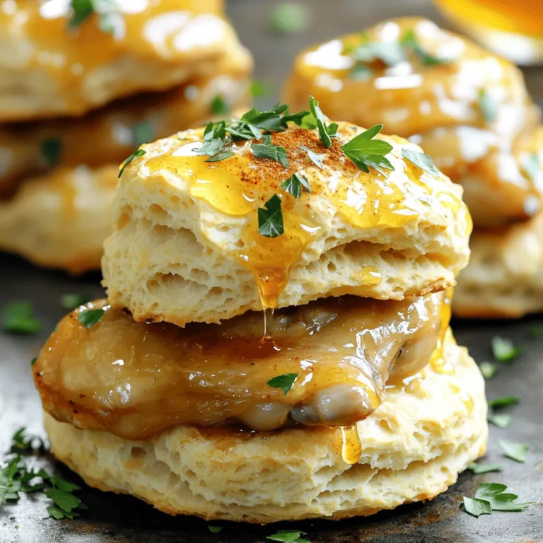 To create Hot Honey Chicken Biscuits, you need these ingredients: - 2 cups all-purpose flour - 1 tablespoon baking powder - 1 teaspoon salt - ½ teaspoon baking soda - ½ cup unsalted butter, cold and cut into small cubes - ¾ cup buttermilk, chilled - 1 lb boneless, skinless chicken thighs - 1 teaspoon garlic powder - 1 teaspoon paprika - 1 teaspoon freshly ground black pepper - ½ cup hot honey (store-bought or homemade) - Fresh parsley, finely chopped for garnish These ingredients come together to make a delicious and satisfying dish. Each part plays a role. For example, flour and baking powder create the biscuit structure. Buttermilk keeps the biscuits moist and tender. Chicken thighs add flavor and protein. The spices bring warmth and depth. Hot honey ties it all together with its sweet heat. When you gather these ingredients, you set the stage for a great meal. Use fresh parsley to add a pop of color and freshness to the dish. The combination of flavors in this recipe is sure to impress everyone. Mixing Dry Ingredients Start by taking a large mixing bowl. Add 2 cups of all-purpose flour, 1 tablespoon of baking powder, 1 teaspoon of salt, and ½ teaspoon of baking soda. Whisk these ingredients together well. This step ensures the dry ingredients mix evenly. Incorporating Cold Butter Next, take ½ cup of cold, unsalted butter. Cut it into small cubes. Add the cubes to the flour mix. Use your fingertips or a pastry cutter to blend the butter with the flour. You want the mixture to look like coarse crumbs. Some pea-sized pieces of butter should remain. This helps keep the biscuits flaky. Creating the Well for Buttermilk Now, create a well in the center of your dry mix. Pour in ¾ cup of chilled buttermilk. This helps to moisten the dough without overmixing. Kneading and Cutting Biscuits Gently stir the mix with a fork until just combined. The dough will look shaggy. Transfer it to a floured surface. Knead it a few times until it comes together. Pat the dough into a rectangle about 1 inch thick. Use a round biscuit cutter to cut out biscuits. Place them on a baking sheet lined with parchment paper, leaving space between each. Preheating Oven and Baking Time Preheat your oven to 450°F (230°C). Bake the biscuits for 12-15 minutes. Look for a golden brown top. Once baked, remove them from the oven and let them cool slightly. Preparing and Cooking Chicken Thighs While the biscuits bake, season 1 pound of boneless, skinless chicken thighs. Use 1 teaspoon of garlic powder, 1 teaspoon of paprika, and 1 teaspoon of black pepper. In a skillet over medium heat, add a bit of vegetable oil. When hot, add the chicken. Cook for about 6-7 minutes on each side. Check with a meat thermometer for doneness; it should read 165°F (74°C). Remove the chicken and let it rest. Heating Hot Honey In a small saucepan, warm up ½ cup of hot honey over low heat. Stir it for about 2-3 minutes until it’s slightly thin. Optional Cayenne Pepper For extra heat, whisk in a pinch of cayenne pepper. This is optional, but it adds a nice kick. Layering the Chicken and Biscuits Slice each biscuit in half. Place a piece of the cooked chicken between the biscuit halves. Drizzle the warm hot honey over the chicken. Presentation Tips For a beautiful look, sprinkle fresh parsley on top of each biscuit sandwich. It adds color and flavor. Serve the biscuits on a large platter, with extra hot honey on the side for guests. A few sprigs of parsley can make it even more inviting. Avoiding Overmixing Mixing is key but too much can ruin your biscuits. When you add the buttermilk, use a gentle touch. Stir until just combined. The dough should look shaggy, not smooth. This will help keep your biscuits soft and flaky. How to Get Flaky Layers To achieve those perfect flaky layers, keep your butter cold. When you mix the butter into the flour, leave small chunks. These bits melt during baking, making layers. Also, fold the dough gently when shaping. This method helps create those lovely layers we all crave. Using a Meat Thermometer The best way to know your chicken is ready is with a meat thermometer. Insert it into the thickest part of the chicken. It should read 165°F (74°C) for safety and juiciness. This ensures that every bite is perfect. Choosing the Right Cut of Chicken For this recipe, I prefer boneless, skinless chicken thighs. They stay juicy and tender. If you want a leaner option, chicken breasts work too. Just remember to adjust cooking time to avoid dryness. Making Homemade Hot Honey You can easily make hot honey at home. Simply warm honey in a small pan and add red pepper flakes or cayenne. This gives it a spicy kick. Adjust the amount to suit your taste. Adjusting Heat Levels If you love spice, add more heat! For milder honey, use less chili. You can also mix in some apple cider vinegar for a tangy twist. Play around until you find your perfect balance. {{image_4}} You can switch out chicken thighs for chicken breasts. Chicken breasts are leaner and cook faster. Just cut them into smaller pieces to help them cook evenly. If you want a plant-based option, use tofu. Press and cube the tofu, then season it like the chicken. Cook it until it's golden and crispy. Another fun option is to use fried chicken. You can buy it or make it at home. It adds a crunchy texture and a rich flavor. Just sandwich it between the biscuits with hot honey for a tasty treat! If you're looking for different sauces, try maple syrup or barbecue sauce. Maple syrup adds sweetness without heat. You can mix it with a little hot sauce for a sweet and spicy combo. For a lighter option, use a yogurt-based sauce. Mix plain yogurt with honey and a squeeze of lemon. This makes a creamy, tangy sauce that pairs well with the biscuits. To make this recipe gluten-free, you can use gluten-free flour. Make sure to choose a blend that works for baking. This way, you get the same fluffy biscuits without the gluten. For dairy-free options, try almond milk or coconut milk for the buttermilk. Just mix the milk with a little vinegar or lemon juice. This will create a similar tangy flavor, perfect for your biscuits! Best Storage Practices Store your leftover hot honey chicken biscuits in the fridge. Place them in an airtight container. This keeps them fresh for about 2-3 days. If you want to keep them longer, consider freezing them. Wrap each biscuit tightly in plastic wrap, and then place them in a freezer bag. They can last for up to 3 months in the freezer. Recommended Containers Use glass or plastic containers with tight lids for the fridge. For freezing, use freezer bags or heavy-duty aluminum foil. This helps avoid freezer burn and keeps them tasty. Oven vs. Microwave Reheating The oven is best for reheating biscuits. Preheat your oven to 350°F (175°C). Place the biscuits on a baking sheet. Heat for about 10-15 minutes. This keeps them crispy. If using a microwave, place the biscuit on a microwave-safe plate. Heat for 15-30 seconds. This is quicker but may make them soft. How to Maintain Crispness To keep biscuits crispy, use the oven. If you must use the microwave, cover the biscuits with a damp paper towel. This helps them stay moist but can soften them. For extra crispness, you can pop them in a hot skillet for a minute after microwaving. To make hot honey, you need just a few simple items. Here’s what you will need: - ½ cup hot honey (store-bought or homemade) - Optional: a pinch of cayenne pepper for extra heat Start by warming the hot honey in a small saucepan over low heat for 2-3 minutes. You can add cayenne pepper if you want more spice. Stir well to blend the flavors. This sweet and spicy mix will elevate your chicken biscuits to the next level. Yes, you can make biscuit dough ahead of time. Here are some tips to help you: - Prepare the dough and cut out the biscuits. - Place the cut biscuits on a baking sheet and freeze them for about 30 minutes. - Once frozen, transfer the biscuits to a zip-top bag for longer storage. When you’re ready to bake, simply preheat your oven and bake the frozen biscuits. You may need to add a few extra minutes to the baking time. Hot honey chicken biscuits pair well with many sides. Here are some tasty options: - Coleslaw for crunch and freshness - Sweet potato fries for a sweet touch - A simple green salad for balance - Macaroni and cheese for comfort These sides will add flavor and variety to your meal, making it even more enjoyable. Hot Honey Chicken Biscuits are a tasty treat you can make at home. You learned about the key ingredients, from flour to spices and hot honey. The step-by-step guide made cooking simple, covering biscuit dough, chicken prep, and assembly. Finally, I shared tips for perfect biscuits and chicken, plus fun variations and storage info. Now, you can impress guests or enjoy a cozy meal. Try this recipe, and enjoy every bite of your delicious creation!