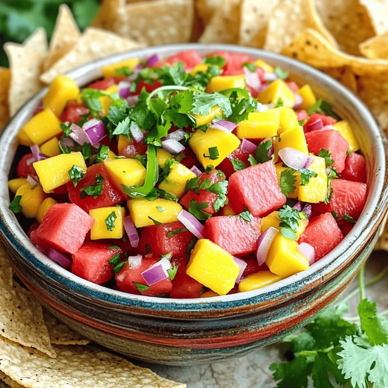 - 2 cups fresh watermelon, diced - 1 cup ripe mango, diced - 1/2 cup red onion, finely chopped - 1/2 cup bell pepper, diced - 1 jalapeño, minced (optional) - 1/4 cup fresh cilantro, chopped - Juice of 2 limes - Salt to taste Watermelon fruit salsa is a fun and bright dish. Each ingredient adds its own flavor. The watermelon gives a sweet and juicy base. Mango adds more sweetness and a vibrant color. Red onion gives a nice crunch and a sharp bite. Bell pepper adds a fresh flavor and bright color. If you like heat, add jalapeño. It can bring some spice to the salsa. Cilantro adds a fresh herb taste that brightens everything up. Lime juice adds a zesty kick and balances the sweetness. A pinch of salt rounds out the flavors. Watermelon is a super healthy choice. It is low in calories, so you can enjoy it guilt-free. It is also high in vitamins A and C, which are great for your skin and immune system. Plus, watermelon has high water content. This helps keep you hydrated, especially on hot days. Watermelon fruit salsa pairs well with many dishes. Serve it with tortilla chips for a tasty snack. It also goes great with grilled meats, adding a fresh contrast. You can even top your avocado with it for a creamy, flavorful twist. Enjoy mixing and matching! - Dice the watermelon and mango into small cubes. - Finely chop the red onion and bell pepper. - Mince the jalapeño if you want some heat. - In a big bowl, combine all the diced fruits and veggies. - Add the minced jalapeño and chopped cilantro. - Squeeze fresh lime juice over the whole mix. - Gently toss everything together without crushing the watermelon. - Season your salsa with a pinch of salt. - Cover the bowl and refrigerate for at least 30 minutes. This resting time allows all the flavors to blend well. Enjoy the fresh taste! - Uniformity for texture and presentation: When dicing watermelon, aim for small, even cubes. This helps with texture and makes the salsa look great. Uniform pieces make it easy to eat and mix well together. - Tools to use for safe and effective cutting: Use a sharp chef's knife for clean cuts. A cutting board with a non-slip surface keeps everything safe. A melon baller can also create fun shapes for a twist. - Creative ways to serve watermelon salsa: Serve your salsa in a hollowed-out watermelon rind for a fun look. You can also use colorful bowls that match your event. This adds a festive touch to any table. - Recommended garnishes: Top the salsa with extra cilantro leaves or lime wedges. This adds color and a fresh smell to your dish. You can also sprinkle some feta cheese on top for a creamy contrast. - Additional herbs or spices to try: Try adding mint for a refreshing twist or cumin for a warm flavor. Chopped basil can also add a nice touch. Experiment with these to find your favorite mix. - Adjusting heat levels: If you like more heat, add more jalapeño or try a different pepper. For less spice, remove all seeds from the peppers or leave them out altogether. Taste as you go to find the right balance for you. {{image_4}} You can make a tropical twist on watermelon salsa. Pineapple or coconut adds sweetness and a burst of flavor. Just dice fresh pineapple or use shredded coconut. You can also try using mint instead of cilantro. Mint gives a cool, fresh taste that pairs well with the fruit. If you enjoy heat, this variation is for you! Increase the jalapeño for more spice. If you want an extra kick, add habanero peppers. You can also drizzle in some hot sauce. This adds a fiery depth that complements the sweet watermelon. For a savory twist, add black beans to your salsa. This gives it a hearty texture. You can also experiment with cheese. Feta or cotija cheese can add a creamy touch. These ingredients make the salsa more filling and add more layers of flavor. To keep your watermelon salsa fresh, use an airtight container. Glass or plastic containers work great. Make sure the lid seals tightly to keep air out. Place the salsa in the fridge right after serving. This keeps the flavors bright and fresh. Watermelon salsa lasts about 3 days in the fridge. After three days, it may lose its taste and texture. Look for signs like a watery consistency or a sour smell. If you see these signs, it's time to toss it. You can freeze watermelon salsa, but it may change in texture. To freeze, scoop it into a freezer-safe bag. Remove as much air as you can before sealing. When you’re ready to eat, thaw it in the fridge overnight. It may be watery, so stir it well before serving. You can add more jalapeño. Just increase the amount you use. If you want more heat, try using different peppers. Habanero or serrano can bring a nice kick. Always taste as you go. Adjust the spice to match your taste buds. Yes, you can. For best flavor, make it a few hours ahead. This lets the tastes mix well. If you need to prepare it a day early, that works too. Just store it in the fridge. Cover it tightly to keep it fresh. This salsa pairs great with many foods. Try it with tortilla chips for a fun snack. It also goes well with grilled meats like chicken or fish. You can serve it on tacos or salads too. For drinks, a light, fruity cocktail works well. This blog post covered a tasty watermelon salsa recipe, including its key ingredients and health benefits. I shared tips on preparing, serving, and storing the salsa. You can even try fun variations, like adding tropical fruits or spices for more flavor. With this easy guide, you can whip up a delicious dish that impresses guests or treats your family. Enjoy experimenting with flavors, and don’t be afraid to make it your own!