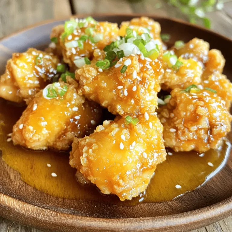 - 1 lb boneless chicken thighs, cut into bite-sized pieces - 1 cup cornstarch - 1/2 cup all-purpose flour - 2 large eggs, beaten - 1/4 cup vegetable oil (for frying) - 1 teaspoon garlic powder - 1 tablespoon fresh ginger, grated - 1/2 cup freshly squeezed orange juice - 1/4 cup honey - 2 tablespoons soy sauce - 1 tablespoon rice vinegar - 1/2 teaspoon crushed red pepper flakes - 1 tablespoon sesame oil - 2 tablespoons sesame seeds - 2 green onions, finely chopped (for garnish) Gather these simple ingredients to make a delicious meal. The chicken thighs bring a rich flavor. Cornstarch and flour help create a crispy coating. The eggs bind the breading nicely. Garlic powder adds a hint of flavor. For the sauce, fresh ginger and orange juice bring brightness. The honey adds sweetness. Soy sauce and rice vinegar balance it with saltiness and tang. Crushed red pepper gives a little heat, while sesame oil brings depth. Finally, sesame seeds and green onions add a nice touch for the finish. Make sure you have everything ready before you start. It keeps the cooking process smooth and fun! To start, take your chicken thighs. Cut them into bite-sized pieces. In a large bowl, mix the chicken pieces with garlic powder and grated ginger. This step helps infuse the chicken with great flavor. Let the chicken marinate for 15 minutes. This waiting time is key for a tasty dish. Next, set up your breading station. You will need three bowls: one with cornstarch, another with beaten eggs, and a third with flour. This setup makes the breading process easy. First, dredge each chicken piece in flour. Make sure it is fully coated. Then, dip it in the beaten eggs to moisten. Finally, coat it with cornstarch. Press lightly to help it stick. Repeat this for all chicken pieces. Now it’s time to fry! Heat vegetable oil in a large skillet over medium-high heat. Once the oil is hot, add the breaded chicken in small batches. Do not overcrowd the pan; this helps achieve crispiness. Fry each piece for 3-4 minutes or until they turn golden brown. Use a slotted spoon to transfer the chicken to a plate with paper towels. This step helps absorb excess oil. For the sauce, combine the orange juice, honey, soy sauce, rice vinegar, crushed red pepper flakes, and sesame oil in a medium saucepan. Heat this mixture over medium heat while stirring occasionally. Allow it to simmer for about 5 minutes. You want the sauce to thicken slightly. Once your sauce is ready, carefully add the fried chicken pieces. Toss the chicken to coat it evenly in the sauce. Let it cook together for an additional 2 minutes. This step allows the chicken to soak in all those delicious flavors. Finally, remove the pan from the heat. Sprinkle sesame seeds over the coated chicken. Add finely chopped green onions for a fresh touch. For presentation, serve the chicken on a large platter. Drizzle extra sauce on top and sprinkle more sesame seeds. Pair it with steamed jasmine rice or sautéed veggies for a complete meal. To get that perfect crunch, heat your oil to about 350°F. This is the sweet spot for frying. If your oil is too cool, the chicken will soak up oil and become soggy. On the other hand, if it's too hot, your chicken might burn before cooking through. Do not overcrowd the pan when frying. Fry in small batches. This lets the heat stay even and helps your chicken crisp up. If you add too many pieces, the temperature drops. That leads to less crispy chicken. For extra flavor, consider adding spices like five-spice powder or some black pepper. You can also mix in a bit of orange zest to heighten that citrus taste. Balancing sweetness and spiciness in the sauce is key. If you like it sweet, add more honey. For heat, increase the red pepper flakes. Just remember, a little goes a long way. Tasting as you go is the best way to find what you like. Serve your orange chicken with steamed jasmine rice. The rice soaks up all that tasty sauce. Another great side is sautéed vegetables like broccoli or snap peas. They add color and crunch. For an extra touch, drizzle more sauce over the chicken right before serving. This makes it look nice and adds a burst of flavor. Don’t forget to sprinkle some sesame seeds for a fun crunch! {{image_4}} You can make this dish lighter in two main ways. First, try using an air fryer. It cooks the chicken with less oil, making it crispy without all the fat. Second, swap the chicken thighs for chicken breast or even tofu. This gives a tasty vegetarian option that still packs great flavor. Get creative with the sauce! You can add different citrus juices, like lime or lemon, for a fun twist. This makes your dish bright and fresh. Also, don’t hesitate to experiment with sauces. Try adding sweet chili sauce or teriyaki for a unique flavor profile. Boost the nutrition by adding vegetables. Peppers, carrots, and snap peas work great in this dish. They add color and crunch. You can also serve your orange chicken with traditional sides. Consider steamed rice or stir-fried greens for a complete meal that feels authentic. Store leftover Orange Chicken in an airtight container. This keeps it fresh and tasty. You can use glass or plastic containers with tight lids. The chicken lasts for about three to four days in the fridge. Before storing, let it cool down to room temperature. This helps prevent moisture build-up. To freeze Orange Chicken, first, let it cool. Then, place it in a freezer-safe container. You can also use freezer bags. Remove as much air as possible to avoid freezer burn. It will stay good for up to three months. When ready to eat, thaw it in the fridge overnight before reheating. For the best results, reheat your Orange Chicken in the oven. Preheat it to 350°F (175°C). Place the chicken on a baking sheet and cover it with foil. Heat for about 15-20 minutes. This keeps the chicken crispy. If you want to use a microwave, put it on a plate and cover it with a damp paper towel. This helps keep it moist. Avoid reheating too long to prevent sogginess. Yes, you can make this recipe without eggs. Some good substitutes are unsweetened applesauce or mashed banana. These work well for breading. You can also use a mix of water and cornstarch. This mix helps the coating stick to the chicken. Just replace the eggs one-to-one in the recipe. To make this dish gluten-free, use gluten-free flour instead of all-purpose flour. You can also use cornstarch for the breading. For the soy sauce, choose a gluten-free version or use tamari. These swaps help you keep the great taste without gluten. This chicken pairs well with many sides. You can serve it with steamed jasmine rice or fried rice. Sautéed vegetables like broccoli or bell peppers also work great. For a fresh touch, add a side salad. These sides make your meal more balanced and tasty. Crispiness can fade as time passes. To keep the chicken crispy, store it in a single layer in a container. Don’t stack the pieces. When reheating, use an oven or air fryer instead of a microwave. This helps keep the crunch. Yes, this recipe is great for meal prep. Cook the chicken and store it separately from the sauce. This keeps everything fresh. When ready to eat, you can combine them. Just reheat the chicken in an oven or air fryer to keep it crispy. Absolutely! If you want less spice, reduce or skip the crushed red pepper flakes. For more heat, add extra flakes or a dash of hot sauce. You can also use chili paste for a different flavor. Adjust the spice to fit your taste! This blog post covered all you need for delicious Orange Chicken. We discussed key ingredients, easy steps, and tips for the best results. Remember, marinating and frying properly make a big difference. You can also try different flavors and cooking methods. Whether you stick to the classic recipe or get creative, your meal will shine. Enjoy sharing this dish with friends and family! Happy cooking!