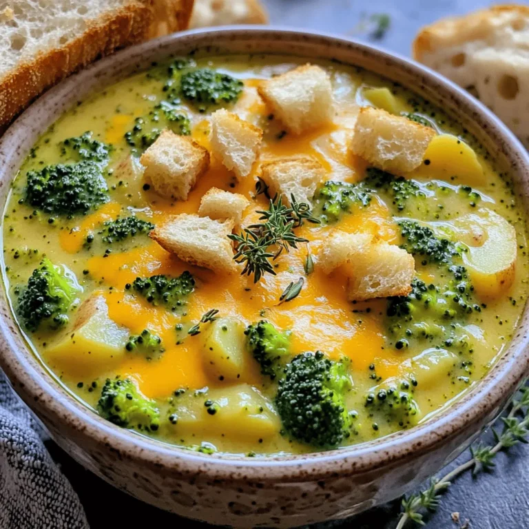 - 2 cups fresh broccoli florets - 3 medium-sized russet potatoes, peeled and diced into 1-inch cubes - 1 cup sharp cheddar cheese, freshly grated - 1 medium yellow onion, finely chopped - 2 cloves garlic, minced - 4 cups vegetable broth (preferably low-sodium) - 1 cup milk (or your favorite non-dairy alternative, such as almond or oat milk) - 1 tablespoon extra-virgin olive oil - 1 teaspoon dried thyme (or 1 tablespoon fresh thyme) - Salt and freshly ground pepper, to taste - Optional: Croutons and additional cheese for garnish You can switch out some ingredients if you need to. For the cheese, try gouda or mozzarella. Instead of russet potatoes, use Yukon gold or red potatoes for a different flavor. If you’re out of broccoli, cauliflower can work too. You can also use low-fat milk or any plant-based milk for a lighter soup. Fresh ingredients make the best soup. Look for bright green broccoli without any yellow spots. Choose potatoes that are firm and smooth, with no blemishes. Use sharp cheddar for more flavor; it melts well too. If you can, buy organic vegetables for the best taste and quality. Always check the expiration date on your broth and milk to ensure freshness. Start by gathering all your ingredients. Wash the broccoli and cut it into small florets. Peel the potatoes and dice them into 1-inch cubes. Chop the onion finely, and mince the garlic. Having everything ready makes cooking smooth and easy. Heat the olive oil in a large pot over medium heat. Once it’s hot, add the chopped onion and minced garlic. Stir them for about five minutes until the onion is soft and clear. This step builds a strong base for your soup. Next, add the diced potatoes to the pot. Stir for two to three minutes to coat them with the onion and garlic mix. This helps the flavors blend well. Now, pour in the vegetable broth. Turn the heat up to bring it to a gentle boil. Once it boils, lower the heat and let it simmer for 15 to 20 minutes. Check if the potatoes are soft enough to pierce with a fork. After that, stir in the broccoli florets and thyme. Cook for another five to seven minutes. The broccoli should be bright green and tender but still a bit crisp. Remove the pot from heat. Use an immersion blender to blend the soup until it’s as smooth as you like. If you prefer some chunks, blend half of it and mix it back with the unblended part. Put the pot back on low heat. Pour in the milk and stir to mix. Gradually add the grated cheddar cheese while stirring. Keep mixing until the cheese melts and the soup becomes creamy. Finally, season with salt and ground pepper to taste. For a fun twist, add a pinch of nutmeg or smoked paprika. Stir everything well and let the soup simmer for another three to five minutes. This step lets all the flavors come together beautifully. To boost the taste of your soup, use fresh herbs. Fresh thyme adds a bright touch. You can also try adding a pinch of nutmeg or smoked paprika. These spices give a warm, rich flavor. For a twist, mix in a spoonful of Dijon mustard. It adds a nice tang. If you love garlic, sauté more cloves for a stronger taste. Always taste your soup before serving. Adjust salt and pepper as needed. For a creamier soup, add more cheese. Try using a mix of sharp and mild cheddar. If you want it extra rich, add a splash of heavy cream or more milk. For a lighter option, use less milk or choose a non-dairy milk. Almond or oat milk works well. Blend the soup longer if you want it very smooth. You can make this soup a day ahead. It tastes even better after sitting overnight. Store it in an airtight container in the fridge. When ready to eat, reheat gently on the stove. Stir often to prevent sticking. If it thickens too much, add a splash of broth or milk. Enjoy your creamy soup warm with fresh bread! {{image_4}} You can make this soup vegan and dairy-free easily. Use plant-based milk, like almond or oat milk, instead of regular milk. Swap the cheddar cheese with a dairy-free cheese. Nutritional yeast is a great option too. It adds a cheesy taste without dairy. These changes keep the soup tasty and creamy. Feel free to add more veggies to this soup. Carrots, cauliflower, or peas work well. Chop them small and add them with the potatoes. This boosts the nutrition and flavor. You can also mix in cooked quinoa or rice for added texture. Try adding some spinach for a pop of color and nutrients. While sharp cheddar is classic, you can experiment with other cheeses. Gruyère or Monterey Jack add great flavor. For a tangy twist, try using feta cheese. Just remember to adjust the amount since different cheeses melt differently. Blend in your choice of cheese slowly to find that perfect creamy texture. You can store leftover soup in the fridge. Use an airtight container. The soup stays good for up to three days. Before you store it, let it cool down. This helps keep the soup fresh and tasty. To freeze the soup, use a freezer-safe container. Leave some space at the top. This space allows the soup to expand as it freezes. The soup can last for up to three months in the freezer. When you’re ready to eat, thaw it in the fridge overnight. Reheat your soup on the stove for the best taste. Pour it into a pot over medium heat. Stir it often to avoid sticking. You can also use a microwave. Heat in short bursts, stirring in between. If the soup is too thick, add a splash of milk or broth. This helps bring back its creamy texture. You can serve this soup with many tasty sides. Here are some great ideas: - Crusty bread, perfect for dipping - Simple green salad for freshness - Grilled cheese sandwiches for extra comfort - Crispy croutons for a nice crunch - A sprinkle of extra cheddar on top Each option adds fun and flavor. Choose what you love most! Yes, you can use frozen broccoli. It works well and saves time. Just add it to the soup while cooking. Frozen broccoli cooks faster than fresh. Keep an eye on the cooking time. You want it bright green and tender. If your soup is too thin, here are a few ways to fix it: - Add more potatoes and let them cook down - Mix in some cornstarch or flour with water, then stir it in - Blend more of the soup to create a thicker base Each method will help you reach your desired thickness. Adjust to your taste! In this post, I covered the key ingredients for making Broccoli Cheddar Potato Soup. I shared tips on ingredient substitutes and how to choose quality items. I also provided simple step-by-step instructions for preparation and cooking. Enhancing flavor and adjusting creaminess can take your soup to the next level. Consider variations for vegan and dairy-free options as well. Finally, I included storage and reheating tips to keep your soup fresh. With these insights, you can create a delicious soup that everyone will love!