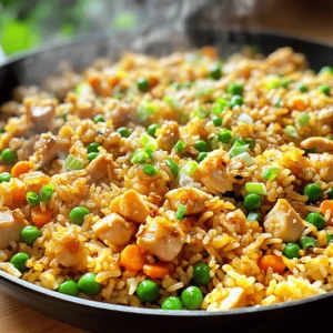 - 2 cups cooked jasmine rice (day-old preferred) - 1 cup chicken breast, diced into small cubes - 4 cloves garlic, minced finely - 2 large eggs, lightly beaten - 1 cup mixed peas and carrots - 3 green onions, chopped (separate the whites from the greens) - 3 tablespoons soy sauce - 1 tablespoon oyster sauce (optional, for added depth) - 1 teaspoon sesame oil - 1 teaspoon ground black pepper - Salt, to taste - 2 tablespoons vegetable oil (for frying) To make crispy garlic chicken fried rice, you need simple yet flavorful ingredients. First, use day-old jasmine rice. This rice has a better texture. Fresh rice can be sticky and clump together. Next, you will need chicken breast. Dice it into small cubes for even cooking. Garlic adds a strong flavor. Use four cloves, minced finely for the best taste. Eggs are key too. They add richness and protein. Lightly beat two large eggs before cooking. Mixed peas and carrots bring color and nutrients. Green onions add a fresh crunch. Chop three onions, separating the whites from the greens. For flavor, use soy sauce and optional oyster sauce. These sauces deepen the taste. A drizzle of sesame oil rounds it out. Finally, you need black pepper and salt to season your dish. You will use vegetable oil for frying. This oil has a high smoke point, perfect for stir-frying. With these ingredients, you can create a delicious and satisfying meal! First, heat 1 tablespoon of vegetable oil in a large skillet over medium-high heat. This will help cook the chicken evenly. Next, add the diced chicken breast to the hot oil. Season it with a pinch of salt and ground black pepper. Sauté the chicken for about 5 to 7 minutes. Stir occasionally until the chicken turns golden brown and is fully cooked. Once done, remove the chicken from the skillet and set it aside on a plate. In the same skillet, add another tablespoon of vegetable oil. When the oil is hot, add the minced garlic. Sauté it for about 30 seconds. You want to cook it until it becomes fragrant. Be careful not to burn the garlic, as this can ruin the flavor. Pour the lightly beaten eggs into the skillet with the garlic. Let them cook without stirring for a few seconds. Once the edges start to set, scramble the eggs until they are fully cooked. Mix them in well with the garlic. Now, toss in the mixed peas and carrots. Stir-fry them for about 2 to 3 minutes. You want the vegetables to be tender but still crisp. This adds great color and texture to your dish. Next, add the cooked jasmine rice to the skillet. Break up any clumps gently with a spatula. Stir-fry the rice with the vegetable mixture for about 3 to 4 minutes. This will warm the rice and help it get a bit crispy at the bottom. Return the cooked chicken to the skillet. Add the soy sauce and oyster sauce for extra flavor. Drizzle some sesame oil over the top. Mix everything well, ensuring the rice, chicken, and vegetables are evenly coated in the sauces. Stir in the white parts of the chopped green onions. This adds a nice crunch and flavor. Taste the fried rice and adjust the seasoning with more salt or soy sauce if needed. Plate the hot fried rice in a large bowl or on a platter. Garnish it generously with the green onion greens on top for that fresh finish. You can also serve lime wedges on the side for a zesty touch. - Use day-old rice: Day-old rice works best for fried rice. It dries out a bit in the fridge. This helps the grains stay separate and get crispy. Fresh rice can be too soft and sticky. - Achieve perfect crispness: To get the best crispiness, make sure your pan is hot. Use enough oil to coat the bottom. After adding the rice, let it sit undisturbed for a minute. This allows it to crisp up nicely. - Overcooking the garlic: Garlic adds great flavor, but it cooks fast. Sauté it for only 30 seconds. If it turns dark, it will taste bitter. - Not preheating the oil: Always preheat your oil before adding ingredients. This helps them cook evenly. If the oil isn’t hot, the food can become soggy. - Additional sauce options: You can try adding teriyaki sauce for a sweet touch. Hoisin sauce also adds a nice flavor. Just be careful not to use too much; it can make the dish too salty. - Suggested spices: For extra flavor, add a pinch of chili flakes for heat. You can also sprinkle some garlic powder or onion powder for depth. {{image_4}} You can easily change the protein in this dish. Shrimp adds a nice texture. Tofu is a great choice for a vegan option. If you have leftover proteins like beef or pork, those work too. Just chop them into small pieces and toss them in. This way, you avoid wasting food and create your own twist on the dish. Feel free to mix in seasonal vegetables for a fresh touch. Bell peppers bring color and sweetness. Broccoli adds a nice crunch and extra nutrition. Just chop them small and add them when you sauté the garlic. You can use whatever veggies you enjoy or have on hand. This makes the dish more fun and healthy. If you need gluten-free options, swap regular soy sauce for tamari. This keeps the flavor without the gluten. For a vegan version, skip the eggs and use tofu or chickpeas. You can also add more veggies to keep it hearty. These small changes make the dish fit your diet while keeping it delicious. To keep your crispy garlic chicken fried rice fresh, cool it first. Once cooled, place it in an airtight container. Make sure the lid fits tightly to block air. Store the container in the fridge. It stays good for about three to four days. For reheating, the best method is to use a skillet. Heat it over medium heat. Add a splash of water or broth to keep it moist. Stir often to avoid sticking. This helps keep the rice fluffy and prevents drying out. You can also use the microwave. Just cover it loosely with a microwave-safe lid or wrap. Heat in short intervals, stirring in between. You can freeze this fried rice for longer storage. Portion it into freezer-safe bags or containers. Remove as much air as possible before sealing. It can last for up to three months in the freezer. When you’re ready to eat it, thaw it overnight in the fridge. Reheat it in a skillet as mentioned before, or use the microwave. Add a little water if needed for moisture. Jasmine rice is the best choice for fried rice. It has a lovely aroma and a soft texture. Day-old jasmine rice works even better. This rice is less sticky and holds its shape well when you fry it. The grains separate nicely, creating a great base for your dish. Yes, you can make it without eggs. Use tofu or chickpeas as a protein swap. Both options add protein and flavor. You can also add more veggies for texture. Try using mushrooms or bell peppers for a tasty twist. This dish is not very spicy. The garlic and soy sauce give it a nice flavor. If you want more heat, add some crushed red pepper or sriracha. You can adjust the spice level to suit your taste. Start with a little and add more if you like it spicier. To prevent sticky rice, make sure to use day-old rice. Fresh rice can be too moist. When frying, break up any clumps gently. Keep the heat high while stirring. This helps the rice crisp up and stay separate. You can serve this dish with various sides. A simple cucumber salad adds freshness. You might enjoy some spring rolls for crunch. Pair it with a light soup for warmth. For drinks, try iced tea or a light beer. In this post, we explored the ingredients and steps to make tasty crispy garlic chicken fried rice. We covered everything from using day-old jasmine rice to sautéing chicken and mixing in vegetables. Remember to avoid common mistakes for the best results. Experiment with proteins and veggies to make this dish your own. Proper storage ensures your leftovers stay fresh, and reheating tips will keep the rice perfect. Enjoy your cooking, and share this recipe with friends for a delicious meal!