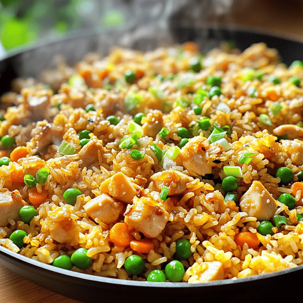 - 2 cups cooked jasmine rice (day-old preferred) - 1 cup chicken breast, diced into small cubes - 4 cloves garlic, minced finely - 2 large eggs, lightly beaten - 1 cup mixed peas and carrots - 3 green onions, chopped (separate the whites from the greens) - 3 tablespoons soy sauce - 1 tablespoon oyster sauce (optional, for added depth) - 1 teaspoon sesame oil - 1 teaspoon ground black pepper - Salt, to taste - 2 tablespoons vegetable oil (for frying) To make crispy garlic chicken fried rice, you need simple yet flavorful ingredients. First, use day-old jasmine rice. This rice has a better texture. Fresh rice can be sticky and clump together. Next, you will need chicken breast. Dice it into small cubes for even cooking. Garlic adds a strong flavor. Use four cloves, minced finely for the best taste. Eggs are key too. They add richness and protein. Lightly beat two large eggs before cooking. Mixed peas and carrots bring color and nutrients. Green onions add a fresh crunch. Chop three onions, separating the whites from the greens. For flavor, use soy sauce and optional oyster sauce. These sauces deepen the taste. A drizzle of sesame oil rounds it out. Finally, you need black pepper and salt to season your dish. You will use vegetable oil for frying. This oil has a high smoke point, perfect for stir-frying. With these ingredients, you can create a delicious and satisfying meal! First, heat 1 tablespoon of vegetable oil in a large skillet over medium-high heat. This will help cook the chicken evenly. Next, add the diced chicken breast to the hot oil. Season it with a pinch of salt and ground black pepper. Sauté the chicken for about 5 to 7 minutes. Stir occasionally until the chicken turns golden brown and is fully cooked. Once done, remove the chicken from the skillet and set it aside on a plate. In the same skillet, add another tablespoon of vegetable oil. When the oil is hot, add the minced garlic. Sauté it for about 30 seconds. You want to cook it until it becomes fragrant. Be careful not to burn the garlic, as this can ruin the flavor. Pour the lightly beaten eggs into the skillet with the garlic. Let them cook without stirring for a few seconds. Once the edges start to set, scramble the eggs until they are fully cooked. Mix them in well with the garlic. Now, toss in the mixed peas and carrots. Stir-fry them for about 2 to 3 minutes. You want the vegetables to be tender but still crisp. This adds great color and texture to your dish. Next, add the cooked jasmine rice to the skillet. Break up any clumps gently with a spatula. Stir-fry the rice with the vegetable mixture for about 3 to 4 minutes. This will warm the rice and help it get a bit crispy at the bottom. Return the cooked chicken to the skillet. Add the soy sauce and oyster sauce for extra flavor. Drizzle some sesame oil over the top. Mix everything well, ensuring the rice, chicken, and vegetables are evenly coated in the sauces. Stir in the white parts of the chopped green onions. This adds a nice crunch and flavor. Taste the fried rice and adjust the seasoning with more salt or soy sauce if needed. Plate the hot fried rice in a large bowl or on a platter. Garnish it generously with the green onion greens on top for that fresh finish. You can also serve lime wedges on the side for a zesty touch. - Use day-old rice: Day-old rice works best for fried rice. It dries out a bit in the fridge. This helps the grains stay separate and get crispy. Fresh rice can be too soft and sticky. - Achieve perfect crispness: To get the best crispiness, make sure your pan is hot. Use enough oil to coat the bottom. After adding the rice, let it sit undisturbed for a minute. This allows it to crisp up nicely. - Overcooking the garlic: Garlic adds great flavor, but it cooks fast. Sauté it for only 30 seconds. If it turns dark, it will taste bitter. - Not preheating the oil: Always preheat your oil before adding ingredients. This helps them cook evenly. If the oil isn’t hot, the food can become soggy. - Additional sauce options: You can try adding teriyaki sauce for a sweet touch. Hoisin sauce also adds a nice flavor. Just be careful not to use too much; it can make the dish too salty. - Suggested spices: For extra flavor, add a pinch of chili flakes for heat. You can also sprinkle some garlic powder or onion powder for depth. {{image_4}} You can easily change the protein in this dish. Shrimp adds a nice texture. Tofu is a great choice for a vegan option. If you have leftover proteins like beef or pork, those work too. Just chop them into small pieces and toss them in. This way, you avoid wasting food and create your own twist on the dish. Feel free to mix in seasonal vegetables for a fresh touch. Bell peppers bring color and sweetness. Broccoli adds a nice crunch and extra nutrition. Just chop them small and add them when you sauté the garlic. You can use whatever veggies you enjoy or have on hand. This makes the dish more fun and healthy. If you need gluten-free options, swap regular soy sauce for tamari. This keeps the flavor without the gluten. For a vegan version, skip the eggs and use tofu or chickpeas. You can also add more veggies to keep it hearty. These small changes make the dish fit your diet while keeping it delicious. To keep your crispy garlic chicken fried rice fresh, cool it first. Once cooled, place it in an airtight container. Make sure the lid fits tightly to block air. Store the container in the fridge. It stays good for about three to four days. For reheating, the best method is to use a skillet. Heat it over medium heat. Add a splash of water or broth to keep it moist. Stir often to avoid sticking. This helps keep the rice fluffy and prevents drying out. You can also use the microwave. Just cover it loosely with a microwave-safe lid or wrap. Heat in short intervals, stirring in between. You can freeze this fried rice for longer storage. Portion it into freezer-safe bags or containers. Remove as much air as possible before sealing. It can last for up to three months in the freezer. When you’re ready to eat it, thaw it overnight in the fridge. Reheat it in a skillet as mentioned before, or use the microwave. Add a little water if needed for moisture. Jasmine rice is the best choice for fried rice. It has a lovely aroma and a soft texture. Day-old jasmine rice works even better. This rice is less sticky and holds its shape well when you fry it. The grains separate nicely, creating a great base for your dish. Yes, you can make it without eggs. Use tofu or chickpeas as a protein swap. Both options add protein and flavor. You can also add more veggies for texture. Try using mushrooms or bell peppers for a tasty twist. This dish is not very spicy. The garlic and soy sauce give it a nice flavor. If you want more heat, add some crushed red pepper or sriracha. You can adjust the spice level to suit your taste. Start with a little and add more if you like it spicier. To prevent sticky rice, make sure to use day-old rice. Fresh rice can be too moist. When frying, break up any clumps gently. Keep the heat high while stirring. This helps the rice crisp up and stay separate. You can serve this dish with various sides. A simple cucumber salad adds freshness. You might enjoy some spring rolls for crunch. Pair it with a light soup for warmth. For drinks, try iced tea or a light beer. In this post, we explored the ingredients and steps to make tasty crispy garlic chicken fried rice. We covered everything from using day-old jasmine rice to sautéing chicken and mixing in vegetables. Remember to avoid common mistakes for the best results. Experiment with proteins and veggies to make this dish your own. Proper storage ensures your leftovers stay fresh, and reheating tips will keep the rice perfect. Enjoy your cooking, and share this recipe with friends for a delicious meal!