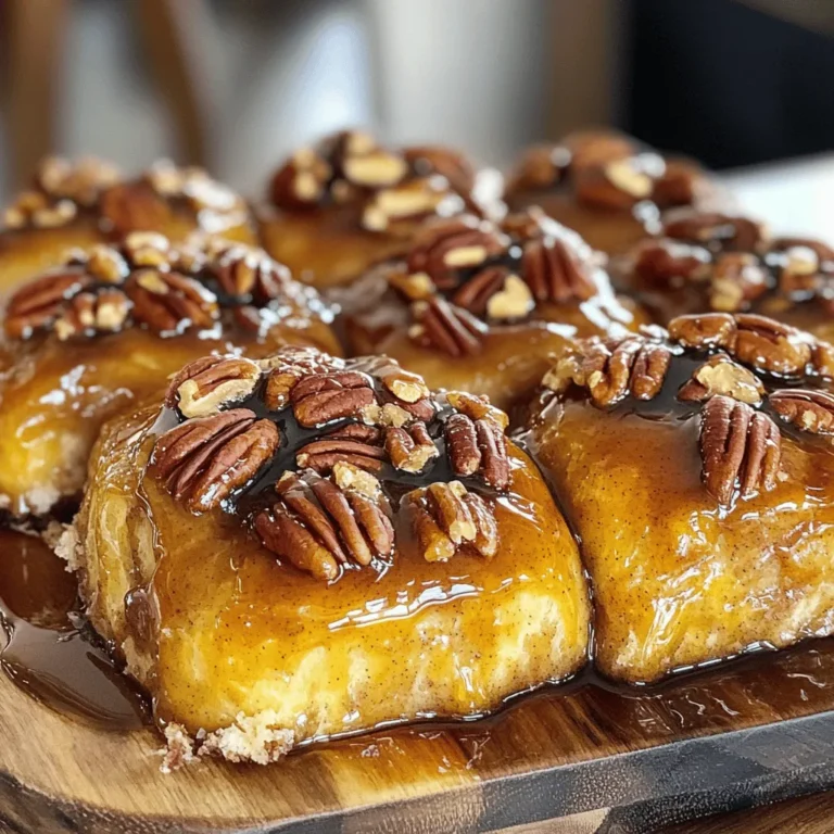 - 2 cups all-purpose flour, plus extra for dusting - 1/2 cup milk, warmed - 1/4 cup granulated sugar - 1/4 cup unsalted butter, melted - 1 package (2 1/4 teaspoons) active dry yeast - 1 large egg, at room temperature - 1/2 teaspoon salt - 1 cup pecans, chopped - 1/2 cup packed brown sugar - 1/4 cup pure maple syrup, plus more for drizzling - 1 teaspoon ground cinnamon - 1 tablespoon vanilla extract To make Maple Pecan Sticky Buns, you need a few key tools: - Mixing bowls - Whisk - Rolling pin - Sharp knife - Baking dish - Damp cloth or plastic wrap When picking your ingredients, freshness is key. Use: - Fresh yeast for better rise. - Pure maple syrup for rich flavor. - High-quality butter for a tender texture. - Raw pecans for a nutty crunch. Always check dates on dairy and dry goods. Fresh ingredients make a big difference! To start, we need to wake up the yeast. In a small bowl, mix the warm milk with granulated sugar and active dry yeast. Let it sit for about five minutes. You will see bubbles form. This means the yeast is ready to work its magic. Next, grab a large mixing bowl. Whisk together one cup of all-purpose flour and salt. Create a well in the center. Pour in the melted butter, the room temperature egg, and your frothy yeast mixture. Stir gently until everything comes together. Now it’s time to knead. Slowly add the remaining cup of flour, mixing until a soft dough forms. Lightly dust a clean surface with flour. Knead the dough for about five to seven minutes. It should feel smooth and elastic. Then, place it in a greased bowl. Cover it with a damp cloth and let it rise in a warm spot for about one hour. While the dough rises, let's make the filling. In a small bowl, mix packed brown sugar, ground cinnamon, chopped pecans, and vanilla extract. Stir well and set it aside. This mix will give the buns a sweet, nutty flavor. After the dough has risen, punch it down gently. On a floured surface, roll it into a rectangle about a quarter inch thick. Pour warm maple syrup over the dough. Evenly sprinkle the sugar and pecan mixture on top. Now, starting from the longer side, tightly roll the dough into a log. Cut the log into 10 to 12 equal pieces. Place the cut pieces, cut-side up, in a greased baking dish. Ensure the sticky filling is facing down. Cover the dish with a cloth and let them rise for another 30 minutes. While they rise, preheat your oven to 350°F (175°C). Bake the buns for 25 to 30 minutes. They should be golden brown and fluffy in the center. Once baked, take the buns out and let them cool for a few minutes in the pan. Carefully invert the pan onto a serving platter. Watch the sticky syrup and pecans flow over the buns. Serve them warm, with extra chopped pecans and a drizzle of maple syrup for a special touch. Enjoy! Baking can be tricky. Here are some common mistakes to watch for: - Not using warm milk: This is key to activating the yeast. - Skipping the first rise: Letting the dough rise helps it become fluffy. - Over-kneading the dough: Knead just until smooth. Too much makes it tough. - Not measuring ingredients properly: Use a scale or measuring cups for accuracy. To get that soft and airy texture, focus on these tips: - Use room temperature ingredients: This helps mix evenly and rise better. - Knead just the right amount: About 5-7 minutes is perfect for elasticity. - Let the dough rise in a warm place: A warm spot allows the yeast to work well. - Check for the right dough feel: It should be soft and slightly sticky. These sticky buns shine when served fresh and warm. Here are some ideas: - Drizzle with extra maple syrup: This adds sweetness and a lovely shine. - Sprinkle with chopped pecans: This gives a nice crunch and flavor boost. - Pair with coffee or tea: A hot drink complements the sweet, sticky flavor. - Serve with whipped cream: This adds a rich, creamy touch to each bite. {{image_4}} You can switch up the filling for your sticky buns. Try chocolate chips for a rich twist. Chopped fruits, like apples or berries, add freshness. Mix and match your favorites for fun flavors. You can even blend chocolate and fruit together for a special treat. To make these buns gluten-free, use a 1:1 gluten-free flour blend. For a vegan version, swap the milk for almond milk and use a flax egg instead of a regular egg. Replace the butter with coconut oil or vegan butter. These changes keep the taste great while meeting dietary needs. Spices can elevate your sticky buns. Add a pinch of nutmeg or cardamom for warmth. You could even toss in a splash of almond or maple extract for deeper flavor. Experiment with what you enjoy most. Each tweak will bring its own charm to your breakfast treat. To store your leftover buns, place them in an airtight container. This keeps them fresh. You can also wrap them tightly in plastic wrap. Store at room temperature for up to three days. If you want to keep them longer, consider freezing. You can freeze these buns for later enjoyment. Once they cool completely, wrap each bun tightly in plastic wrap. Then, place them in a freezer bag. Make sure to remove as much air as possible. They can last up to three months in the freezer. To reheat your sticky buns, remove them from the fridge or freezer. If frozen, let them thaw overnight in the fridge first. You can warm them in the oven at 350°F (175°C) for about 10-15 minutes. This keeps them soft and gooey. For extra flavor, drizzle a bit of maple syrup on top before serving. Enjoy the warm, sticky goodness! Yes, you can make the dough ahead. Prepare the dough and let it rise. After the first rise, cover it tightly with plastic wrap. Store it in the fridge overnight. When you're ready, let it warm up before shaping the buns. If you don’t have maple syrup, you can use honey or agave syrup. Both will give a nice sweetness. You might lose some maple flavor, but they will still taste good. These buns stay fresh for about 2 days at room temperature. To keep them longer, store them in the fridge for up to a week. Just make sure to cover them well so they don't dry out. Absolutely! You can use walnuts or almonds if you prefer. Both will add a nice crunch and flavor. Just chop them up like the pecans. Coffee and tea are perfect with these sticky buns. You could also try a glass of milk or a light juice. These drinks balance the sweetness and enhance the flavors. In this post, we explored making delicious Maple Pecan Sticky Buns. We covered the main ingredients, equipment, and tips for quality choices. Step-by-step instructions guided you from activating yeast to baking and serving. You learned tips for perfect texture and common mistakes to avoid. Plus, we shared fun variations and storage tips. Baking these buns can be fun and rewarding. With practice, you’ll create tasty treats every time! Enjoy your baking journey!