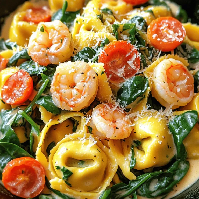 - 12 oz cheese tortellini - 1 lb shrimp, peeled and deveined - 2 cups fresh spinach, packed - 1 cup heavy cream - 1 cup chicken broth To make creamy shrimp spinach tortellini, you need some key items. Cheese tortellini gives us a soft base. Shrimp adds a nice protein. Fresh spinach brings color and health. Heavy cream makes the dish rich and smooth. Chicken broth gives flavor and depth. - 2 cloves garlic, finely minced - 1 cup cherry tomatoes, halved - 1 teaspoon Italian seasoning - 1 tablespoon extra virgin olive oil - Freshly grated Parmesan cheese, for garnish Seasonings make the dish shine. Garlic gives a strong, savory taste. Cherry tomatoes add sweetness and a pop of color. Italian seasoning brings warmth and depth. Extra virgin olive oil adds richness. Finally, Parmesan cheese is the best topping for a creamy finish. Each of these ingredients works together to create a dish that is not just tasty but also bright and colorful. When you gather these items, you set the stage for a delightful meal that is both comforting and satisfying. - First, bring a large pot of salted water to a boil. - Once boiling, add 12 ounces of cheese tortellini. - Cook them for about 3 to 5 minutes until they float. - Drain the tortellini in a colander and set aside. - While the tortellini cooks, heat 1 tablespoon of olive oil in a large skillet. - Add 2 cloves of finely minced garlic to the skillet. - Sauté the garlic for 1 minute until it smells good. - Next, add 1 pound of peeled and deveined shrimp. - Season with salt, black pepper, and 1 teaspoon of Italian seasoning. - Cook the shrimp for 2 to 3 minutes until they turn pink and opaque. - Now, add 1 cup of halved cherry tomatoes to the skillet. - Stir gently and cook for another 2 minutes until the tomatoes soften. - Carefully pour in 1 cup of chicken broth and let it simmer. - After simmering, add 1 cup of heavy cream and stir well. - Allow the sauce to thicken for about 5 minutes. - Add 2 cups of fresh spinach to the skillet, stirring until it wilts. - Gently fold in the cooked tortellini, coating each piece well. - Use a spatula to mix everything together carefully. - Taste your dish and adjust seasoning with more salt and pepper if needed. - Serve the creamy shrimp spinach tortellini hot, garnished with fresh Parmesan cheese. To boost the taste of creamy shrimp spinach tortellini, try adding more garlic or Italian seasoning. You can also mix in a squeeze of fresh lemon juice for brightness. Tasting your dish as you cook is very important. This way, you can adjust the salt and pepper to fit your liking. Don't be afraid to experiment! For a lovely look, plate the tortellini in shallow bowls. Sprinkle extra grated Parmesan cheese on top, and add a few fresh spinach leaves for color. A light drizzle of olive oil adds shine and flavor. Your dish will not only taste great but also look stunning! Use medium heat when cooking shrimp to get them just right. This way, they cook evenly without burning. Cook shrimp until they turn pink and opaque, which takes about 2-3 minutes. Overcooking shrimp can make them tough and chewy. Keep an eye on them to ensure they stay tender. {{image_4}} You can mix in different greens to switch things up. Kale or arugula can add a nice bite. These greens cook well and fit into the creamy sauce. You can also try bell peppers or zucchini for more color and crunch. Just chop them up and toss them in along with the shrimp. If you want to swap shrimp, chicken works great too. Simply cube the chicken and cook it the same way as the shrimp. Tofu is a good option for a plant-based meal. It absorbs flavors well and adds protein. For seafood lovers, try scallops or crab. Both bring their unique taste and texture to the dish. You can play with different sauces for a new twist. Alfredo sauce can give a rich flavor, while pesto adds a fresh herb taste. Don't forget to try new herbs, like basil or dill. They can brighten up the dish and add depth. Experimenting with these options makes your creamy shrimp spinach tortellini even more fun! Store leftover creamy shrimp spinach tortellini in an airtight container. This keeps the dish fresh for up to three days. Make sure to let it cool before sealing. Keep it in the fridge right after serving. This prevents bacteria growth and keeps flavors intact. To reheat, use the stove or microwave. If using the stove, add a splash of chicken broth or cream. This helps restore the creamy texture. Stir gently to warm it evenly. If using the microwave, heat in short bursts. Stir in between to avoid hot spots. To freeze creamy shrimp spinach tortellini, use a freezer-safe container. Ensure the dish cools completely first. Freeze it for up to three months. Label the container with the date for easy tracking. When ready to eat, thaw in the fridge overnight. For reheating, use a pot on low heat. Add a little chicken broth or cream for creaminess. Stir gently until heated through. Enjoy this delightful dish even after freezing! Creamy shrimp spinach tortellini lasts about 3 to 4 days in the fridge. Store it in an airtight container. Make sure to let it cool before sealing it up. This keeps the flavors fresh. Yes, you can make this dish ahead of time. Prepare the tortellini and sauce, then store them separately. When you are ready to eat, heat the sauce and mix in the tortellini. This helps maintain the best texture. You can make this dish lighter by using low-fat cream or half-and-half instead of heavy cream. You might also swap out the cheese tortellini for whole grain or vegetable-based options. This reduces calories and adds nutrients. Yes, you can use frozen shrimp. Just make sure to thaw them before cooking. Place them in the fridge overnight or run them under cold water for a quick thaw. This keeps the shrimp tender and juicy. Pair this dish with a fresh green salad or garlic bread. A light vinaigrette complements the creamy sauce well. You can also add a glass of white wine for a perfect dinner pairing. This blog post shared a tasty recipe for creamy shrimp spinach tortellini. You learned about key ingredients like cheese tortellini, shrimp, and fresh spinach, along with simple steps to cook them. We discussed tips for enhancing flavor and presented fun variations. Remember, you can switch proteins or use different vegetables to mix things up. In the end, this dish is easy to prepare and great for any meal. Enjoy your cooking and the delicious results!